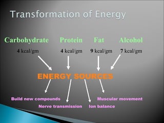 Carbohydrate       Protein           Fat         Alcohol
   4 kcal/gm           4 kcal/gm   9 kcal/gm     7 kcal/gm



           ENERGY SOURCES

 Build new compounds                  Muscular movement
           Nerve transmission      Ion balance
 