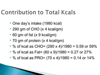  One day’s intake (1980 kcal)
 290 gm of CHO (x 4 kcal/gm)

 60 gm of fat (x 9 kcal/gm)

 70 gm of protein (x 4 kcal/gm)

 % of kcal as CHO= (290 x 4)/1980 = 0.59 or 59%

 % of kcal as Fat= (60 x 9)/1980 = 0.27 or 27%

 % of kcal as PRO= (70 x 4)/1980 = 0.14 or 14%
 
