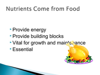  Provide   energy
 Provide building blocks
 Vital for growth and maintenance
 Essential
 
