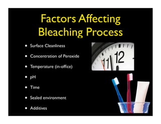 Factors Affecting
Bleaching Process
•
•
•
•
•
•
•

Surface Cleanliness
Concentration of Peroxide
Temperature (in-ofﬁce)
pH
Time
Sealed environment
Additives

 