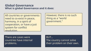 Global Governance
What is global Governance and it does:
All countries or governments
need to co-exist in peace,
harmony, in a spirit of
cooperation, or have a just
system for conflict
resolution.
However, there is no such
thing as a "world
government."
There are cases were
countries have internal
problems.
BUT…
The country cannot solve
their problem on their own.
 
