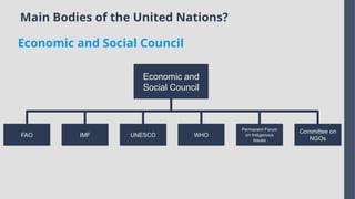Main Bodies of the United Nations?
Economic and Social Council
WHO
FAO IMF
Permanent Forum
on Indigenous
Issues
UNESCO
Committee on
NGOs
Economic and
Social Council
 