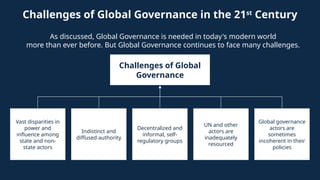 Challenges of Global Governance in the 21st
Century
As discussed, Global Governance is needed in today's modern world
more than ever before. But Global Governance continues to face many challenges.
Challenges of Global
Governance
Vast disparities in
power and
influence among
state and non-
state actors
Indistinct and
diffused authority
Decentralized and
informal, self-
regulatory groups
UN and other
actors are
inadequately
resourced
Global governance
actors are
sometimes
incoherent in their
policies
 