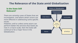 The Relevance of the State amid Globalization
Is the State Still
Relevant?
There are certainly cases of States that are
incompetent, and where others actors are
more effective in addressing some specific
issues.
However, until or unless some actors can
perform better the services that States do
now in a macro scale, then the State will
continue to be a major force in the
Globalization.
Intergovernmenta
l organizations
United Nations Civil Societies
Markets STATES
Global
Governan
ce
Actors in Globalization
 