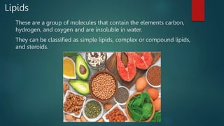 Lipids
These are a group of molecules that contain the elements carbon,
hydrogen, and oxygen and are insoluble in water.
They can be classified as simple lipids, complex or compound lipids,
and steroids.
 