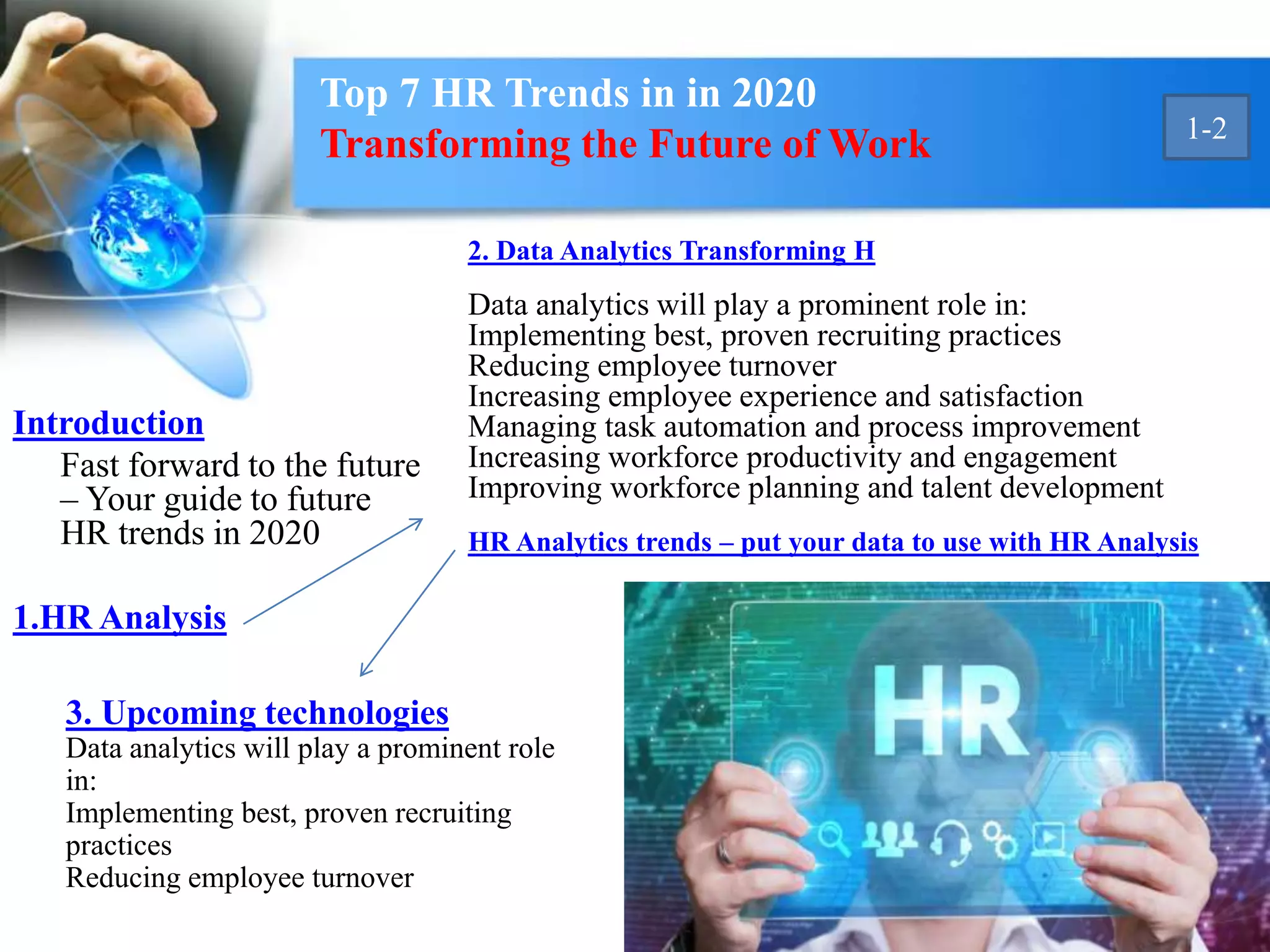 Introduction
Fast forward to the future
– Your guide to future
HR trends in 2020
1.HR Analysis
2. Data Analytics Transforming H
Data analytics will play a prominent role in:
Implementing best, proven recruiting practices
Reducing employee turnover
Increasing employee experience and satisfaction
Managing task automation and process improvement
Increasing workforce productivity and engagement
Improving workforce planning and talent development
HR Analytics trends – put your data to use with HR Analysis
3. Upcoming technologies
Data analytics will play a prominent role
in:
Implementing best, proven recruiting
practices
Reducing employee turnover
Top 7 HR Trends in in 2020
Transforming the Future of Work 1-2
 