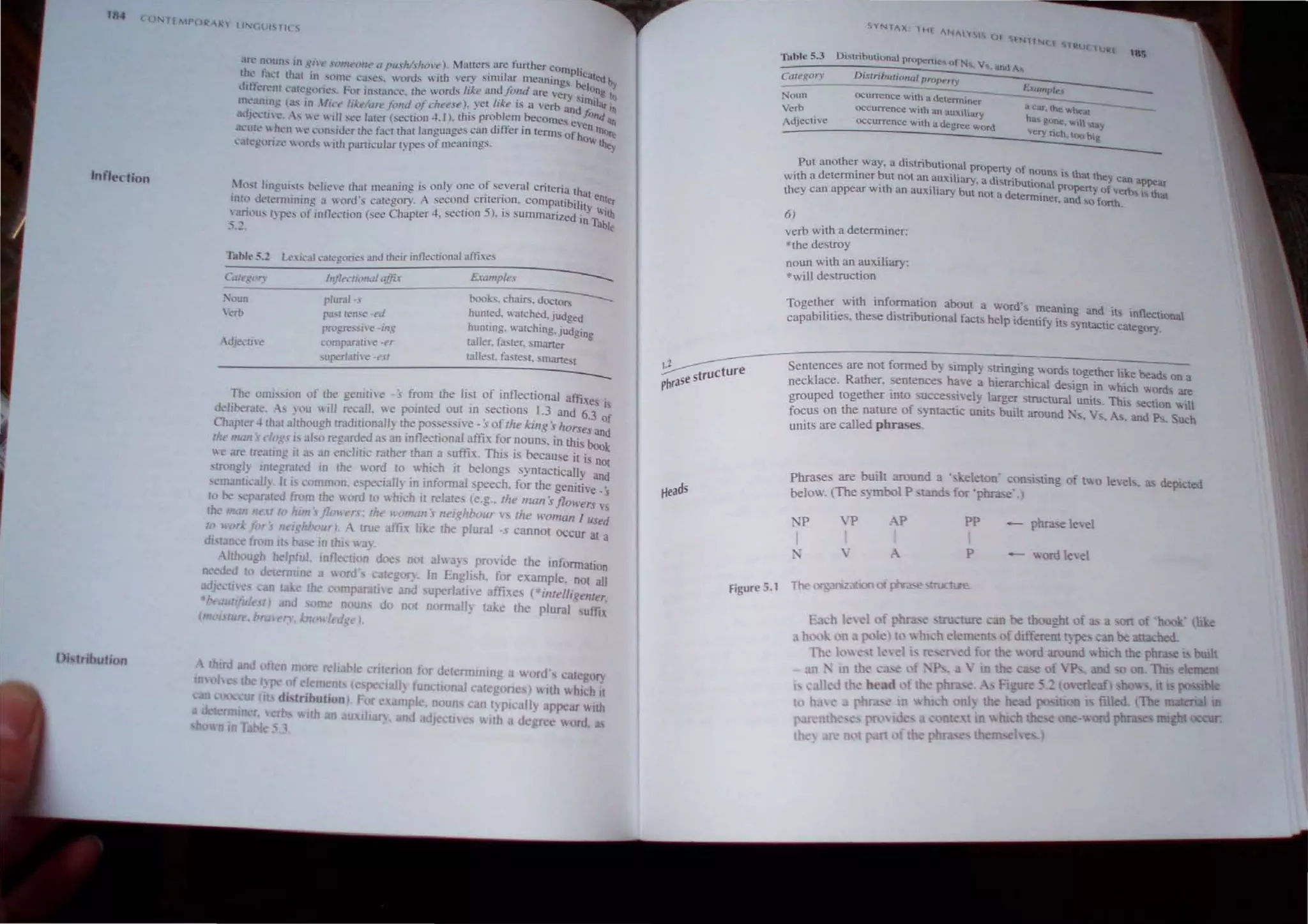 1114
'n"'e<·tion
O"lribulion
.tTl" nnun... 10 gh(~ -(""('on(' tl pu.·Jt,:,llOl'c.' l. lia((crs are fun:her cornpi
(~l'" tih..'! (h~1t in "'OIllt.' l·~)Sl·"'. won:b with ,-cr) ~imilar meanings ~1·l.Ieu by
lltt1t.'n..'n1 1.·.Ht.·g'me..... Fl)r imaan.:e. the wonh like ilndfo~'d arc very.si ~ng tl)
m~"ullnf! l~h in /ic( Iikt'li.ln' !i.md of cheese). yet like IS a verb and ;llar In
••d.ll"!I l' . . ...  l'  III ...ee later (!<ICC-LIOn "".1). this problem becomes eveonq an
d 'f" . n III
.k' Ule  hell , e cl,ln....iJer the fact (hat lan~uages .can I ler In lerrn~ of how {)re
l' atcg)r11C ON:".  ilh particular types of meanmgs. the)'
: hht lingui...l.... llelie'c thai meanine is only one of se'eraJ criteria th"'t
• . • d" . "eOle
inll) Jt·(i"nllinlO.... a word's catt:'eoT). A seeon cntenOI1., compatlbilit). . r
=- ' . . 5) ' . "'lth
jrillU'" t) pc'... of inflection (see Chapter -'", seClion , IS summanzed in TabJ
5.2 e
plu",I-,
pa:-.r ren~ -cd
pTl)gre:-;.si"e -ing
compar::J(1 e -t'r
books. chairs. dOClo;:;;-------'
hunted. watched. jUdged
huming. 'atching, jUdgine
taller. fa.'ter. , maner -
~uperl,]ti e -t.'SI (.1.IJe~l. fastesl. smanest
----------~-----------------------------
Th~ om,,';nn "f Iht' gentt; e - s from the ';~t of inflectional affixes i,
delit-er.He. A, ~ou will recall. we pointed OUI tn eCllons 1.3 and 6.3 of
Ch3ptcr -l lh31 .IJthough tr3dllionall~ the po" e.'sive - sof the king shorses and
Iht' /tum:' dugs " .tlso regarded as an inflectional affix for noun . in this book
~ = treating it 3.' an enclitic rather than a suffix. This is because it is not
'tn,"gJ~ integr3tcd m the word to whicb it belongs syntactically and
"'mantt.:alJ~. It i, common. es~ctaJly in infonnal speech. for the genithe _S
t" t-e scpar31cd from the word to whIch it relates (e.g., the man sj/Owers ",
tht' man n,xt 10 hun:,j/ollf!n: the noman nf!i~hb()ur vs the woman/used
10 IIvr~ for' n l~hbour). A true affix like the plural -s cannot OCCur at a
di IJuee (rom It- ro'-i' m tht, 13),
'tlwugh helpful. mtlechon docs not aJ ay, pronde the mfOnnation
nn-dt'll to dercrr.::".lC a ord', categoJ!. In Englhh, for e.~ample. not all
.Jdj,Yllc, can t e th~ comparallc and superlalive affixes (.mtelli~enter.
Martl/full'l) and me Doun, do not nonnall)! take the plural suffix
(flW/SIIiIl'. "ral, n, know/edgt').
third and 0 ten more reI ole ('menon for dClemllnlng a word' category
w10h the 1~1'C' of Iclllt'nrs (e pcoally !unctional c8legnncs)  IIh "hllh tl
Ur(1l1 distribution ) For elldOlpIc, noun can I) ptcalJ) UrreaT lIh
I uner,  rb 1.:11 an ~ Illl1J), and ,dj CIJC "llh a de 'n:c .ml,
n In 1: 01 5 1
t.l Iruclure
phrase s
Heads
Figure 5.1
Table 5.3
Category
N oun
Verb
Adjective
Oi"tribUlionul proptrtit.'1O ot N,. V,. 110U As
Distributional proper,}'
ocurrence Wlth a determiner
occurrence with an aUXiliary
OCcurrence With a degree word
i1 Car. the whc-;
ha, gone:, will May
very och. tho big
18;
Put another way. a distributional property of noun . h-
with a determiner but not an aUXiliary, a di~tribulion' !:l. 1S t at they ca.n appear
they can appear with an auxiliary but not a detenn'tnae Propedrty of ~etbs IS thaI
r. an ""forth.
6)
verb with a determiner:
' the destroy
noun with an auxiliary:
' wiII destruction
Together with information about a word's mearung and its i fI .
. .. th di 'b ' aI f ' " n ectlOnal
capabtbtles. ese Sin UUon acll. help tdentlfy ItS syntactic category.
Sentences are not formed by simply stringing ords together like bead, on a
necklace. Rather. sentences have a hierarchical de,ign in which "orct., are
grouped together into successively larger structural units. Thi> section"ill
focus on the narure of syntactic units built around ~s. Vs. As. and P,. Such
units are called pbrases.
phrase are built around a .ckeleton' COnsl,ling of tv.o lewis. "" depicted
below. (The symbol P >lands for ' phrase-_)
1' AP pp phrase le"el
 ' A P
 