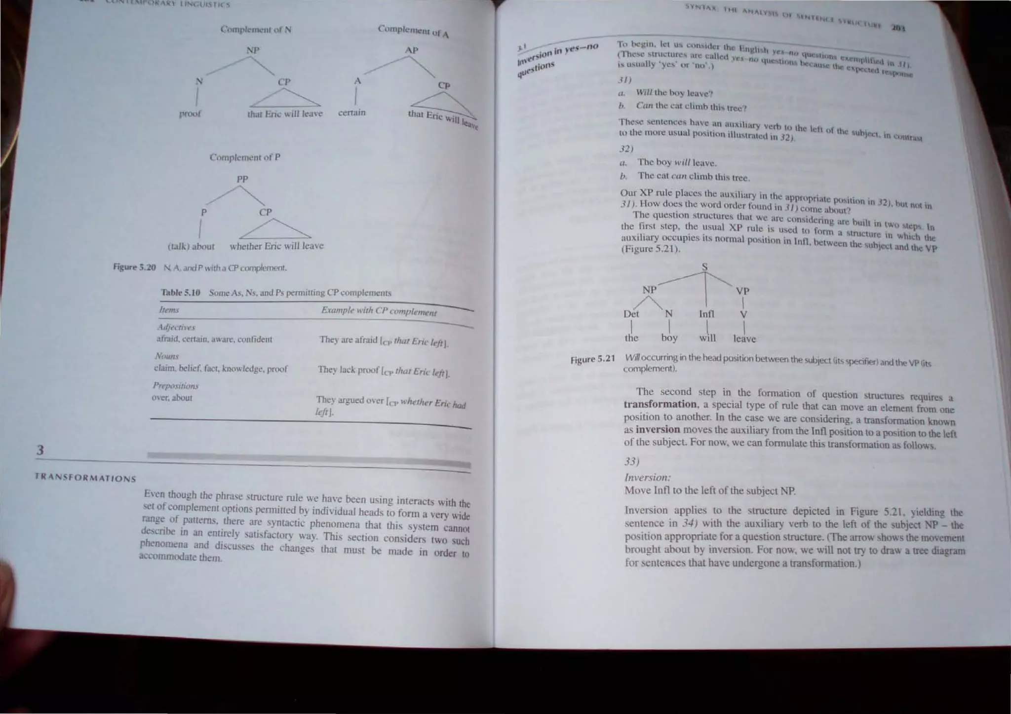 ~ rIl S
p
CP
"'- ~
Ih.u Eri~ will leave
C,)mpiemenlllf P
pp
/~
p
I
,
(Ialk) aboul
CP
~
whether Eric will 'eave
AP
.-
I
certain
figur., 5.20 "~and P "ilh a CP complement
3
lRA, SFOIIlATIONS
Thble 5.10 Some As. Ns. and p, permilting CP complements
Irons
Adjeclil'PS
afraid. certain. aware, confident
X()WIJ
claim. belief. facl. knowledge. proof
Pn!posjlions
over, 300m
Example with CP complement - - -
-
The} are afraid lee tllm Eric leli1.
They lack proof [cp tllut Eric leJiJ.
They argued o'er [eP whether Eric had
left].
E'en though the phrase structure rule we have been using interacts with the
.ct ofcomplement options pennined by individual heads to form a very wide
range of pallerns. there are syntactic phenomena that this system cannol
de. tribe in an entlrel} satisfactory way. This section considers two such
phenomena and discu ses the change that must be made in order to
acwmmodale them.
,iNTI"'IIc I
f l f l Ie,
31)
(l n'ill the buy lcave"
11. Can the cat climh thh tret'"
These sentence, ha'e an uuxlliary vcrh to the lett ui tht:
to the more usual POsillOn illw..tnttclllll 32). tn] t: lO :lIn"~ t
32)
tI. The boy lI'il/ leave.
b. The cat call climb this trcc.
Our XP rule place, the auxiliary in the appropriate p<ISll1nn In 32). hut n,,1 In
31). How does the word order found 0 31) C()mc about'!
The question structures thaI we. arc considering are built 10 tW() tePli. In
the first step. the usual XP rule Is uscd to form a structure 10 which th
auxiliary occupies its normal posillon in Infl. between the ,ubject and Ihe v~
(Figure 5.21).
S
NP~VP
A 1 
Det N Jnn V
I I I I
the boy will leave
Figure 5.21 Will occurring in the head position between the subject (its specifier) and the VP (its
complement).
The second step in the formation of question structures requires a
transformation, a special type of rule that can move an element from one
position to another. In the case we are considering. a transformation known
as inversion moves the aux.iliary from the lnfl position to a position to the left
of the subject. For now, we can formulate this transformation as follows.
33)
inversion:
Move Infl to the left of the subject NP.
Inversion applies to the structure depicted in Figure 5.2 L yiel~ing the
sentence in 34) with the auxiliary verb to the left of the subject :-;P - the
position appropriate for a question structure.(The arrow shows ~e movement
brought about by inversion. For now. we WIll not try to dra.... a tree dIagram
for ~enteHces that have undergone a transformatJon.)
 