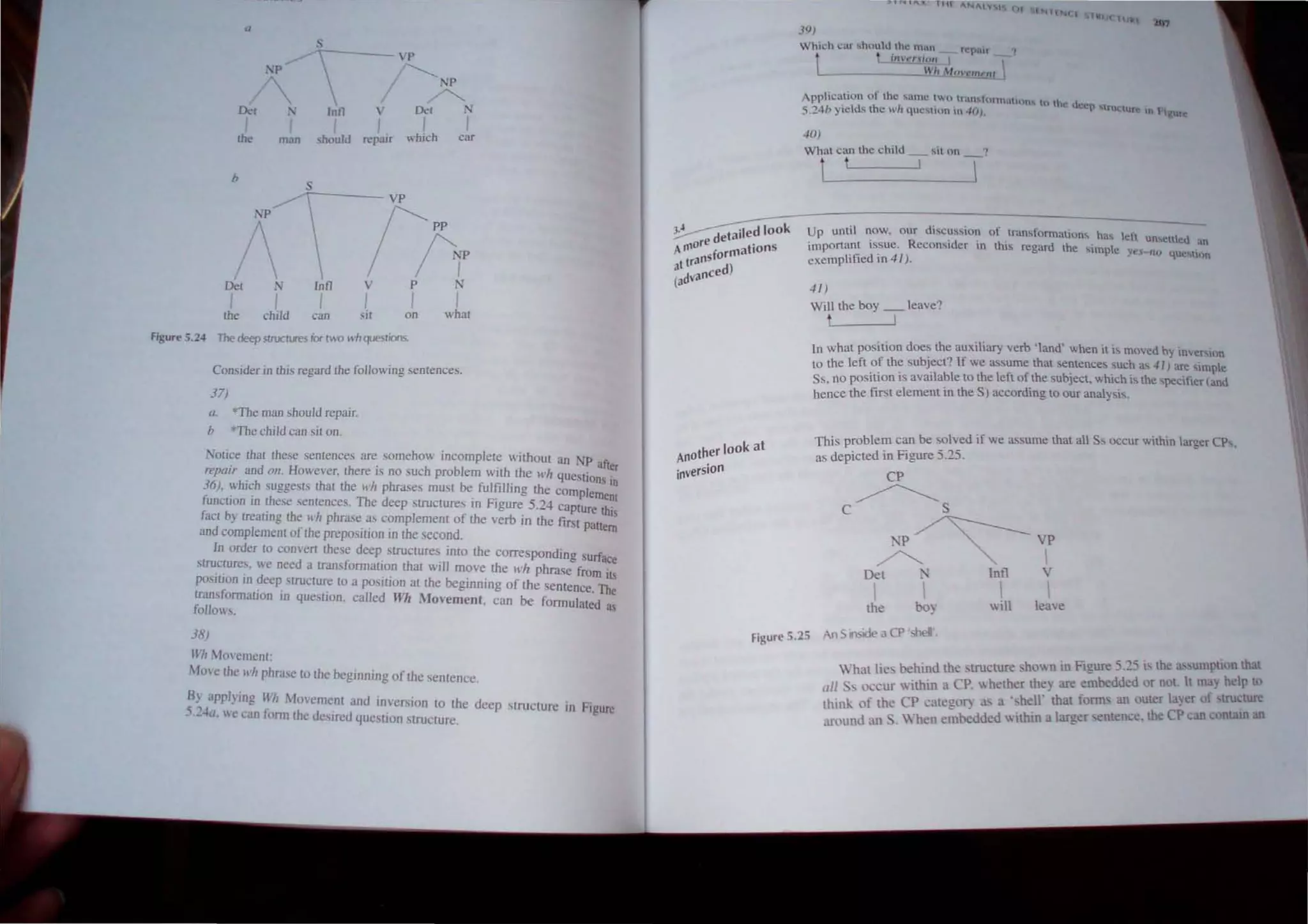 1I
s
~----'P
o.,t -"
I I
the man
h

Inll
I
should
I----------- NP
/ ~
. Det N
I I I
repmr which car
A----VP
NP
A
I
I
the
N
I
child
It,p
Infl V P N
I I I
sit on what
I
can
Figure 5.24 The deep structures for t'" wh questions.
Consider In this regard the following sentences.
37)
a. *The man should repair.
b *The child can sit on.
Notice that these sentences are somehow incomplete without an Np aft
repair and 011. However, there is no such problem with the wh questions er
36). which suggests that the ",h phrases must be fulfilling the complemelO
function in these sentences. The deep structures in Figure 5.24 capture thOt
fact by treating the "h phrase as complement of the verb in the first patte IS
and complement of the preposition in the second. m
In order to convert these deep structures into the corresponding surface
structures, we need a transformation that will move the ",I! phrase from its
position in deep structure to a position at the beginning of the sentence. The
transformation in question. called WI! Movement. can be formulated as
follows.
38)
Wli Movement:
MO'e the wli phrase to the beginning of the sentence.
Sy applying Wh Movement and inversion lO the deep structure in Figure
5.24a, we can limn the deSired question structure.
ther look at
AnO
inversion
39)
VhlCh car ...hould the man rcp.Hr
t jl1't'rlflll I 
'-____ /11 ft}'emf'nt
Application of the ....amc two. tran,tonnatl()fl" tu the uec M
5.24b yields the wh ques110n 10 .:to). {'I ructure 11 hgure
40)
What can the child _ sit on _ ?
t t 
Up until now, our discussion of lransformalions has left un'>ellied an
important tssue. ReconSider 10 thIS regard lhe 'imple yes 1/" que'lllm
exemplified in 41).
41)
Will the boy _ leave?
t I
[n what position does the auxiliary verb 'Iand' when il i~ moved by inveNon
to the left of the subject? If we assume that sentences such a!, 41) are simple
Ss, no position is available to the left of the subject, which is the ,pecifter (and
hence the first element in the S) according to our analysis.
This problem can be solved if we assume that all Ss occur within larger CPs,
as depicted in Figure 5.25.
CP
~s
C A~'(
Det , Infl V
 
the will leave
Figure 5.25 An 5 InSide a CP ·sheI·.
What lies behllld the structure shown in Figure 5.25 i~ the aswmption that
II ··th·ln a CP whether the)' are embedded or nol. It may help to
tI "occur  I ' f '
Ihlllk of the CP categof) as a ' hell' that forms an outer layer 0 tructure
around an When embedded within a larger entence. the CP can contam an
 