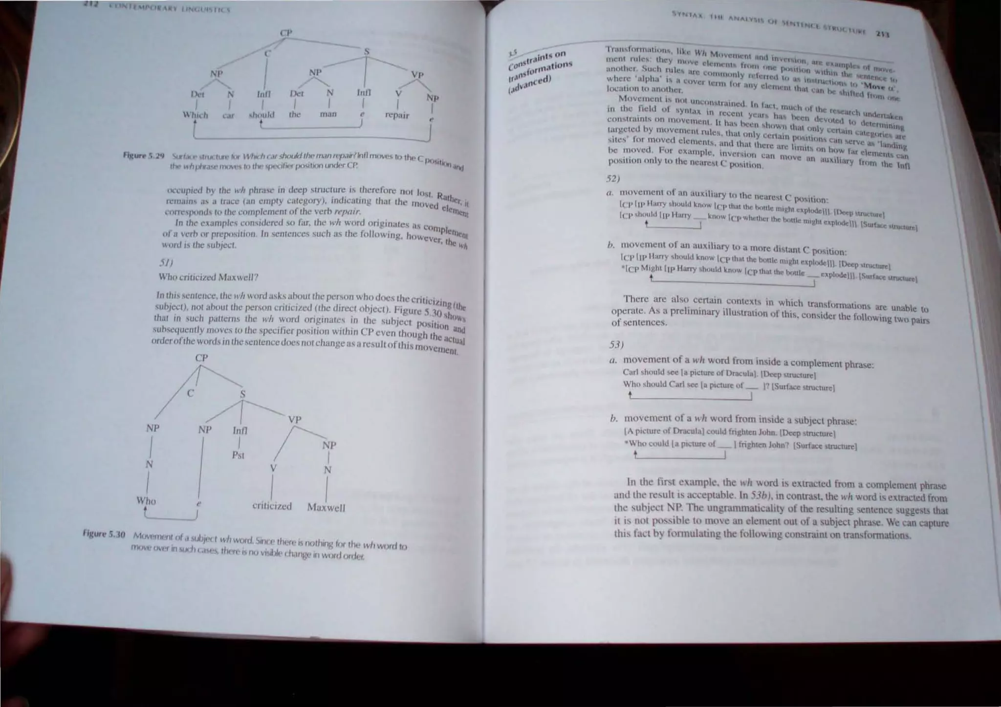 CP
r
c S
1;1'
I
NP
I VI'
/"-.. ~
/),,'1 ;-.; 1/111 I)c, N 11111 V Np
I I I I I I I I
llId' ,:.Ir ,htlulJ Ihe man
" rcp"IJr
--.J "
r.. --J
')(" t,k I' "ItrtK hKI' II". ~.JIi< 11 (,U.JlfH.
.J!d1m', nl.11l n l
p.llrtln" rtleM', 1<) thc' C fl
I ( 'p. OlIkJfl
the' h,Jllr.lo,l' Il1rJ.I" hI tlll l ,,)('fif,c'( P(),),tIOr1 .In( t" . , .if....j
,,,,<'upi,,d oy Ihe "'" "Im"e in decp 'Inlelurc b Ihereli"e nOI "N. L>
. d' ' h "alh<
n:nHlm, '" .1 (mCl' (WI empty ca~e8ory), 111 lea,lIng t m the moved (.'/ r. 't
L:nrre"iponci'i Ie) the complement 01 tht! verb repflll: C!lllCru
In Ihe c,ilmplc",eo",idercd so far, Ihe IV" word origlnales ,1 COl I
. np Cit!
of a ern or prCposll/OIl. III ,elliences such ,tS Ihe lol/owlng. howev. h <n,I
cr, t c
word i, Ihe ,unjeel ~h
51)
Who erilici/cd Maxwel/'!
In Ihis ,entellCe,lhe " ,It word ash ahout Ihe person whouncs Ihe crill""'n,
,uh)c('I). nullIhoul the per.mn enl/clIcu (the c/lfect object). Figure 5 10 ,~(flht
Ihat III .
'L1ch paHerns Ihe ",It word ongllJates In the subject PO'''tIU !"'
"uh'equenlly move.
, to the specifier posilion wilhin CP even Ihough th. ~. an~
ordcraflhe words in the scnlencedocs 1101 change as a resuit of this move~n:~,~al
CP
/:
NP NP
f I
Who
t _
s
J ............... VP
/1P
V N
,.I I
t:rI!ll'lzcd Maxwell
Inll
I
Pst
"gUrt· 5,:10 1101 ItU I f I I
" ,:" , l) .1 'II lIP' I w )word. ~i"c c' Ih"r('" nOlhing f'lr till' wh word 10
")(',( O;( f Irl ~Il( II ( . I!"f lC;, tlu'rl-'" flO virb/p I h.lrll;{' in wc"d orcJ, 'r,
VNIAX lilt ANAIY~l 1)
II an-.lnrmallullt.,. Ii",.· WI! MtIVl"IIU'ut '" (
Inent rult:, they move tlclIU..'Ull I ,I ''''o'CI Hm. Ule cMlInpl
anutlu:r. Such rule, lire l:Un, I HIII,1 'lilt' )t) Ull1l1 "",Uun the I)f 11INc.
1 . I h • ' IlIUn Y flO t'1It'd tH .. "lc:nc n
W lere a p a "a l:UVcr ler HI. >1 Hhlfll1ttJl It !vi
hX:UlIun to another 1 or .my eh~It1t,:1H lhil. can he hilt', 1 ,_ '-'We r, .
~ nU1l 'inc::
Movement IS not lInl,;C)n~llalltcd I I'
, I' r -Id ,- . , . " ilLt, mud, ,,' the ' ,
111 t lC Ie, <.) syntOlx tn Iceem ye", I, I n!l.c"i.trl:h und~nak
t • I" M" leell dev 1 1 I!fl
conl.olratn s un movement. It ha'i heen "-hown th" (  I, C( ,(J dC1l:rmuunK,
targeted by movement rules_ that only'" t, ' • H Y l:t:rtmn CiUeg()(t! ar.
• r d ..t:r am P<)'>tttOIl can
sites lor move clCll)cnt and th'n th' ~. I' . CfVc" 'anulnu
I r . ~ ere arc ltlHt on hc)w t.  ~
be ~~ove{. "'or cxarnplc. invcrion l.:an move an' .. dr C :0<:1 can
position only to the ncarc..,t ("' poition. .uXthary frolll H)c nn
52)
u. movement of:.m aUXiliary to the nearest C poitton:
IeI'llI' Ilarry ,huuld know ieI' Ih'llthe bUHle mitthl explod 'III IDe
lell ,hould Ill.) I larry kn()w ('P whether the tx ttl . Ic.. ep ..ru(,:turcl
t. ___ --.I ) c m,~ I .xp',,(clll ISurt""" 'no"ur.
b. movement of an auxiliary to a more d"tant C PO"tion:
Icp IIp ', larry ,hould know ICp Ihat Ihe btml. m'ght explodelll {De
. ep 'lru..:ture
ICp M,+gllt liP Ilarry . h"uld kn"w ICp Ihat ,h. bolli. _ explodelli. {Surtace
L,---- - __________~J teu<lurel
There are also certain context!> in which transformations ' . bl'
A I" . , arc un..: e to
o~erate. s a pre Imlnary IlIu..tratlon of this, consider the fOllOwing two ai"
ot sentences. P
53)
a. movement of a wll word from inside a complement phrase:
Carl should see [a picture of Draculal. [Deep structure!
Who should Carl see [a p'Clure of _ 1" [Surface structure!
+ I
b. movement of a 1'11 woru from inside a subject phrase:
[A picture of Dracula! could fnghten John [Deep structureI
Who could [a p,cture of _ llnghten John! [Surface'trueture!
t I
In the tirst example. the wit word is extracted from a complement phr.lse
and the rcsult [s acceptable. In 53b). in contrast. the wll word IS extracted from
the subject NP. The ungranunaticality of the resulting sentence suggest that
It is lIot {X)ssiblc to move an element out of a subject phrase. We can capture
Ihl' fact b} f011l1ulating the follo'.ing constraint on tran,j'ormations.
 