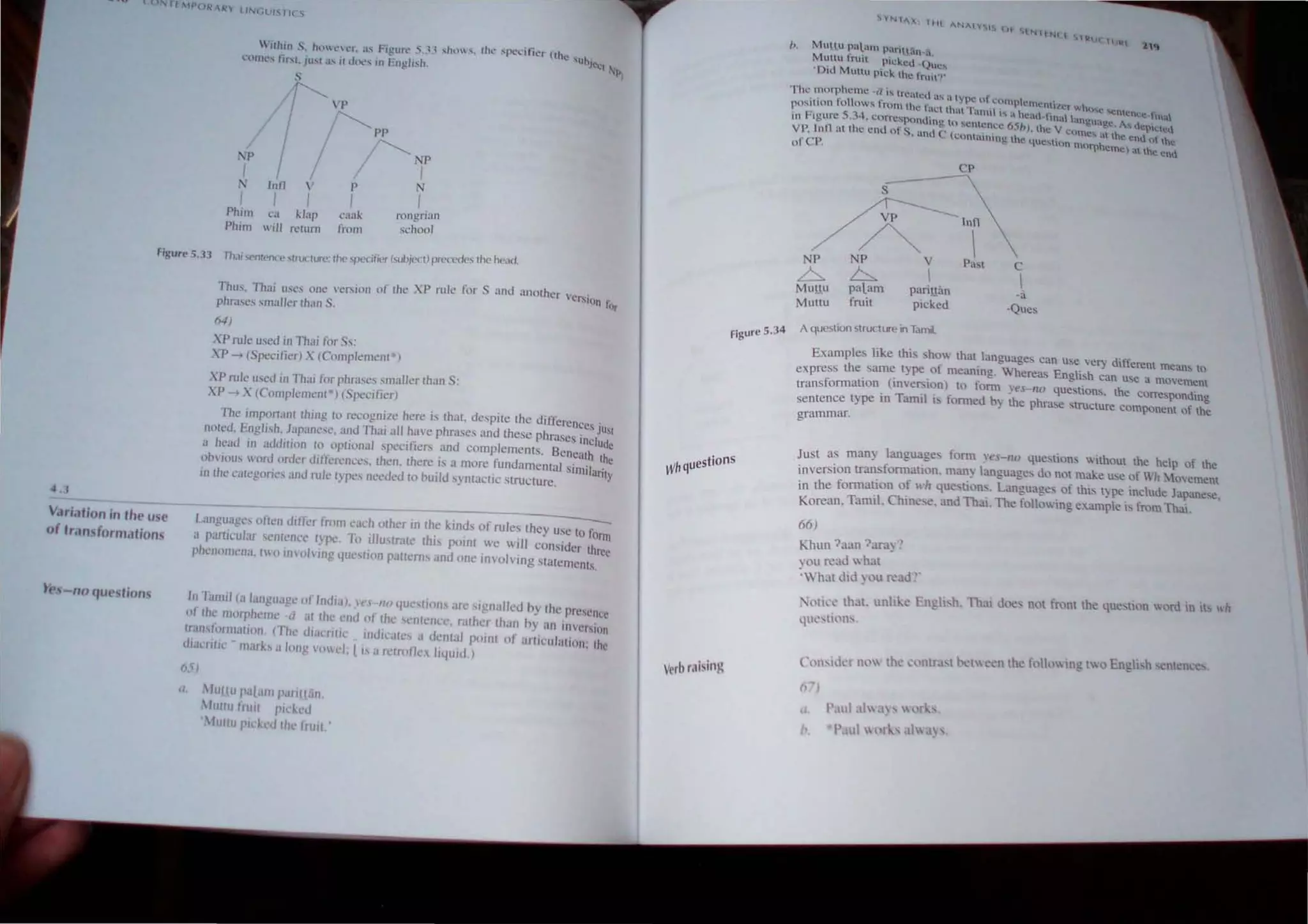 . l) 'l lr()R -'1, I IN(;Uh' IC~
'j(hill S. h(l L'l'r. ~t, Figtll~ 5..0 .,hu '. the 'lx'nner Clhc 'l b
COnte, fir'a. )U" ~l' if JUL" in Engli'h I 1C
q N()J
s
~
I' // f'i"r
N Inn  P N/
/ / /
Phim ell klap clluk
Phim will retum from
rongrinl1
school
figure 5.33 Th.l; s(>ntt'nc(' ~tflKture: fhe spec-ifipr (subjecr) pre<.:uies Iht~ he~ld.
4. !
Vilri.ltion in the use
of tr.lmformdtiom
h"-nQ qUt'stions
Thus. Thai usc, one w,io/1 of Ihe XP rule for
phrases ,mallcr Ihan S.
6-1)
XP rule used in Thai for Ss;
XP --> (Specifier) X (Complement
Xl' rule u,ed ,/1 Thai for phrases smaller Ihan S:
,p-->. (Complemenl ) (Specifier)
and another vers-
, .
• On lor
The ,mportanl Ihlllg 10 rL'cognize here is Ihat. despile the differences jUsl
noted. English. Japanese. and Thai all have phrase, and Ihcsc phrases inclUde
II head 111 addilj(1I1 to oplional specifiers and complements. Beneath Ihe
o[,,·ious word ordL'r differences. Ihen. there .is n more fundamenta l Sitnilaritj
in Ihe <:ateg()ries und rule Iypes needed to bUild syntactic structure.
-------------------------------------
Lungua!!l'S often Ilttfa from each othcr in the kinds of rules they usc 1
0 fonn
it particular 'cntl'neL' Iyl'<'. To illustrate this point we will consider threc
phelJ(
l
l1lcna. 10 in"olving ljue'tion patterns and onc involving statements.
11I'I"mil (a Ianguagl' (If India)..'"e.' ··I/(} Ilueqions are SIgnalled hy the prescnce
(If the lIlorphclIle 'il at tlw clld of the sentell<:c, rather than hy an inversion
Iramt(lrtniJlion. (The dialTitic indlcato a demal point (If 'Illll'llialton: Ihc
diaaitlt - marks a long "(1 d : 1IS a retroflex liquid)
(5)
l/, 1tJlIUl'a[,1l1l panIt all ,
ItHlll Inllt I'lL"/( 't!
'lullll pld,'d tlw fnlll •
Figure 5.34
Wh questions
Verb raising
/J. MUHu PHlum padHun-i.I
Muttu fruit picked QUl!
' otd Muttu pick the fnll')'
The. l~orphel1lc 'Ii is (remed as a Iype "I COl1lpkmem"cr wh",. • ,
positIOn follows from the fUCllhm TamH is a hc'o-"" ' . ,l! ,enten;c.hna
In I-*tgure 5.34. corrc'ponding to sentence 6~h)' lh ...,~a . anguagc, 1., dl.:{>H.:lCf..l
t 11 I d fS - , l! comC'atlhe.enU  h
VP. n at t 1C en () . nnd C (containing the question m h' ()  c
of CPo orp eme.) at the end
CP
S
~'T
NP V Past
NP
L
MutlU
Mullu
!:::::". I
palam pantJim
fruit piCked
A question structure In Tamil.
c

-a
·Ques
Examples like this ,how that languages can Use very different meam, to
express the same type of meaning. Whereas English can use a movement
transformation (inversion) to form yes-no question,. the corre,pondmg
sentence type in Tamil is formed by the phrase Slructure component of the
grammar.
Just as many languages foml yes-ito questions without the help of the
inversion tran formation. many language, do not make m,e of in Movement
in the formation of ,,·h questions. Languages of thi, type include Japanese.
Korean. Tamil. Chinese. and Thai. The following example IS from ThaI.
66)
Khun 7aan 7aray .)
n)ll read what
:What did you n:ad·?·
otlCL' that. unlik.: Englbh. Thai does nOt front the question word in its wh
qUL'stll'ns
11.
b.
1'.11 .1'" , "l)
P.lIl!  r , h J~'.
 