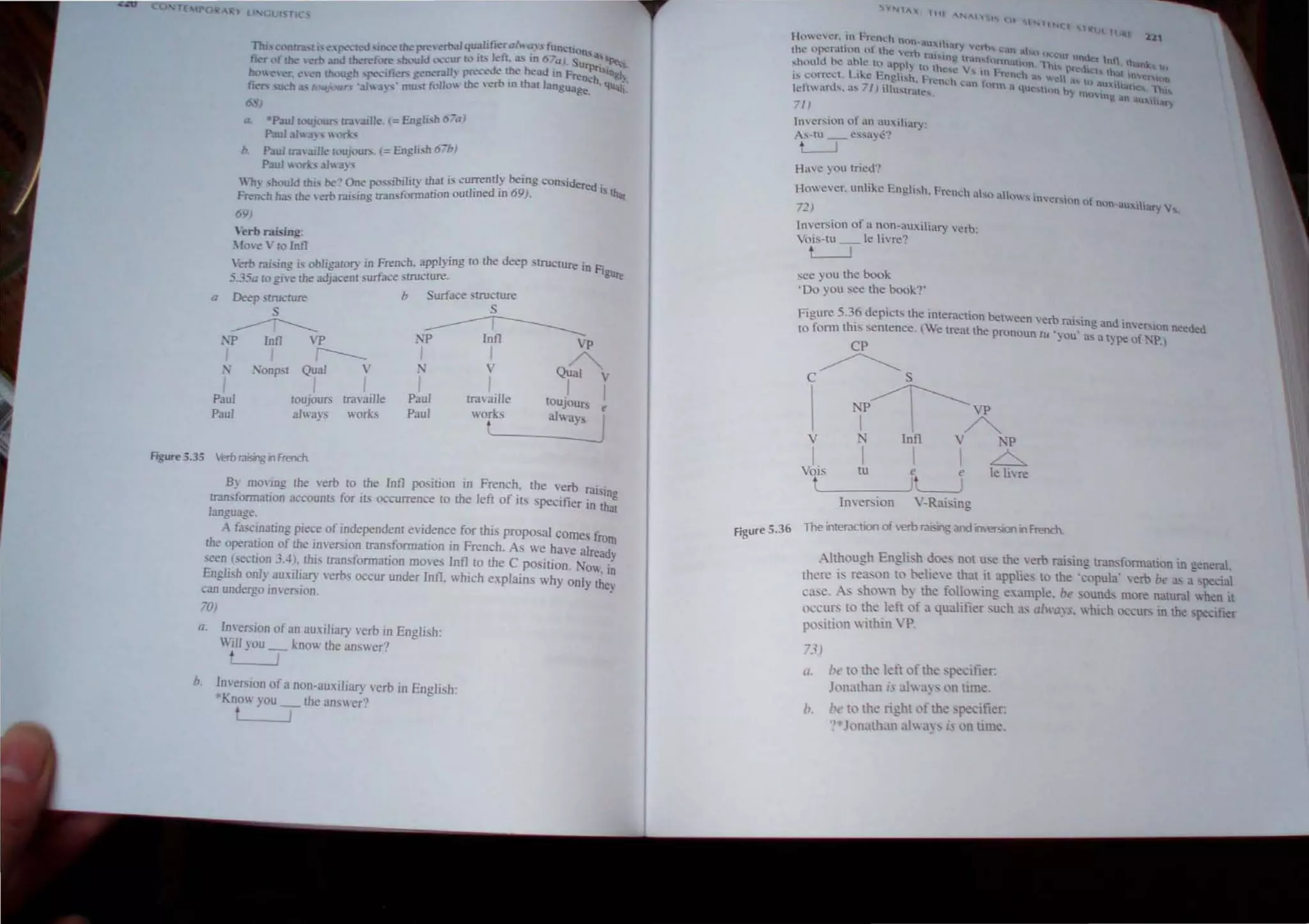 a
Tlll.. I..".)ntr.l,r I,e,f"'= "'(l~. m..:e thl>" rn.·ero.1.hlu~htier(lf"-c:'. t~n~tIO" <l....
fi~r of Uk" ,'C'l't.l3.DJ ~n"fl.)re ,ht.'lUIJ ,.-,"l..'ur h_""'I It-. left. 3_' 10 0 ." J urpn.Pe-cl~
00", '" er. c.'" n lTh,)Ugh ,pt.'"("iri "I"" ,gener.t.ll~ r~"l."Je (~e head In Frent.:h.'tn I)'
fi " ...urn a., I.lUJOun 'ah 3~"· mu...t folll.) the, em In mal language. ql1a.li.
6..)
a. -Pau' h,-'UJt'lUl'o £J:IaJlle. (= Engli...b 6/,N
PauJ alw"J'" Of....
b. Paul IflI,aIlle ",uj""'" (= English 6-b!
P-Jul"Of -... a.!w:n'
WI" ,"'-'uld th" be" Onep"sibilil) thaI i- currentl} being considered i, .h.
Fre~('h h.l.., me! erbr3l~ing uan~forrn3tion ouumed In 69). "1Cl(
69)
Verb raising'
~ 10'<  . 10 lnll
erb r:u~ing is obligato!) in French. applying 10 the deep structure in I'i~
5.35a 10 £1ve the adjacent surface -tructuTe_
- b Surface strucrure
Deep ,trucrure S
S ~
:-'~'P ?'P In11 'P
I ~ I A
:-.;
I
Qual ' :-.; . Qual '
Paul
I I I I I I
IOUJOun. Ira,mlle Paul travaille 10ujours e
Paul always works Paul wots alway~
Figure 5.35 ~ r.lrsilg i1 French
B monng the 'erb 10 the In11 position in French. the verb raj in.
uan..s(ormarion accounl, for HS occurrence ro the left of its specifier in rha~
language.
A fascinating piece ofindependent evidence for iliis proposal comes frorn
the operation of the im'ersion tran. formation in French. As we have a!read'
seen (section 3.·1). this transformation moves Infl ro the C position. Now. i~
English only au.'-ili3/)· "erbs occur under Infl. which explains why onl) they
can undergo inve~ion.
70)
o. Inversion of an auxiliary verb in English:
Will vou know the answer?
L-.I
b. Inversion of a non-auxiIi3/) verb in English:
' Kno vou the answer?
t . -,
Figure 5.
Have you tried?
However. unlike Engli,h. French abu allo" , inv" f
cr"'lOn {) nun-aux..lharv J
72) . ,
Inversion of a non-uuxiliary verb:
Vois-tll __ Ie livre?
L-J
see you rhe book
.Do you see the book?'
Figure 5.36 depicts the interaction belween verb raisin. and l·n·e~·1 d
~ ., e ."onn~eed
10 form thiS sentence. (We treat the pronoun ru 'you' as a type of);P)
CP
~
C NP~W
I . ~
V Infl V NP
I I  ~
e
Vois ru ~
tL____)'---..J
Ie livre
Inversion V-Raising
36 The interaction oi em raisi1<;; and im<!rsioo in French.
Although English does not use the verb rai<;ing transformation in general.
there i.- reason to believe iliat it applies to the 'copula' verb be 3> a special
case. As shown b) the follow ing example. be sounds more natur~1 when it
occur,; to the left of a qualitieruch as a/ways. which occur<; in the specitier
position within VP.
(/.
b.
/>,' to the left of the specitier:
Jonathan is ai ay, on tnne.
h to the right of thepc.:itier:
.?*h'nathall •h a), h on tune.
 