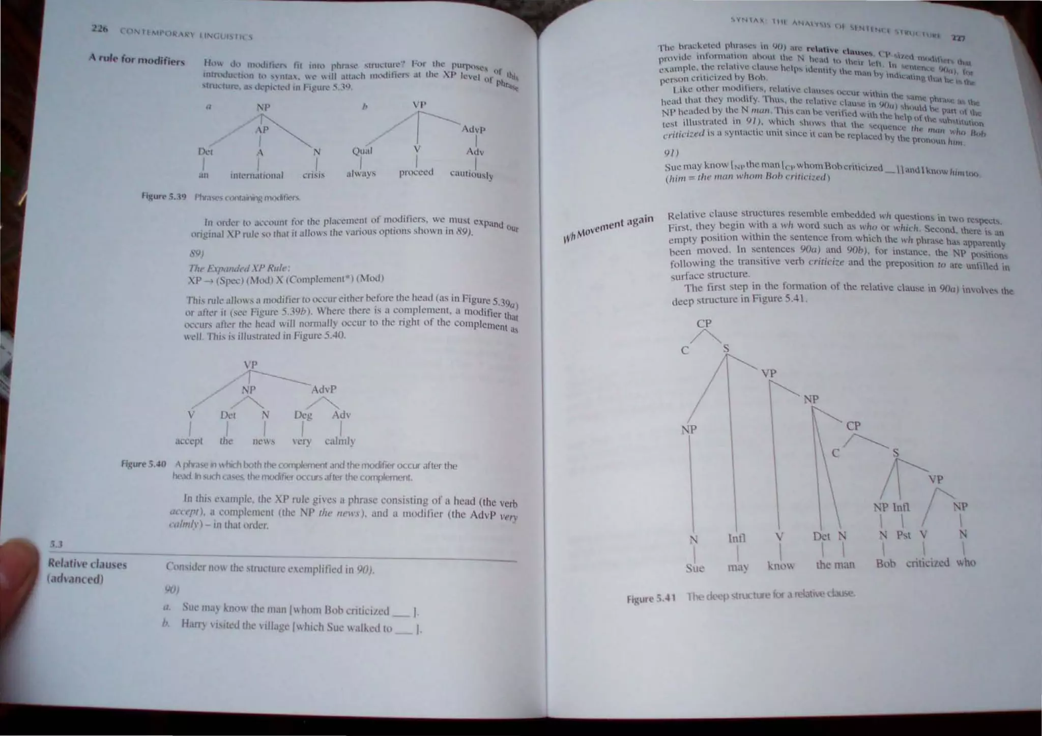 .>..1
A rult' for modifil'rs
n ,,, h
1'
N Qual
an Intcrn.HUlnal
.I.
cn~l:-'
I
"""'ys
I ' I I" 'uIII '·,'r Ih·· pbceJ1lcnt llf I1Hxliticr:-.. we 11111~t exp'''ld
n llrucr ll. I.Ll . . . . . . . ' ) -..... oUr
(lrigillJ.l ..P nile ~ll th~lf It ;ll1llslhe vanl)U~ oplJ(ln~ sho n m89).
SQ)
Th,' FII',lIId,'" .P Rllk
:-"P --> (Sp<.'cl (Mod) : (Complement ) (1.10.:1)
This mit' allo, a modifier 10 occur either before the head (as in Figull! 5.39Q)
<'r atkr II (SCI' Figun: 5.39b). When: there IS a co.mpkmcllI. a modIfier Ihal
(!<:curs alkr Ihe head will nonna/]) occur to the nglll of Ihe complement u.
wclI. This i, illuslr.HI'u in Figure SAO.
 'P
~
/ NP AdvP
,If" '" /"-.......
V D.:t "I Deg Ad
I I I I I
accepl the nell S IW) calmly
figure .5.40 A plY,1"'"  hleh hOlh Ill<- nllnplt'l1lt'nt Jnd til<- modifier Octur Jiler Ihe
h""rl. In "k h C.N'" Ih.· n1<>d,ti(~ ()('cur, JIIE'r tilt' compil'mP11t.
ln 11m cilmpk. Ihe .P rule gIVl!' a phrase consisting or a head {the verb
<lCCf'I'/}, a cOIllI'il'm.:m (the NP Ilr/! 11<''''.1). and a motlilil!r (Ihe AuvP l'l'I''
UI!III!y) - in thaI nruer. .
Rl'I.llh l' d.1USt'S
(,,,h,llln'd)
YO!
II. .sUI' ilia) knOll (ItI.' m,lIl/whom Boh critICI/I'U __ I.
I>. Harr) 11IIIUtltt' IllIagt'/hlclt SUI.' wa'''''t! to I.
'1'111...' hrac:keh..
't phi "....... 11 (J,,) i.tl' n.·'""vt' c"u~~,. ("P 1
, ,"nv uh.' lntornmlHlIl ..,hoH' w N lW"It ,,' ,I I lel ll1,.Khh t 11.._
1
1 . . '. H.'If ctt h,,,. ~'4
l·,umpt~. thl', rda'ive da"'t: hdp... I"lt.-mlry the man h 't .~nl·I)C. rlfl(.l). f.)t
pl.!l'Slln ..:ritll.!l/cd hy .Boh. . "i I llI.:.ng h.! he, 
lIke (),hcr 1l1otllt.1C' .... n:~ltVC d~U...C'... tX:l:If wn' L
,
"
',., , . lin Inc ' ''me pI"., •
head that lll.-'Y mot I y. HI..... 1le rdallV..' dim,c n 9lJ I L • 1 he
, N 1·1. <1 ,,,,,"1,1 he n· n f C
NP hcuded hy lle mwl. 11... .:a1 he vcnflcd with lh ' L 01 '" I'" l) Inc
, . "I h' c ne 1 1 Ihe '"n'lll
h:~t illustratc( In .., ). W leh show... that the 'c"uc.nct.: " ' U()n
• " " .., 1t mWI who Ii L
·/";tici..t·,J IS a syntacttc linn ~"'c~ It C.n b~ n.:paced hy lh.. Un
( ... ... prun~).n hun
91)
Sue nlay know INI' Ihc mall 1('I,whom BnhcrillclI.ed __ Iand I<.I111W """I,x,
(IIilll = (/tl' mall witom Ho'" c",'w/:t'cJ) .
Relative clause structures resemble embcuded wll 'lucstinns in two respect .
First. they beglll WIth a wll word such a.S who ()r which. 'icconu, here is an
empty posilion within the sentence from which lhe wh phra,e has apparently
been moved. In sentences 90a) and 90b). tor mstance. thc NP positions
following the transitive verb cr;r;c;~.e and the preposillon TO are unfilled in
surface structure.
The first step in the fom1ation of the relativc clause m 90u j imohes the
deep structure in Figure SA I .
CP
~
C s
/V~
Su~
 
 
 
 
 

I
lntl
I
ma~
'
I
p



,
Det ~
th... man
TIlt' ck'ep tru<.ture for a 'ootil(' dau-
 