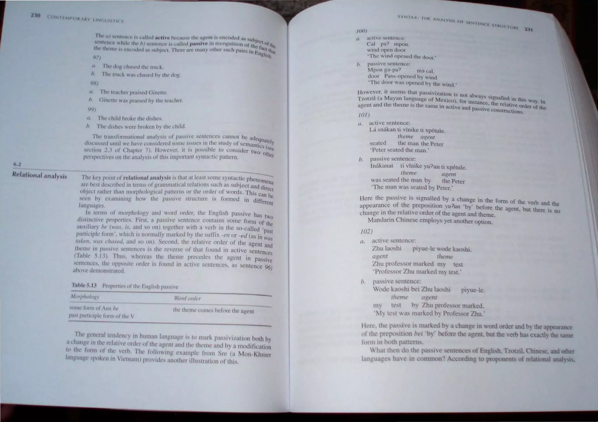il (I
'.J 71 lI'('~ ,~, ""'(if J"tll( <;;
1'7,
II Ih,,- dn ' :h.l'l'd Ihe..' lIud.
" 1'''...'tlild..  a... l'ha'l'd h) IJIl" dog.
<lSI
fl. rhl' 1t'-'ldll'I prult'd (fllll'Ut'
II. Gil1l'Ul' il ... pl'.II'il'd hy rhe (l'..u:ht'r
W)
1I. nil' dllld hlOke Ihc' dl.,hc,
h. rile ""Iw.' were "mk"JI hy Ihe chi/el.
l'hl' (1.ln~I(H"l11ali()n;l1 "llllllysi.... of pa,~~c SC:lltl'I1Cl'S, cannot he adc4U~IICI>
discu'I,'l'd WII,' WI.! han' cot).'i,dcrcd sOllie ISSUC."iI~I.lhc study of. semantic, (set
'1 '1 I' ('h'llll"" 7) lIowever il is p<)sSlhie to eonSlucr two <llh
Sl. 1011. 0 .... . " " l.:r
pcrspl'cliv....s on Ihc lInalysis of Ih" important synl;tcllc pal/c'nI
The kl' POIIII ot rclutiollulul1lllysh ".lh"l atlea,l sOllle sYlllacli<: pheno
n,en
"
;It' hC'sl ut'senhed In leflll' 01 grallll11<1llC;JI re/allol1s sLleh ~I' SLlhJc'CI "nu direci
o"I,'el ""I her th"l1 ltIorphologkal pal/cm, or the md:r ()~ words. This C;ln he
."'L'1l hy eXallllllJlIg how Ihe passlvc' slrLlelure " lormed In di/fcrenl
laJl!!lIa!!e.s .
III Ic'rll1.' of IIHlrpholo!!y alld worcl order, the Fnghsh P,lSSlve has Iwo
d"tlllelle pmperlles hrsl. a passive sentellce COnlal/ls SOI11C lorm or the
,Iuxlliar) I", (11'(/', /., "nd so on) lOgether Willi a ver~ In thc so-callcd 'past
parllnr'c torlJl', WhldliS norm"IIy lI1ar~ed hy the .sulfIx .'1/ or ell (as in Wa.
'"At'II, 1'(/. c/wwcl, and SI1 on) Second. Ihe rdUlI"'! order 01 the agent and
Ihc'IJIL' HI passive sentencl'.
s IS (/Il: reverse of that found 111 active sentences
(Ihhk ~.13). ThllS, whereas the th...me pncc...dc's the agent I/l passive
'ellll'lle..." th... oppo.,ite orde, is lound HI aclive senlences, as M:rllencc 96)
;lhOl'd,'mollslrat,'d.
~nlll(.· form nf Au ht'
p''',ll'aI1I<'1I'''' Ii>nll ,,/ II", 
Ihe Ihel11" l'IIIlles hclore Ih,' <lgl'1II
rh,' g"Ill'I;IIIl'lld"Il',)' IIIIHllllall lallgll;lg" is to Illark paSSIlI"aIHlJI hllth hy
,I dl.lll 't' IlIlht' lelallt' old''J'tlfllw agl'nt and Ihe tII...III... aud hy a 1110.111'" allon
III Ih, 101/11 ..I fht' H'I h. rh, /(1110 iug calllple from SI" (a MOil I.hl11el
I II 'III 't' '1'"k"11 ill 1,'111,1111) JlI<lltk' .lIlllther "IUstr.ilIOIl ol'(his.
Ilifl)
II active ....entence
Cal pu"l mpHn
WITlU open duur
'The wind opened the Uoor
b. pa~ivc sentence:
Mpon g;lpa? m~ cal.
uour Pass-opened by winu
'The cloor was opencu by the wind.'
Ilowcvcr. it seems that passlvinlliclO is not ~lways signalled in t .
TZ(lt~il (a Mayan language or Mexico), f(Jr instance th I" h" Way. In
d I h . h ' e re alive mdcr ,,[ th
agent an llC t ClllC IS t c same in active and pas!-.1VC con<;lructHm..... c
101 )
(I. active sentence:
Ui snakan ti vlmke ti Xpctule.
theme agem
seated the man the Peter
'Peter seated the man.'
passive sentence:
lnakanat ti vlnike yu7 un tt xpetule.
theme agent
was seated the man by the Petcr
'The man was cated by Peter.'
Here the passive is signalled by a changc in the form of the verb and the
appearance of the preposition )'u?ltTl 'by' before the agent. but there i, n(J
change in the relative order of the agent and theme.
Mandarin Chinese employs yet another Option.
102)
a. active sentence:
Zhu laoshi piyue-ie wode kaoshi.
ng/'III Ihem...
Zhu profe. sor marked m) test
'Professor Zhu marked m) test.'
/I. passlye semem:e:
('de ..;wshi het Zhu laoshi plyue-le.
111('111,' (/~t III
111 (es( b) Zhu protes..or marked.
,;-,:1 (e.I  as marked b) Profe,",or Zhu.'
11,'1," (h,' I'a.., C i.. IIMr..ed b) a changc in word order and by the ppearance
(1lllw pr,'po,tl1on b, j 'h) , ht'fore the agent. hut the verh ha e:v;.actly the same
lI'f1ll III hlllh p:ntem ,
Wh:t( th 'n do Ihe p ,h e 'ent~nce' of Englih, Tzotzil. ChlOe c. and olh~r
Ian 'll.lgc" hay C 10 lllllUllon Acc()ruing to proponents of relational nal) I ,
 