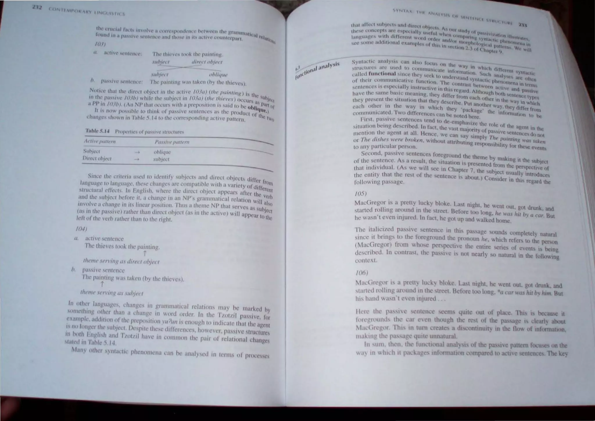 , 1, Mf'()1 J.,> liNe ,1 1'1,(
Ih..., ""1,1,: I,ll t h. '" "" ph~' H 'Pfl~"'Ptllld""lh.l· h"'I"""'1I IllI" '1.t1l"11111 1
ItllJlld "' .11',""(" ,,'flll'lI ".IU,' Ilhh4.-IIII1"i ,14.:ll.C "111111"11,111 ~,' 11.'1"
' !l'n"
111i}
11/11'·('( tJ/l1i1lllt
It P;"'Il' ''''lIll'lIn': nit' P;IIIIIIJlg ;I.... I;lk..·U (hy Iht' Ihic..'V(,"L
Nt)/Ivc £I,.1f II,.' lined tlf~ll'L" III lilt.' 'iI,.'I I V(" /OJ,,) (tlu' l'fllltfllJg) I~ Ih ,
III rhl' pa"i"l' /lU/.)  IJlIl' Ifll' ' lIh,t:CI HI /(UlI) (flU' (/tU'l't',) Oc..'4,;I1I'''i .t 'tlh1l'q
, ' I ". /l"11
iI PP III NUb). (/11 NPlh;tI uc,,·c,,'llr. ,.,h;/ pn..'pu" IIIIHI IS'li H 10 hl, ohlic ,,' lit
It ' rlIH ptI"jh/l' III IllInk ttl P;'''i,l,oIVC M'UIt.'lll'!,." iI.' rhe ,.,rodll~:1 of ,Ih ~,)
dl.lIl!:l'S hllII"1 'l;,hk:' '-J In fhl·l.'WH,'''flo,H.lJnp UCII Vl' palll.'1'11 : tl,.1)
litblt'5. '" 1'101)("'1("', C)/ pU.',n- ,fIIKltllc,"
--------------------
/'"../1'(' Pel""'''' ~
'iuhwcl
I )Jfl'd oh;"'l"
ohl"llIl'
....lIh,,"'t:1
---
Sillee' 11lL' <Til"'''' ""''' 10 idt'lIld' ,"b,t'US ,lI1d dirt't'l oh,t'l h diller I
"lI1pu,,!!,' 1".I"n~lIal!", IIW't' rhang"""'Ct'Olllp"I,hk w"h a varit'ly of l"lfc~~::1
,"IIIcluml <'lit'"", III 1:1I"",,h, Wht"l' Ill<' dln:C1 oh,eci appears aile, Ill" I
,~ " ,.~~
alld Ihe slih/l't'l ht,'forc ," a challl!c 'II all NP, !!'illllnHII,,'ul relul'oll will I
' " " u~
"I'Olll' a l'IliIlIl!t' In ,1. '''l,'ar 1'0""(111 1 hils" thclllc NP Ihal Sl"ves us .uh,cci
(a" IIllhc I'a,'"w) ralhn Ihall dlll"'1 oh,Ct'l (as '"lhe m:l,vc) wI/ I UPPl"U 10lhe
11'1I (If Ih,' vcrh ralher I"all 10 Iht' Iighl.
If)';)
(/ i.lL'IIVc..- sc..'l1lL'uct'
TIll' Ihk'cs I(lok Ih,' paillling,
i
,h,'ml' ,'I'/I'mg III di"," (1/'1"'"
h. pa'SI'(' Sl'nlt"ll','
/Ill' puintill~ ,u, I;,kt'll (hy Ihe IIIICVCS).
[
,ht'nll' II'I'I'ifJ~ 11,1 "d'll""
III Olh':1 IUllgllugl',', l'h'lIIgl" III grallll ilalical rclallOlh lTIay h,' 11I,"1l'lI hy
SIIIII,'lhlll , oilier Ihall a dlallg" III word onkr III Ihl' '1/011" passiVl', 101
" alllpl,'. ,111.1"'011 01 Ih,' PH'I"I,sIlIOIi m/lll/ j, l'lIoUgh 10 illdll';lIl' 111il1 llil' UpClI1
""0 lOll ,,'I lite SlIiljtocl D,'spill' llics,' dilfrrl'lICl's, hm~"H", P;IS"v(' "Iflll'l III ,',
III hOlli 1'lIgb"h ,III" IlOllil itaH' in t'OllllllOli Ihl' pair 01 II'bllllll;d than/!n
",lIl'd III I.lhlL' 'i, /.J
1.1111 III he, S) IIlaclit ph"IIOIIll'na "'III Ilt' allaly",d III Il'l IllS Ill' pill'" s,',
Sy"ta('lll' illlatY"'I'" l';111 :IIu lot u.... 1111 l. ,
a W.IY 11 'hhll' ,
s llUl.:tUlt.'S 1I1l' uo.,(,·c,1 to umHIlIlIlIt'll' "II"  (1'" /t'nl ~Y"I, ,
' , • 1 111;11111 Sl~' . . . 0,.: II'"
l"IlIl'd funchonal SlIln· tlwy M-d, ttl 1IIU'l" ' I' I ' 'I,lly,,_, ill'- lIh
• . ... ,11( "Ylitilllu' , n
oj tlll'l! l:OIHItIlII1Il-iltlVC tllllIIOllllu.: till'" I. P 1I'1"11I11t'O;111 h:nll
1,1~t lCtWl~4.:I" 
...l'lIlt'IH:·... IS t·...pcl: lall y III"'UlIl'IIVC III Ihl"'I"t'j.!,iU" Allh()I'h hl lf' .mcl pa I".
IliI Vl' Ihl' ~aI1H.· ha....".: 11l,"·unlllg,. tlwy diller ho, I " ~ uth l'lIh'nrr: tY'le~
1 lln.: )h! ll'r ITI tI • .
Ilu.'y rUl
·...<.·1I1 the "111 HHtH)Il that tlwy ((.''1!. nhe '1'1'  1l~ w;'Y III WhKh
,mOIler W',y II, II
c'lc h othel' In the wily 11 wtlll'h lt1l'y ')'ll.l. '  . , u y (I h:r hC11l1
• . • . , f I""')!C t 1t' Into .
('OI1HHUllicatcu . I wo dllft'n:tI<':~""l:an bt, noted here 'n"'tH}1) tt) ht:
1'11"1. pa~,sivc ...l·ntclltC.... tend lu (ii, C1l1phalIc. lh'  '
I e ro c 01 Ihe well h
...ilu;ltlon bClll!! (, l'SClth'd In LKI.lhc va...t rlnlonly I' . ' • e 1n  c-
• <) passive ~CntCIl:c t
menl,on ,1111.: agcnl at '1/ IlencI:, WI: call s"Y "tlI"ly 7'/ ' 'I 11111
, ' ) , )(~ rlClI n'ltI1{ We t t ~.
01 'O/(' ""hi" W('rt' /"(1" '11, wllh""1 :llIrih"llI1g rc' p<",sin'lit lor h"" ","/I
III any partl<:ular p<:rlI1 , Y I . eVelll
Se<:ond, pas"ve senlencc, flllcgroundlhc Ihctne hy 'k' h
' , ' " , " , ' . ' Illa Ill!, II t I! Un}e,1
01 Ihc sentence, As" Icsult, Ihl! htlu.n"," IS prescntcd fromll
' , , ' , Ie p.:rsp.:ct"e III
that IIHJ, vl(ual. (As we w,lI Sec In (haph:r 7 the ,unJ
'c"t U<U' II I
• . t • . . . " " Y ntfm He!.!",
Ihe ent,lty Ihat the n:st 01 the cntcn<:c IS ahoul.) COtl>otucr in Ihls re ',trli Ihc
followlIlg passage, g
/05)
Mad,n:gur is a pn':lly lud,y hlokl!, Lasl night, he Wl!nt out, got tlmnk. an,l
starlcd rolllllg around In the slreet Befme 100 long, 111' WIIS hi! hv (/ rur, But
he wasn't even IIlJun:d, In fact, he got up and walkl!tI home
The iwtcilcd pas,ive cntcnce in thl~ pa sage sountl, cOlllpktdy natural
sincc It hrings ,I() the fmegrnund th~ pronoun he, which refers to the per"lll
(MacCiregor) Ifllm ",hllse per pectl: the entire series of event, I I1<:lng
described, In contras. the pa ,i IS not nearly () nalural in the follOWing
t:lHlIC1.
/O!i)
~l,ll'(irt'g()1 I, . plt'tl) lud..y hloke, La~l night. he went out, gilt drunk. and
slall,'tt 11,1ling ,lllUnO in thL' strCe. lkfof: 100 long. *(/ C/irWIl l,il hI him, But
his hand  :sll'I<'.:1I lIIJlIrcd ",
lut llt' pl.l"" I his I bee us II
reM tit the p .lge  cl arty about
OIlIIllUlI) ill lhe noV, of m mnallon,
Olen c Ih key
 