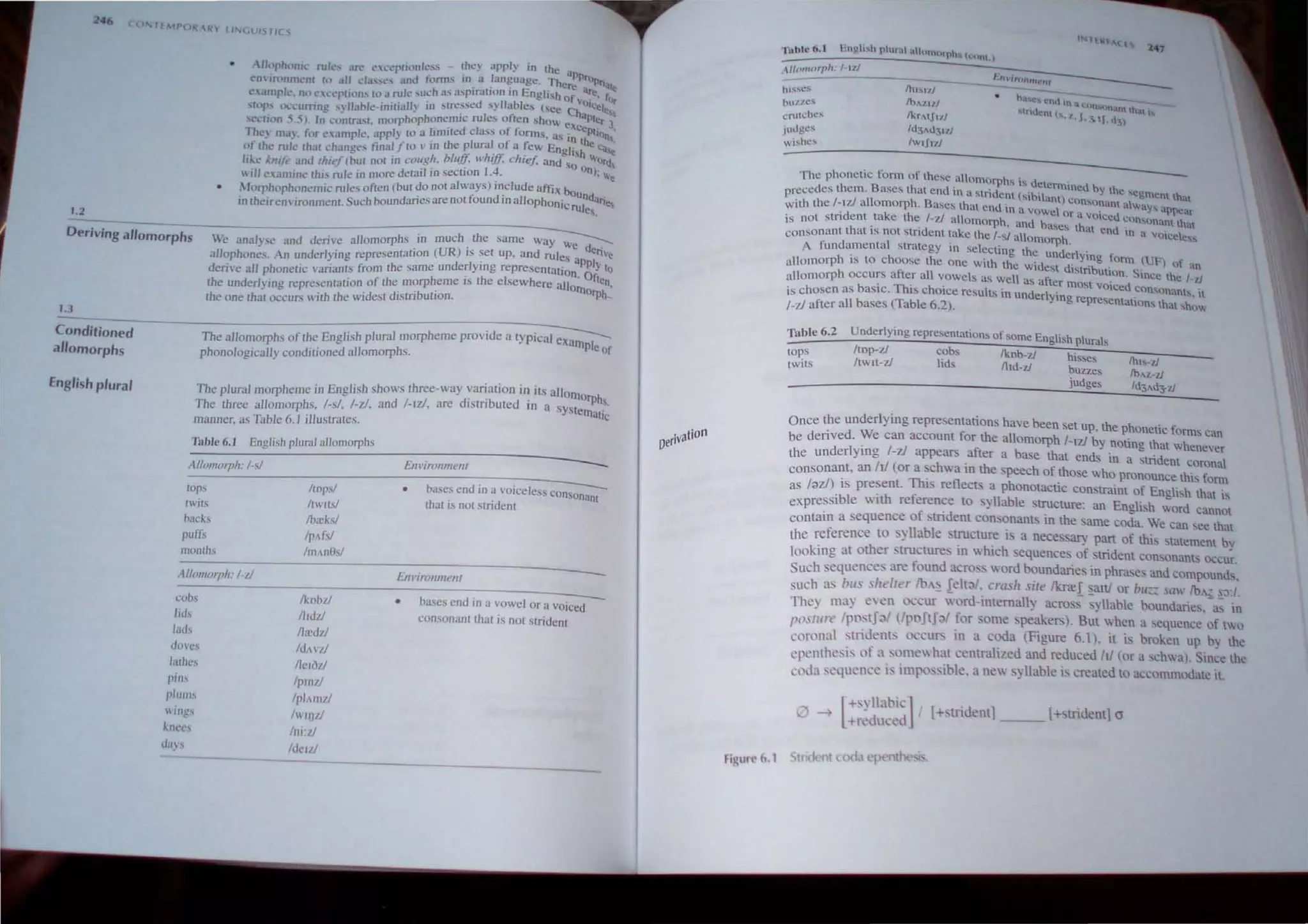 1.2
·JJupht)llIl.· nJlc..~... an," f"",:c..'plionless - (hi:") apply In the up
('0 irllnnh..'nr hl all ....h .....e... and foml.. In i.l language. ThC!r,.,. p.f1:>Pria'.
. . . E '. "are '"
(,''-HUrlt:'. n,l C I..'c..·pt ion.... (0 ..1rule ··.UL"h as asplr
..HlOn In nghsh Of v . .' f()r
,top", {'X"l'urring _,,,lIable-inttially in srres!'lcu sylIa.ble.~ (SCe Ch~lt.:ele.,
st.'L'I;On 5.5). It; ......;ntrJ'l. morphoph~ne.mic rul~s oft~n sho'A exce:~~r 3,
Thc rna). for ('ample. appl) to a IlIllited class o~ forms, as in Lh ot)
. • . IJ' . 'n the plural 01 a few E I' e ca.,.
ot lh~ rule (hal change:". tma to ~ I " . ng I~h 10 '':
like klllJ<- and thie/" (but nOl in cough, bluff· whiff. cll/e/. and So on). 'd,
will Cilmine this ~Je in more de(ail in section L~. , .'e
Morphophonemic rules often (bur do nO! always) JJ1ciude affix bound .
. h ' · t Su -h boundaries are not found JJ1 allophonic CUI .<!rie,
In t eirennfonmcn . l: es.
Deriving allomorphs . II hs in much the same wa~y
w
We analyse and denve a omorp. . . e deli,
1..1
Conditioned
allomorphs
English plural
allophones. An underlying representation (UR) Is set up. and rules apPly te
deri"e all phonetic varianIs from the same underlymg repreSentation. Ofl 0
. f Ihe morpheme IS the elsewhere all en,
the underlying representallOn 0 . , . n orn0'Ph-.
the one thaI occurs with Ihe wldesl d,stnbutlo .
'd . - - - -
The allomorphs of Ihe English plural morpheme proVI e a typical exarnple Of
phonologically conditioned allomorphs.
The plural morpheme in English shows three·way variation in its aliorno'Phs
The three allomorphs, I·s/. I·zl, and I·rzl. are dlslnbuled In a sYsternali~
manner, as Table 6.1 iJlustrates.
Table 6,1 English plural allomorphs
~~~~~------~--~~--~--------------
Elll'irollment
Allmflorph: I·sl
laps
tn"irs
hach
puffs
momhs
AI/Oil/mph. I·v
cohs
lids
lads
dOles
lalhes
pi",
plUl'"
wUlgs
klll'l'S
"ay.s
Ilops!
/twits!
/b",ksl
Ip~f,1
Im~1l0sl
Ikobzl
Ihdd
Illcdv
Id~vd
IleHVI
Ipuu)
Ipl"mJ/
1'''Ud
Illi:1!
1"",,1
• bases end in a voiceless con~
Ihal is nOI stridenl
Elll'irollmenl
• bases end in a vowel or a vOiced-
consonanl thaI is nol stridenl
------ - --
"'atiorl
oert·
Tnbh: 6. t Fngli..;h llhU, UIl(HllOrllh.. klln!.)
.-lImnorpll: I- ILl Lm'irunmnH
hi!'.ses
blll'.t!'
cnttches
judges
wi~hes
/h,'II Ii
IkrAtJLtI
Id3.'l.d31t1
Iw'J.ll
The phonelic form of these allomorphs is dctennincd h the, -
Precedes them. Bases that enel.n a stridenl hibil,.,t) . Y ,ogme.ntth.t
consonant a.w'
with the 1~lzJ allomorph. Bases Ihm end in a VOwel Or a voiced c ays."PPC"r
is nOI sindent take the l·zJ allomorph. and bases th' t d' <In'onanllhat
I " d .. a en In, voi "1
consonant tlat IS not stn e11llake the I-sl allomorph. Co e"
A fundamental strategy III selecting the underlyi f
. . h · h . . ng onn (UF) 0 a
allomorph IS to c oose t e one With the Widest distrl'but' s. n
< f Ion. mee Ihe I tJ
allomorph occurs a ter all vowels as well as afler most vo' d .
b . Th' h' . ' . Ice consonants, It
is chosen as aSlc. ISC olce results III underlYlllg representations th
I·v afler all bases (Table 6.2). at show
Table 6,2 Underlying representations of some English plurals
lOpS /top-v cobs lkob·z1 hisses
twits Itwlt-v lids Ihd·z1 buzzes
judges
1h,,·tJ
IbAz·l1
Id3.,d7;7J
Once the underlying representations have been sel up, the phonetic forms can
be derived. We can account for the a1lomorph I-IV by noting that whenever
the underlying I·v appears after a base that ends in a strident coronal
consonant. an hJ (or a schwa in the speech of those who pronounce this fonn
as 1';Jzi) is present. This reflects a phonotactic constraint of English that is
expressible with reference to syllable structure: an English word cannot
contain a sequence of trident cononants in the same coda. We can see that
the reference to yllable tructure is a necessary part of this statement b)
looking at other structure in which sequences of strident consonants occur.
Such sequence ' are found across word boundaries in phrases and compounds.
such as bus shelTer Ib,,-o:. !elt;)/. crash siTe Ikne! §.anl or bu~~ saw Ib,,; ~J:/.
The ma ewn occur word-internally across syllable boundaries. as in
{lOS;""" 'P()stJ;),' VpoJtJ;.>1 for some spe~ers). But ~h:n a sequence of two
(oronaI stridents oceurs U1 a coda (Figure 6.1), It IS broken up by the
epenthesis of a ~ome hat centralized and re,duced III (or a schwa). SlI1ce the
cl1th sequence is irnposslhle, a new S) liable IS created to accommodate It.
lh~ IbhlC1 ' [+strident] ___ l+stridentJ (J
+rcdul'ed
 