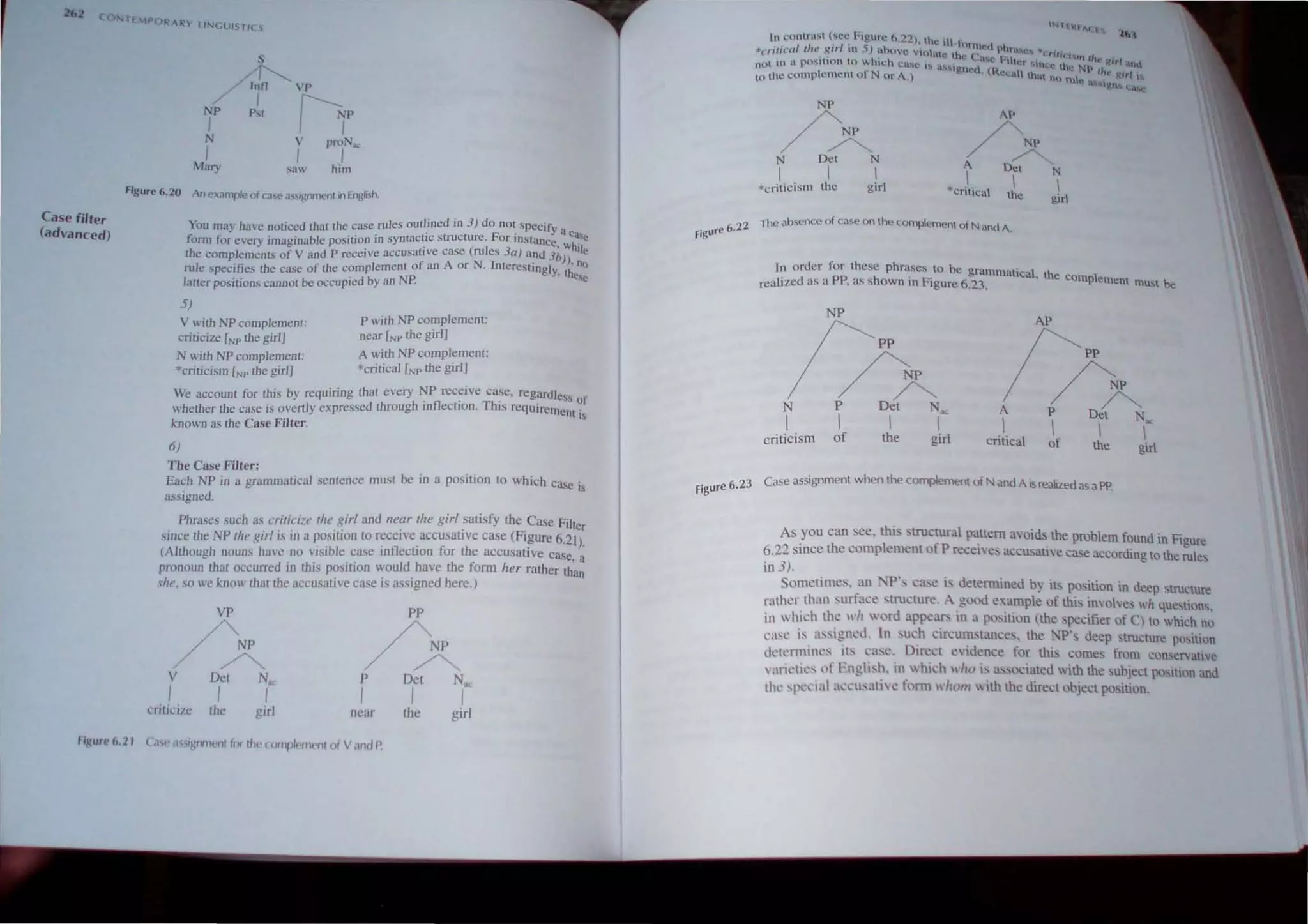 (» TE 1PORAR lINGUISTI S
Case filter
(advanced)
s
~
//It VP
~r Pst /7P
N  proN",
I I I
l.fnry S3- him
figure 6.20 An example of case assignment in English.
You rna} have noticed thaI Ihe case rules outlined in 3) do nOI Specify
fonn for every imaginable position in syntactic structure. For instance a c~~C:
. ( I 3 ,whll
the complements of V and P receive accusative case ru es a) and 3b) e
rule specifies the case of the complemenl of an A or N. [nterestingly. !h no
latter positions cannOI be occupied by an NP. esc
5)
V with NP complement:
criticize [NP the girl]
N with NP complement:
*criticism [NP the girl]
P with NP complement
near [NP the girl)
A with NP complement:
*critical [NP the girl)
We account for this by requiring that every NP recei ve case, regardless of
whether the case is overtly expressed through mfiectlOn. ThIs requirement'
known as the Case Filter. IS
6)
The Case Filter:
Each NP in a grammatical senlence must be in a position to which case is
assigned.
Phrases such as criticize the girl and near the girl satisfy the Case Filter
.
since the NP the girl is in a position to receive accusatIve case (Figure 6.21).
(Although nouns have no visible case inflection for the accusative case, a
pronoun that occurred in this position would have the form her rather than
she, so we know that the accusative case is assigned here.)
VP pp
/ )Z / /
V Det Nar P Det Na"
I I I I I I
rrili(i/c Ihe girl ncar the girl
1l/1ur" 1>.11 (.1'" .1'-'IIl"llPlt for Ihl' (Olllp/!'I11('nl of V.mel P
INHkfA< f1l.
In contru~t (sec r;igurc 6.22) lh. ·11 I' 14.1
. I . • C 1 tlrnH~U I
*c,.it;cal Ilu' ~tr In 5) above vU,ll·,1 Ih p lra...~... •('r,·,
, . ' _ • c c (',''''. 1- , Inrn rh
not III n pOsitIOn to which ca"c ,... as..,ignctl C 'Ihl:r "nee the NP e ~lrI.and
to the complement ofN orA.) . (kccaH that n<) ru-. Ih~ gIrl 1
e a.SMgn~ l:,,1lC.
/~
N Oct N
AT'
/yr
I I 
'criticism the girl
A DCI
* .. 
cnllcal the
N

girl
22 The absence of case on the complement of N anel A.
figure 6.
In order for these phrases 10 be grammat' I h
. PP h . . . Ica , t e comple
reall/:ed as a , as sown 10 FIgure 6.23. ment must be
NP
//"A
N POet Nt><
I 1  
criticism of the girl
AP
//'A
A P Det N
.1. 1  '"
cntlcal of the girl
Figure 6.23 Case assignment when the complement of N and A is realized as a PP.
As you can see. this trucrural pattern avoids the problem found in Figure
6.22 since the complement ofP reeel'e accusative case according to the rules
in 3).
Sometimes. an NP', ease is determined by its position in deep structure
rather than surfaeetructure. A good example of this involves wit questions,
in whieh the '"h word appear- in a position the specifier of C) to which no
case is assigned. In such circu11ltances, the NP's deep Structure positiun
lktefmines its ea~e. Direct evidence for thiS comes from conservative
 arietics of English. in which who IS associated with the ,ubject positiun and
the ~rccial tll'Ctlsaliw t)rm whom with the tlirect object po'ition.
 