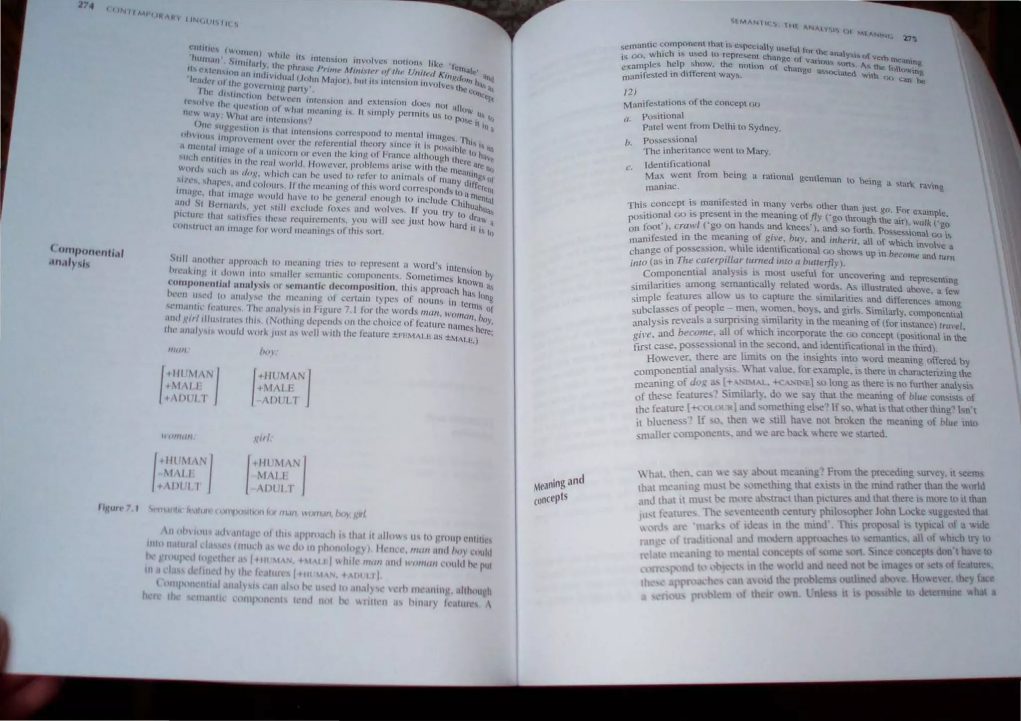 ( f IIlI,III/WIII;.1'
.111•• ,>,,;
'h;1II1' 7.'
It
('II'lt/(, IOltll',,) wI ,.
' hUIII.111 S ,. III If, IIl1l'JlIOn Illvolves , notIOn... like 'I'.
Irs ('Xl<'" 11111 ." I}. Ih,· pht.ll' I'rum' A-1I11i.{l'r 0/ 11ft' Ullill'd All C,,'lliJ1c' ct.1
~"I/I .lIt 1I111,VI I 'I (J I ' , , 'I< on ld.
'J,' It.!· " l tI.t 0 HI ItJaJor). hut lIs Jlllc",ion "wolve... lh 'hi.
• ,t, n (I,' gO'l'llIll1.L' parry' c<':()I1<.:.al)
1ht dlIIIII.:,1O I ' _ , CPt
" I I 11 lc:IWt','n I1I1Clh1011 und exlenslon docs not . II
l '0 t' 'Il' '"1"('"°11 of whal flH.'aning ,. h simply penTIns lis IO~1 lJw u 11
1It'", ..I} ""hill illl' IlIIl·n.... 'OI1,·/ . pc.)Sc it in I
(>til' 111111' t' ' I ' - <t
I ""e--'''' 1011 ' 1)(11 11111.:11,,011 I,.'orrespond In menial images In.
fI l loU, lIllPIOVc,'lIlt'Uf OVl', rhe n.:fC,.cnll~d thco~y. slI1ec it is POs'ihl I~ i, iln
•, IIh'IllilJ IlIln~l' 01 a IIII/COrtl 01 even rhe king oj "nine," althOugh til ~ to have
.... lldl.·lI!lfll·... III Ihl' Il.'jll world. Ilowf..'vcr, prohlcrn... ari....c wilh lhe n ~.rcurl! n()
(IId,,,,, 'II ' I · " . lCilllll
lg
. I( II, (OR, W/1I1'11 cun he lI ...ed 10 refer to HIIJIll.aI ... of rnall . " Ii lit
·
...,/l· ...h;lpl.·..... ;jlld C%w .... ",hl' IlH.'uning of (his word COfrcsPonu"i~) ~ltflcrelll
11l1;1'~l:. Ih", IIl1i1,1.!e would /lilve 10 he general enough Lo include Chi~mental
oIl1d ,~, Ik,""",,- yc, ""II exclude foxe, alld wolves, I,. you Iry 10 ~~hua,.
r'l"furc.' Ih,lt ...;III....IIt,·."; Ihc...e Il·(/llIr~IllCnh. you will ...ee .iu..., huw hard .r~ a
("oll.";(IIH.:I illl IIl1a1-!I.' I"or word I1lC.tnillg... of 'his "iOIl. It 1 tu
."tllI .I/Hlllll'!" .Ipproadl 10 meaning tries to reprcsc..'1ll a word's intcns'
I ' ' S . "00 by
l'C"P"Jllp II do 11 11110 /twlll'" "icmantlC compnnt!JlI."i. OIllCIIIllCS lna
('('IIII""...nll,,1 analy,i, <II wmllnfic decomposition. Ihis approach haw,o a
. . ~ (song
I>el'1I ""," '0 """'y,,' ,,'" lIIeanlllg 01 certam types 01 nouns in terlU'
't'lIIanll(" Il';!lllIl'."i , 'nll' ,"wlyl: in "'gllrt~ 7. J for (he words mall, WomaN b
S of
I I I I' -r ' OJ'
W" );1I/,I/I1"',Ii(" "m. (No"lIlIg depen" nil I,'C C 10iCC 01 eaturc names her~:
'he all,dy.,i" wnilid <11~ jll" ii' wdl wilh Ihe leature ±'+MAI I' as ±MAIL.) ,
III,,,, : /10
1+111111 N I 1+1flJIIN'i I
; 11 I I + 1,1 L
; 1)( '11 fIll I
1I'0mall XI/I
t"IIII'/ t"lIilA!'.: I
~I 1 I iIlL
t 1)( 'I I Ill'l I
~(" lI,tll It li'1't l l OI1~~j-':;llIolllcJ( "'.111,U LN11.",. h ,~ SIf!.
hll1.lI) "'.III11<s 
Me"ning and
concepts
S MAN lie '. t 1 ANAlYIS ()f
Mr "NNf~ l.7~
semantic ~()m~n~nt thal i, c'pecay u....cfu for the ,mal ~h.
.. cO which IS used to repres.cnl change of V' . y .. of vt:r) tncanlno
IS ~ • I h h ' anou.... ~n,'o;. A., lh f to
examples he p. sow. l e nOimn of Change a.....'iociated . e omoJ¥'ng,
manifested in dlfferenl way~. With (ih C.an he
12)
Manifestalions of the concept (;0
a. positional
Patel went from Delhi to Sydney.
b. possessional
The inheritance went to Mary.
Jdentificational
Max went from being, a rational gentleman to being, a ,.
'tar~ ravmg
maniac.
This concept i< manifested in many verbs other than just go. For example.
positio~al GO IS pr,esent III the meaOl~g offLY ('go through he air). walk ('go
on foot ), crawl ( go on hands and knees ). and 50 fOM_ Po>ses5ional GO i,
manifested in the meaning of g,ve. buy, and illiteri!. all of which inVolve a
hange of possessIOn, while IdentificatlOnal GO shows up in become and 'urn
~ to (as in The carerpillar runted into a bUl!erjly).
In I . .
Componential ana YSIS IS most useful for uncovering and representing
similarities among semantically related words. _As Illustrated above, a few
. pie features allow us to capture the slflulanues and differences among
S1~c1asses of people - men, women. boys. and girls. Similarly, componential
~alysis reveals a surprising similarity in the meaning of (for instance) 'ravel.
. 'e and become. all of whIch Incorporate the GO concept (pOSItional in the
~:;st'case. po ses ional in the second. and identificational in thethird).
However. there are 111mb on the inSights Into word meanmg offered by
componential analysl . What value. for example. is there in characterizing the
ina of do!:! "" [+A_ l."AL. +c_o:: 'r.-;E1 so long as there b no funher anal~'ls
mean", - th th . . hI ' f
f these feature_ ') imilarly. do we say at e meamng 01 ue con'''b 0
Of · ture r+COl 'LR] and something el e? If so.....hat i that other thing" bn't
the ea 1 , t h . - 11 '
bl .) 1- l) men  e ul1 hay e not broken e meamng ot 'ue mto
it uene~:-., l . -
1 - )M no- n'r .mJ  I! are back  here we started.
$(11<. er I....I...! l t '.... . •
 