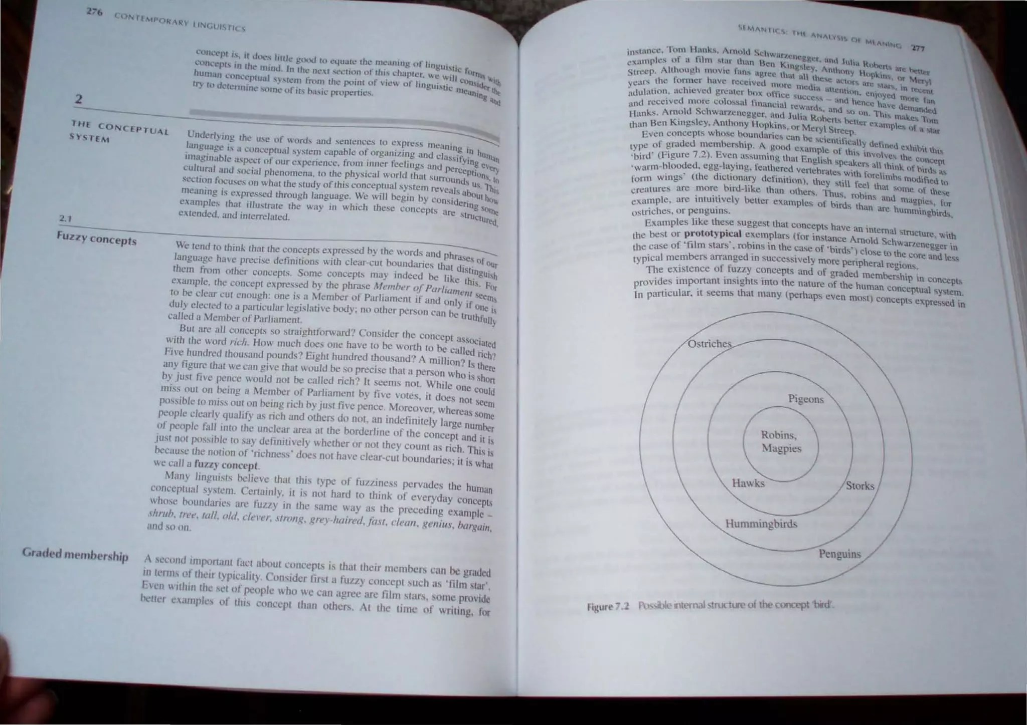 2
eonl'cpt ". it <I,,,,, "ttle gouo to 04u.u" the meaning of "nguisti . ~
l'oneept~ 'n the' mino, In Ihe ne,t ,cction of thIS ehapter, We ,1/~ol~rQI' ~it/}
hUm,ln lone"ptllal '.ISlem from the pomt 01 le 01 IIngui,tIC Illea Sider u..
tf} 10 o"lermm" 'orne of Us oa."c propenie" n'ng ""0
THE CONCEPTUAL
S)'STEM Underh in1! t.he lise of words and sentence.' to express mc.:uni"g ,
- - . " , 'n h
,language is a conceplual syste~ cllpabl" ot,organwng ancl c/a"ifYin > ~lli'n
2.1
Fuzzy Concepts
Imagma!>le "spect of our e'pellence. from mner teellOgs and perCCPtg vel')
CUltural and social phenomena. to Ihe physical world that Surrounds 10n 10
section focuses on whm Ihe study of this conceptual system reveals ab~~; ~i'
meaning is expressed through language. We w,l/ beglO by conSidering 0"
esamples thai illuslrate the way in which these concepts are Slru SOllie
extended. and intc';'elated, ' Ctured
,
We tend to think thai the concepts expressed by the words and Phrases of
language ha'e precise definitions with clear-cut boundaries that distin UOUt
them from other concepts, Some concepts may indeed be like thisg ~'h
example. Ihe concept expressed by the phrase Member oj Pariialliellt,' Or
, f P I' 'f' ,celli"
to be clear cut enough: one IS a Member 0 ar lament I and only if one'
duly elected to a parliculru' legislative body: no other person can be truthfulil,
called a Member of Parliament. l'
But are all concepts so straightforward? Consider the concept aSSOCiated
with the word rich, How much does one have to be wOI:th to beelll/cd riCh?
Five hundredlhousand pounds? EIght hundred thousand' A mlthon? Is thete
any figure thaI we can give that would be so precise that a person who is sho
n
by just five pence would not be called nch? It seems not. While One COuld
miss Out on being a Member of Parliament by five votes. it does not seelll
possible to miss out on belllg rich by just fi'e pence. Moreover. whereas SOllie
people clearly qualify as rich and others do not. an indefinitely large nUmber
of people fall into the unclear area at the borderline of the concept and it is
Just not possihle to say definitively whether or not lhey count as rich, This is
because the nOlion of 'richness' does not have clear-cut boundaries; it is What
we call a fuzzy concept.
Many hnguists he/icve that this type of fuzziness pervades the human
conceptual system, CCl1ainly. it is not hard to think of everyday concepts
Whose houndaries arc fuzzy in the same way as thc prcccdi ng example _
shrub, tree, tall, (I/d. clel'er. strong. grey-haired. /a,l1. cleal/. genius, bargain,
and so on.
(,radt·c/ membership A sCL'Ond tmp0rlant I:tct ahoul concepts IS that thcir memhers can he graded
III (t'fIllS ollhclr typicality . Consider lirsl a fuzzy concept such ," 'film slar',
h l'n "ithin thl' sct of pl'oplc who wc can agree are fllrll stars, SOI11C pro'ld~
h"tter nalllpks (If this conn~pt than othe". At the tillle of writing, h)r
1:17
, lance. Tom Han~s. Arnuld Sl;hwar/,cncuu. . ,I
lOS fi I . e>ecr anu JUlia Ro~
,nplc
s
of a I m Sl~lr than Bell Kinuslcy • h .fh. i,lfe hev-r
cxa· . . e' • I,nl ony H k ......
S e 'p Although movie Ian... agree thai an the •. , hp ".... H,r Me:n..
. tr c . . ....c actor... arc ~t" . ~
cars the for~'cr have rcccVcd n~()fl~ media attent1on. en' () .t~s.. tn recent
y.• lation. achieved greater box. oftice ....UCl:cs... and h 1 )led fl)t)rc f:.m
null I ' I r . . . ence have. d ..
d received morc co ossa ,manclal rewards an" '( T ' ttlan,d,«1
an . . u ~) On. h" m- k
Hanks. Arn~d Schwancncggcr. a~c..l JUlia ROhen... bener exam a Ci. 10m
than Ben KlI1gsley, Anthony HopkinS, Or Meryl Streep, pies III ,I 'tor
Even concepts whose houndanes can he SCientifically dcf'., "
b h' Ineu exhlhltth'
Pe of graded mem ers 'P, A good example of thh invol"e h "
(y 2 E ' • , t 0 clIncept
'b'rd' (Figure 7,), ven assumlllg that English 'peake" alith,'nk I'h'
1 J l ' f . . . () lrd." itl;,
'warm-blooded, egg: aYll1g, eath"er~d vertehrates WIth forelimh, mO(IIf1ed to
Form wings' (the dictIOnary dellllltlonl, they still feel that some of these
creatures are mo~e bird-like than others. Thus. robins and magllies. fot
example, are II1tul~lvely beller examples of bird., than are hummingbirds.
ostriches, or pengull1s.
Examples like these suggest that concepts have an internal Structure. with
I best or prototypical exemplars (for instance Arnold Schwanenegoer in
t )e • b' 'h f 'b' , ~
the case of 'film stars, ro illS 111 t e case 0 II'ds ) close to the Core and Ie"
typical members arranged 111 succesSively more pellpheral regions:
The eXIstence of fuzzy concepts and of graded membership III concepts
rovides important insights into the nature of the human conceptual system.
in particular, it seems lhat many (perhaps even most) concepts expressed in
Ostriches
Robins.
Magpies
Hawks
Hummingbirds
/ Storks!
Penguins
.lternal ,trlletLiIe of the conc('pt 'bIrd'.
 