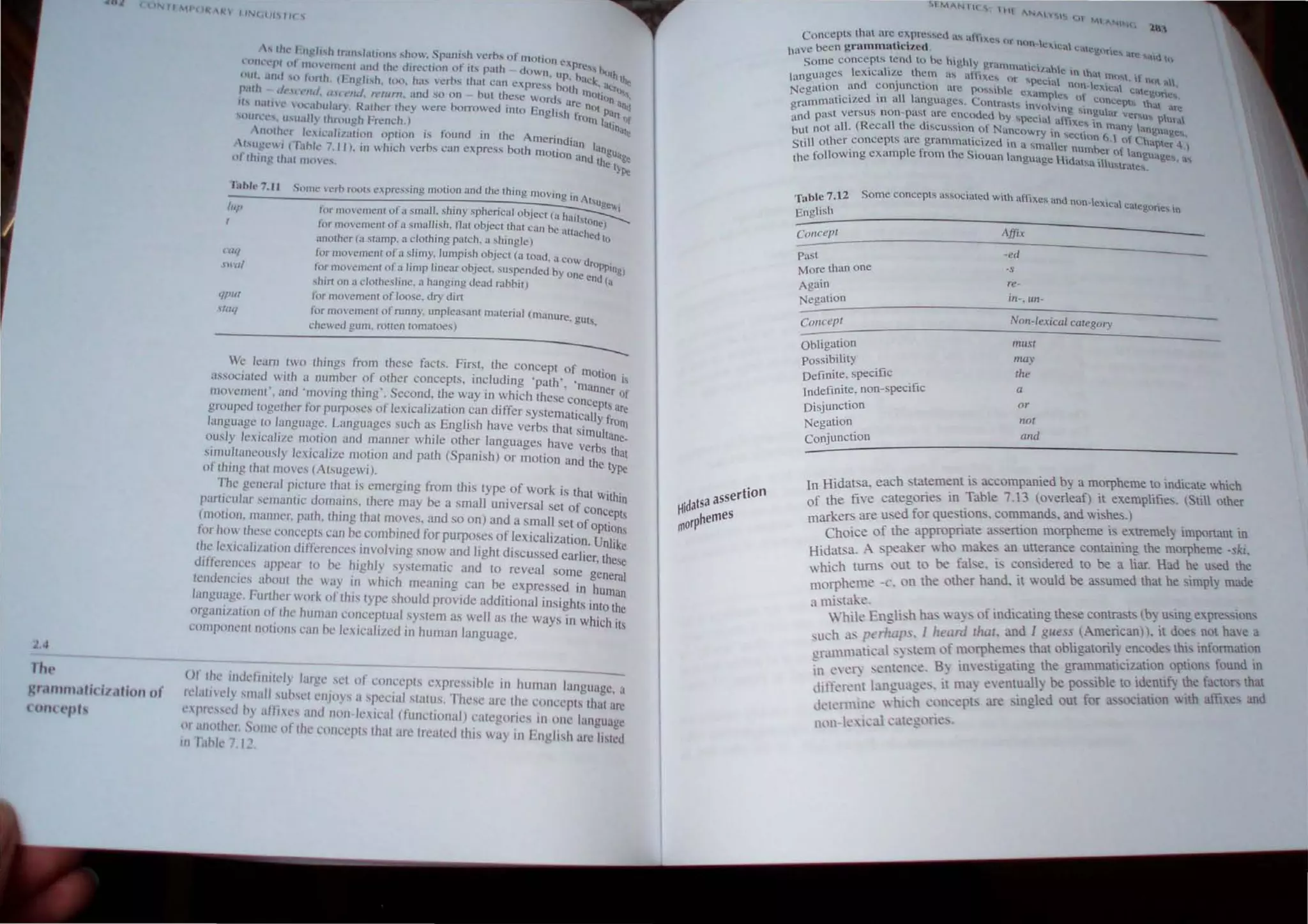 2.4
lIlt'
·r.IIlJIIMlidl.ltion ()f
(1I1lC ('ph
I,ble 7. 11 Some.' 'I:ro root."i expressing motion and the thing moving in A
-------------=---.::....-:--:---:--:--=-~~~ I'"ge"
luI' for mO'Cl1lenl of ~I small. shiny spherical Object (3 hail I
, . I' 11 b' 'lone)
tOf mon!menl 0 1a sma! Ish. at 0 ~ecl (hill can be attach
f-ael
swal
tJfJUI
,'falj
ilnothcr (;:1 stamp. a clothing parch, a ~hinglc) ell 10
for movement of a slimy, lumpish object (a load, a cow d
for movement of a limp linear object. suspendt!d by on rOPPing)
shirt on a clothesline. a hanging dead r~tbbit) c end (a
for movement of loose. dry dirt
for movement of runny, unpleasant material (manure. gUts
chewed gum. roUen tomatoes) .
----
We learn two things from these facts. First, the concept of rnot'
associated with a number of other concepts, including 'path', 'man 'on I,
movement', and 'moving thing'. Second. the way in which these concc;~r o[
grouped together foJ' purposes of lexicalization can differ systematically ;r:c
language to language. Languages such as English have verbs that sirnuit III
ously Icxicalizc motion and manner while other languages have verbsa~c_
,imultaneously lexica/ize motion and path (Spanish) or motion and the tt at
Mthll1g that moves (Atsugewi). ype
The general picture that is emerging from this Iype of work is that With'
particular scmantic domains. there may be a small universal set of conce In
(motion. manner. path, thing that moves. and so on) and a small set of OPtitts
for how thesc con(:cpts can be combined for purposes of lexicalization. Unli~s
the lesicali/ation differences involving snow and light discussed earlier, the e
difflorences appear to be highly systematic and to reveal some gene s~
tendencies about the W:I) in which meaning can be e.'<pressed in hurn~
language Further work of this type should provide additional insights into the
organil<llion of the human conceptual system as well as the ways in which its
component notions can he Iexicali/ed in human language.
Of the inul'tillitc/y largc set of concepts cxprcssihle tn human language, a
rl'latle/~ slllall suhset enJoys a special status. These arc the concepts that :Irc
l'sprcssed h) affixe,
s and non-Inil'al (functional) categOries in one language
III ,11I(lthl'I, SOllle of the concepts Ihat at'L' treated this way in I ngli.h :U·l.' IIstcd
III l:thk7 12.
assertion
~idatsa
(1lorpher11es
1< , 111 l""I~'(')'So <J
M "N~l. "
Lft 
concepts that tlrc .e~pre!-."cl1 ;." ~ttli)l.~'" hr nt)n-h!~'.. ,
have been grnmmahct'l.cd . ICd Ci.lc.;Uft!$ <
1f
t ...;U' ,~,
Some conc~pls .tC~d H: be hlgh~_ gr~tl'lmalCi/abc in th' .
I, nguuges lcxlcah/_c them a... alhxl!'io or  I'f-oC"' 1 at mh't, If 011 01
" d " , ..... 1a non-lex,:.  .
Negation an conJunctton arc posSihle exam I a. caeg1lr
1l!.
.' d ' 1I I P e, of conce h
grammat.tclze In a angungc.... Contra...,,, inVolVing  ingulaf P'''' t at .ne
, d past versuS non-past arc encoded by 'pecia aff . ver..,u<.,. -PUY'l'
"n II h d" -' Ixes In many I,
b t not an (Reca 1 C ISCUSMon of Nancnwry In e . anguagel
U " " . Chon 6.1 (If Ch' • '
Still other concepts are grammal1Clzed 10 a ' maHer numhe f . <ptc.r 4.)
. I f h S· r ( language
the followlI1
g examp e rom t C louan language Hidat,,, ilu'trate" '. '"
'fable 7 .12 Some concepts a~sociated with afflx.es and non-lexical C01teg,orie in
English
COrlcept Affu
Pasl
More than one
Again
Negation
Goncepl
Obligation
Possibility
Definite, specific
Indefinite. non-specific
Disjunction
Negation
Conjunction
-ed
-s
re-
in-, un-
Non-lexical category
muse
may
Ihe
a
or
nol
and
In Hidatsa. each tatemem is accompanied by a morpheme to indicate which
f the five categories In Table 7.3 (overleaf) It exemphfies. (SItU other
~arkers are used for que tions. commands. and wis~es.l . .
Choice of the appropriate as eruon morpheme IS .extremely tmportant m
'd t A speaker who makes an unerance contamrng the morpheme -ski.
HI a sa. . d h d th
h· h tum' out to be fa! e icon idered to be a har. Ha e use e
w I C " • • .
h - on the other hand it would be assumed that he SImply made
rnorp erne ,(. .
:1 mistake. b ' .
While EnglL-h ha. way, of indicating these contrasts ( y usmg expressIons
I .' -rlt I/H I heard rha/. and I guess (Amencan)). It,doe, not have a
sue 1 as 1'< , .• - • '[ .
. -. .-, I --(pm of morpheme that obligatorily encodes thIS In ormation
gnumn.1l1c, S s, . . . . f d .
- . - B, 'tn,'e<tigatino the "rammatJ.clzauon options oun In
. "'," -..ry scntcille... ,1 =- e . .
Il1 ~ ~ . I e ' I't rna, eventuallv be possible to t.de.ntlfy the [actor' that
n l -!'I.'nt an"uag s. _
II ~ ~hl'' h c.)n"ept~ are inoled out for a_SOClatlon WIth affixes and
detl'nmne  c , - , '"
()n-k:xtCal categorie
 