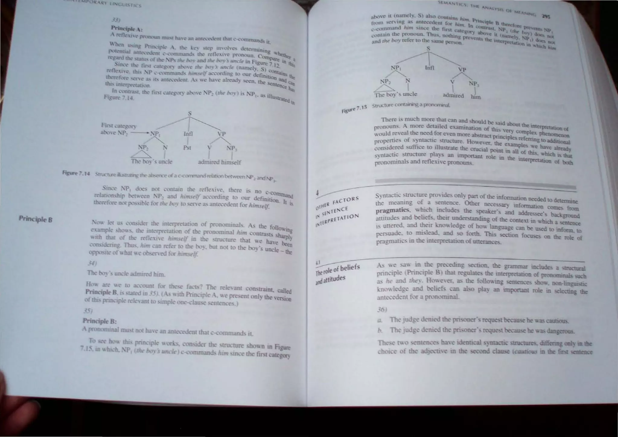 Prjo . It'S
.?,
Pr;""il*  :
 n<'~I ~ pro  In u' t h3' :tn acre '1..,1....0( (h~( ~..•........)mmand, It
'<) lei 11. 'on"d r the mterpret tron of prono.mmal~. A, the f01l0li o
example h,) '. Ih(' mr rpretauon of the prODomrn I him oonr:ra, b 'barpl~
lrh that of the rdln.1 e him,clf m the ,UU,'ture that 'II e ha e ~
('011 Jdenn;. Thu.. him ean refer to the bo). bUl DOl to the 00) '. un Ie _ tht
oppi ,it oruh I u ob>om ed for himrclf
34
The b,,)', un ~k dmired Inm
Ho'll aT  to (" Unt for tbi>e faCb'" The rele ant .::on ITaint. called
PrincipJ B. I' ' !:.It d rn 35 (A"lth Prin iple A. "e pre-.em onl) the  ersion
f thl. PllDtlpJ I'd,  ant 10 'impl one-clause. cntenLe. .)
JPrincipi B:
pro nuna.! mn. nl<C'edcnt thaI <,-command. it.
Th
• 7 15
figur .
----
~
Ie of beliefs
Thera
and attitudes
NP, I
Th~',uncl"
;
I
admired
StrtIC. tun." containlng.: PSOOOffiR"lal.
N;.
1
hun
There i, much more thaI can and 'hould be .aid about.~ .
d '1 d - . . ulelnterpre.aItOllot:
Pronoun,. A more etal e e,anllnauon of thl,; e~' co I
• J mp ex phenomenon
"ould reveal the need for e'en more ab,trac principle< ref' .
. . ' , emng to addiuona1
PronPrtle. of S) ntacnc UUcture. However. the e ample,.. ~_.
t - '11 . ' . ~e U'''e alreadv
'on'ldered ,uffice to 1 u,trate the CruCIal point in all of '~'I ' hi'h . .
... - . - ' _ Ul s,. JW C 1 that
,,,ntaCllC suucture pIa? , an Important role m the inteq>fe.atlon of both
pronominal. and reflexw e pronoun,.
Syntactic suucrure prmide, only pan of the infonn:ui.on needed to detennine
the meaning of a emenee. Other necessary infOrmation comes from
pragmatics. "hich include" the peaker's and addre:,ee', backgt'OUnd
attitudes and behef. their understanding of the Context in "'bieh a sentence
is unered. and their knO ledge of how language can be u.-.ed to inform. to
persuade. to mis~ead. and : fonh. TIu- !>CCtion focuSi'. on the role of
pmgmatics in the mterpret non of unerances.
-' we : " in the preceding ,ceti n. the grammar include. a tructural
~rin.:ipe (Prin'irle B that regul teo the imerpret3.ti D of pronominal,uch
3.' he :md d1..y. Hoeer. the follo ing senteD e:, ,hoI!.. non-linguisnc
j hef, -:m 0 pi ~ an important role In ele;.,"ting the
Th' Judge 'med the ri,
b. Th J c-ni"d th pn, n r', reoque.:t l>e-c:J.use be
in the
nte e
 