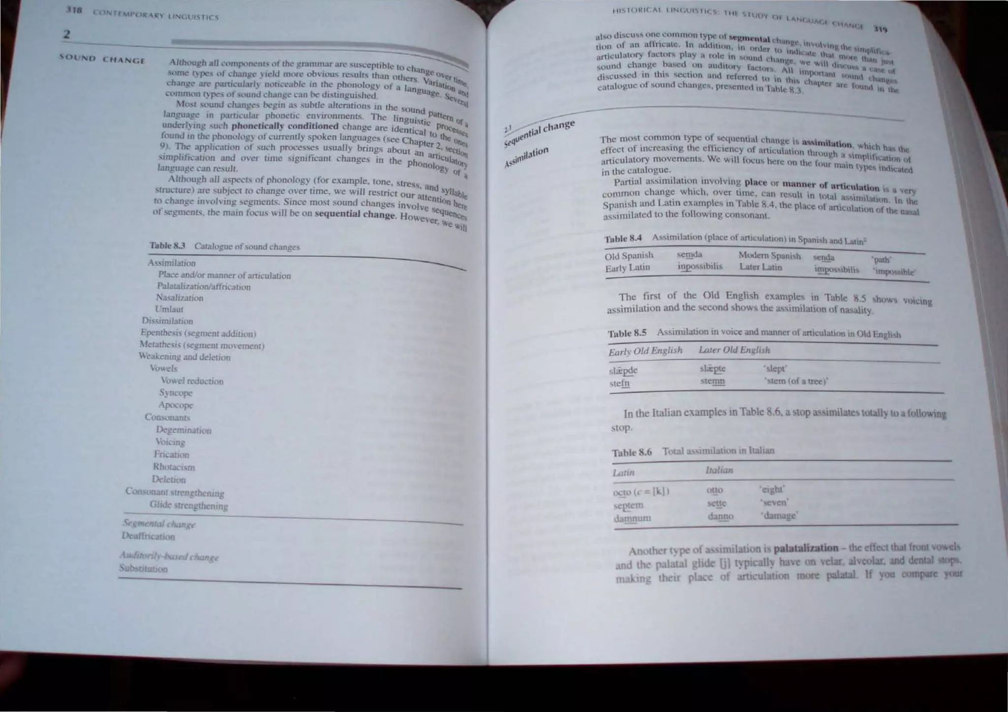 Ol
n '- H ~"'Gf A/thlll/gh all L'<'0lp'1J1""1' <'flhe gnunll~
:l)Olc'" 1)0 J:Ie' of I,,:'h3n!!~ ,} lelJ more ob'lous results than others ~.t! ?ver ti
I.'hangc :tre paI1h..~ularl) Ol)lil:eahle in (he phonology of a I. .. ,ilrialtofl~'
Common l~ re... of sound ~hangc can be distingujshed. anguage. Sev
ClOd
!thl sounJ ch~UJg("_' hegin a~ sub[le alterations in the So d elitl
language In particular phonenc environments. The ling u,n, . pattern
unJerl) ing ,u.:h phonetically conditioned change are iden~~~;C prOce~~a
t,'unJ In the phon%!!) of currently 'poken language, (see Ch to the 0 '
(Il. The application of such processes usually brings about apter 2, ett~
"lIlp/ilrcation anJ over time significant changes in the P::nartlCUlato~
language can result. Ology of :
Although all aspcc!., of phonology (for example, tone, Stres ' •
qruclure) are subjecl 10 change over time, we wilJ restriCt ou' s, and 'Yllabl
... r aUenf e
to change In'Oh'ing segments. Since most sound changes involve' IOn here
of,egments, the main focus will be on sequential change. Howev:eqUence,
r, "'e lI'ill
Tab/e 83 Catalogue ofsound changes
A'lmi/alion
Place and/or manner of artlculalion
PalalJ.lizalionlaffricalJon
:-':a.s.aliz3tion
l'm/aul
Di~simiJation
Epenthe,i, (segment addition)
.1etathe"i! (!egment mOl ement )
"akening and delellon
 bweb
oeJ reduCU(lfl
Syncope
Apocope
Con,onant.
De-gemloauon
biClng
FJi tIon
Rhcra<'1.'rn
IX-ktion
Coosonanl lren?th~ning
~_G..d~ tn'n~thenrng
-----
{' --------- - -~-
bas de
n
n
II"
nbu (.h~cu",'" one, common lYfM; ot ~~mtnlu' I..:h'lIl •
tion ot an at,'ncalc. In aUOtllun. 1ft hrl- ~ • tovu"lng,1he, ,
cr to "I(h Illp nl..~
'U1icuiatory factors playa role In OUIU ' ' l;.j,1C th", IHtlt.- 1,. '
~ .. 'al)~eo we 1 ~ II lU 
...ound cha~ge ~).a~ed,on ~'Ul"lOry tal:hU 5. 1' lin WI,' 11 'II l c. u
di...eu......ed 111 tl'l1''' ,cetlOn and rcfcfn:d 111  ptJtl..tnt OUnl "'""--n
11 ttt l:h'lPl '-101. ll!
catalogue of sound change.... prc",clllcd in 1unle ~.3. . CI an: "'Uhlt In
The most common type of sClluemia change" a'm'" t
errect of increaSIng the effiCIency ot articulation th I a
h
on whIch ha In
. _ roug. a "lmnit' ..
articulatory movements. We WIll locus here on the f . I' tl.:i1Hm (It
in the catalogue. (Jur rnam lYi>C5 in(tcl.11·(~
partial assimilation involving place or manner of art· I 
h h' h ' .cu at on I ., 'cry
common c ange W Ie • over lime. can result 1n lOla a<' 'I '
• , ~ "'in" a'l(Jn. in the
Spanish and Lalln examples en fable 11.4, the place of artlcul,t r h
assimilated to the following consonant, a '{)"" t e nasal
Table 8,4 As,imLlalion (place of arlIculabon) to Spani,h and Lahn'
Old Spanish
Early Lalln
<emda
i!!£O",bllis
Modern SpaOl,h
Later Latin
"''l...da
1~"lh,1t
'path'
'llIIpQ&Olblc'
The first of the Old English examples to Table II.S ~h()1", voiceng
assimilation and the second shows the assimilateon of nasality,
Table 8,5 Assimilation in voice and manner of artIculation in Old Engl!>h
Earlv Old English
sl;£~e
stefn
Larer Old Englilh
'~Iept'
, lem(nfatreef
In the Italian e,ample In Table 8.6, a top a imilat~ totall~ to a follolng
stop,
Table 8,6 Total
Latin Italian
~o« = 11..1) OljO 'eight'
"'Elem ,en'
~ ,um <lanno 'damag
Another t) pe of urulall 11 palatalization - th e lee'
nd lh palatal Ii IJ) lyp Jy ha~e elar, ah Iar and
maklfl th if pi e of arti ulauon more palatal If cornp;sre
 