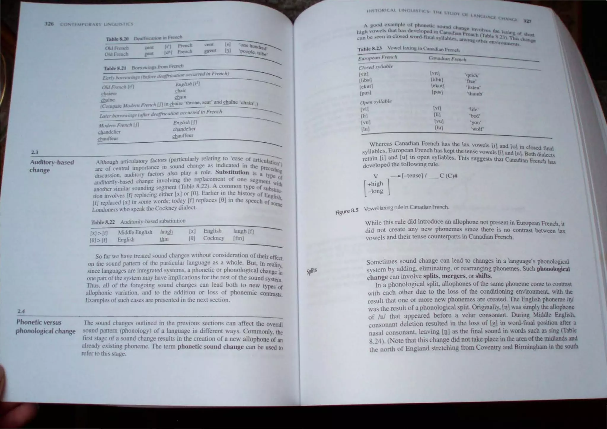 2.4
2.3
Auditory-based
change
EM
Phonetic Io'ersus
phonological change
~'lfc.. rs
IhJ~m F",nch rn
~lier £h3ndelier
.:luutfeur ,"hautTeur
~~------~~--------------
'I'~ h '-'culalOl)' faclOTS (particularl) relating to 'ea:>e of a~1
.
.... moug ~u . d' , atiOO')
are of cenrral importance in sound change as In lca~ed .In the P!"ec!d'
di . " audilOry faclOrs also play a role. SubshtutJon is a h. III
,cus>lOn. . , . f ' J pe Of
audilOrily.based change Involvmg the replacement 0 one segment
. ' . T bl <, "I A . , ....Ith
ano!her similar soundmg segmenl ( a e 0. __ • common t} pe 01,uh
. ' [n) Earl ' . h hi 'lltu.
rion invoh'e; [I] replacing eIther [xl or u. ler In t e story of EngJi h.
[t] replaced [x) in some words: today [I] replaces [9) In the spec,h of sOftIe
Londoners who speak !he Cockney dIalect.
Table 8.22 Audilorily·based substilullon
~~~~~~------~--~~=-~'~
h--~~~-------
[x) > [I] ~liddle English laugh [x) Enghs laugh [I]
[II) > [I] English !hin [e) Cockne) [flO)
~~--~----~--------------------'--'
So far we have trealed sound changes without consideration of their effe(1
on !he sound patlern of the particular language as a whole. Bul. in reali!).
since languages are integrated systems. a phoneuc or phonological change i
one pan of the system may have implications for the rest of the sound system
n
Thus. all of the foregoing sound changes can lead both to new types of
allophonic ,·ariaMn. and to the addition or loss of phonemic contrasL~.
Examples ofsuch cases are presented in the next section.
The sound changes outlined in the previous sections can affect the overall
sound pattern (phonology) of a language in different ways. Commonly, the
first stage of a sound change re ults in the creation of a new allophone of an
already existing phoneme. The term phonetic sound change can be used to
refer to this ,tage.
s
plits
.t. I .t.!I( l U (UI 1 H
l"l l UO't If 
-
:i::.
....:,,~,/,.._"_'_'_F_r
..
_"_,·h
______
....:.
'•.::
..:::
'tan I f ..nch
Clt)<;t'(/n-/l(lbJ~
[,itl
[1i"~1
[<, utl
Il'us]
Opt'"Y,yllanit-
1 i I
llil
[ u]
[Iu]
[ ttl
llth'1
lekut
1"'>-1
' h'l~n'
'thumh'
·ltk·
'he<l'
'you'
' wolt'
Vherea" Canadian French .has the lax vowels III and l l ' .
, E F ' h h ' " In do",d final
syltabk'j' ~o[pelan renc ~s kbeptlhe tense vowels li1 and luI.Bolh dialect.
relmn [I an u tn open S) a Ie . ThIs suggests that Canad13.n Fr ' '
developed the following rule. enen na,
y - [- Lensel ' _ C(C)#
[~:~~; 1
vawel laxing rule in Canadian French.
figure 8.5
While this rule clid introduce an allophone not present in European French, it
did nOI create any new phonemes ince there is no Contral.l betvoeen a:<.
vowels and their tense counterparts in Canadian French.
Sometimes ouod change can lead to changes in a language' phonological
system by adcling. eliminating. or rearranging phonemes. Such pbonological
change can involve splits. mergers. or shifts.
In a phonological pht, allophones of the same phoneme come to contral.l
with each other due to the 10 s of the conditioning environment. with the
result that one or more ne' phonemes are created. The English phoneme lUi
was the result of a phonological plit. Originally. lIJl was simply the allophone
of /nJ that appeared before a velar consonant. During Middle Engli,h.
consonant deletion resulted in the loss of 19l in word-final position after a
n3s31 consonant. leaving [IJl as the fmal sound in ords such a;, sill~ (Table
8.:!4). (1 ote that this change did not take place in the area of the midland' and
the north of England stretching from Coventry and Birmingham in the outh
 