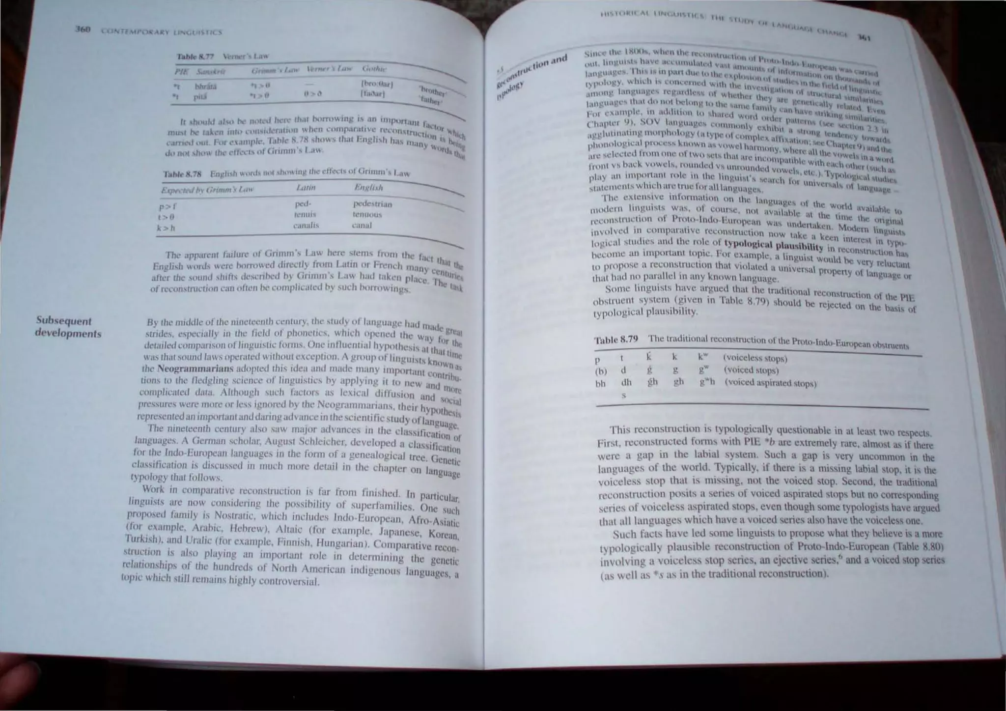 Subsequent
dellelopmenh
'1
'1
p-.. r
1 ...... 0
k > h
f'<.'t/
(l' IIII"
~.Inah ~
"'IO,tI,111
11.10.11'1
fll.'·,k .
...rfl;UI
r(' fltH 1U ~
1,.:,111.1'
-----
Th~ ilpp,lrcnl 1;lIlur,' 01 (or/111m ', La", here ~1<'ll1s Irolll II", filer In
!:neli,h ,,,,,.I, ,,,,rt' norroweJ dlrcclly lIolll L.UIII or h"lIdl Illanv . ,II In
- , I h (' , I ' . h' I I J cenl"
nht.'r lh(' .
...(lund ....h,tt., ue..,....cnhcl }, ,rUllln S .•l.. .Il WII.'I1 pl.H:c I q~
offt~l'<)!],'rul'ljt)n cun olh..·J1 he (,.'omplll:alcd h) " w:h horro..ings. he t.l ~
l3y Ihe miJd/t' of Ihe nineleenlh ('elllury, Ihe sludy of lall!!Uil!!l' h'ld III I ,
slrides, c.
'pc"in'.'} ill ~he Ikld 01 phoncl"'s: which .Opl'l1L'd Ihe w,,;'l'll~rl'.1
del",led companson 01 IIIlgillS I1(' forms. One Influenllal hYPOlhesIS III til ,Ih
I . I ' ' A '1 ,Ullln ,
"ii' Ihill sOllnd laws Openlle! WlllOUI eccpllOn.., group 01 1II!!1I1S1, kn
. .• I h' '.' I " ' "I.n'l
Ih~ Neo~rammartllllS auOplC! I IS luL'a .iIll maul' Illany IInp0rlant e l • 
. 1 I' I' .. h i " I Iltnh"
11011. 10 Ihe I edgllllg SL'lenc,' 0 IIlgIlISIJC' y apI' )'lIIg It 10 Ilew lind
complicated datil, Allhough such factors as !c.:xit'aI dillusioll an" ntore
. u ">Clal
pres.
,urcs were 1lI0re or less Ignored oy the Neogrammanans, Iheir hyp h '
d . .1. " I . I ' . . ot ell,
rcpre.lcnte an Important anu uanng lI( vance IJ1 t le sClentil ic stUdy ofIan .
'fl ' h i ' d gu,lge
Ie Ilinctet'nl celJlur} a so saw IlJaJOf a lanccs III the da" lficat'
languages. A Germ,lI1 scholar, August Schleicher, devcloped a d:lssirl~.>n 01
f· h I I '" I . I t· · Icalion
or ( c ne 0 ' europe'lIl anguages In 11C orm ot a genealogical tree G,
I t- . . u' I . h 'J . . cncllc
c assl IcallOIl IS ISCUSSC( In llIUC more dctru In the chapter on 1
'1
, nguagc
typology Ihal fol/ows.
. Wod. iu comparalive H:collstruclion is far from finished. In panicular
IJllgUISI.I arc now consldenng the posslotltly of supcrfamilies. Ou ' , .
I f• 'J . N . " C slIcn
propose( :11111 y IS , OSlrallc, whlt'h Includes Indo European, Afro-ASiatic
(1111 nample, Amolc, l!ebrew), Alta,,: (for example Jal)'lIIcse K
' " . . . r . . orCUIl
l urKlSh). '.lIld UralJc (tor exallll~le, Finnish, Hungarian), Conrp:mllive rccon'
S~'~lctlon IS also plaYlIlg an Important role in determini ng the genclle
ldatl(1llshlp. of the hundreds of North American indi"ellous hngll' '"
t . I h 'JJ ' '" ' . ges, II
oJlIe II lit' ,II remalllS htghly controvcrsial.
III 11l~11 '" I tNt-II! lit
1111
1 1 I i'W I II
"',
Sl1ln ,II," t KlXhi. . 11"1 lh , I n ..:t1u 'ttUi. 1ulIl)t 10
'
,,,I lIu.'ul't! h.we Iln llll1l1l.,tn l v ", I lIt() I,,,t.. , lil t
' . I . ''''11 11111 III ll "or'.I' ~"
l.l Ut!IHI).'''·S , 'hl'- ,.. 11 I'at l lU I' III Ihl. ''' 1110 ' 1111, II Itl"""1 'Ihl) lin Ih (", C tIl d
III)""'!!Y 'hu.h I U lU'-T llh: tI '"- Ith II. , I lu,l! llihe ll 1 nl Ilf
~ 1I1 1~  0 I  I,t lI,
~"HH!l tan '"a~l" 1 I.,~. tl tth·'. 0 ' Ih l.'1'" t ~., IIlH It lUt hl,,, U
'llI.:
• I ' I tI t ' I,~ Y 111' • • Uhllaull
1.1I11·lhl!"·... I hH , 0 nu l ',.' Un )' 11 II,,: .11 • I I Ih"II4...'Y h  'I •
r 1 .1 l ,11111 ), tun' I  '4
hH l""mil .'. tI <1.u llhm I n , 1Ml l'< Wu I I  .I'tl! I~HI H  II
. _ It_ 11111' 1 patt _ 1 01.1111
( 'h~lptl'l (l,l. S()V .UI g uagl" :t'1H11l11ltIv • 1'1 t 11 I 't~ • -'lIn " '
I , J l)" 111 i 111 "  11,
I"1!htIIlWllllg mOlp IU " BY tol ' Y1
Wn l l:ol1l' " I )"~ h' IU"III~ I
~r ' I ' I 'x,.tI .... ilhon ..... ( .1 ,.....OU(
Ilho n u lugtt.:n pHll·....~~ ,,111) 1 iI... VlIWl" 1'1.11 ' 1 '.lltl...·I} I . I I
" • IlIly,w hl' n · '1 I ' " Il'
I ~ ,"'Il'"'h.'d 11 0 m onl' ul tw o ..."",... thut 'I t' III . ' 'Ie " " Wt:'h, In U'" I
I ' , • l ')1patlhll- With ' . """I(
lI ont v... hack vnwl'li-t. lUll1llll' ll V1-o, Utln
,HIIl.lc I I , l',U h t)hl' IMI{I,
' . ' (Vl)Wl·" Cl., ) ~~
1
11'IY 11 IInpOllant Utc H the- 'II n lll "'I '~"''' ·'1 t ' .' YPOt)~lC' hhI '
• . . l"" " I: .1 l  1 UIlI ,,"  
:..l ah; llu..' nt , w hich HI C ' .llIC for alllal1 ~lav,cs, .: 1~a " Ht ;Ui! IMV'
T he cxtcn:..v(' inl olmatinn nn ,hl' hI'"' ' t
' ' - , - ' r" 1,lp.l'~ () the W()r 1 . .
Itlotie rll h ",gUt1-o1S W.IS, 0 1 COlll sC, nut av',1" . . ( ,IV,lllahk III
. I' , • •1) l' ,It the tllnl' 1 •
I'l'(.'()1...lntl'ttllll 0 1 rutn Indo ' ..urnpc'l1 W',o., lin' " " ',nt~Ia
. . ' " ort"~on M, " I
Invol ved lit clHnpatall vC rcconstnlclion nnw 1',k ' ' k . ll l:rn IO)!.lH,
I· I I • C.I ecn IIIC
IC" '
1
0,,"::11 SIUl ICS ant 11C rolc 01 lypolo~ic"l plnuslh'I'1 ' In IypII
"' , . . ' 'I Y In I'CClln' !ru '1 c
hCCOIll! an Important WpIC. hlr CXllllplc '1 linou'l I Id ..... C 11m 11:'
, ' ~ 0 s W OU tno! Vcrv . '
to propose a reconstrucllon Ih:I violatcd 'I univcrsal .J re U
C
lanl
. ' . property III hn'" ,
that oad no purallcl In any known Ianguagc. • eu,lge I)r
SUI'l! linguists havc argucd Ihal the tr'ldilmnal r"CI I ' ,
, ' . ' ~ lOs ruelllln nl the I'll'
ohstruent system (given In Tahlc 1l.79) should he rC
j
'ccI"d I ... h , .
. ·...·1· ~ • n IIIC a, 1S 01
typological plauslu' Ily. .
'1Ilhlc 11.79
P
(h)
bh
t
d
dh
s
The Iraditional reconstruction nl the Pnllll"Inun·European ub" nlclI"
k k kW
(voiceless slllpS)
g II SW (voiced SlO
ps)
gh Sh S"'n (voiccd asplraled SlO
ps)
This reconstruction is typologically questionahle in al leasl two respects.
First, reconstructed forms with PIE *b are extremely rare, almost as if there
wcre a gap in the labial system. Such a gap is very uncommon in the
languages of the world. Typically, if there is a missing labial stop, il IS the
voiccless stop that is missing, not Ihe voiced stop. Second, the trauilional
n:construction posits a series of voiced aspirated stops but no correspondlOg
scries of voiceless aspirated stops, even though some typologists have argued
that all languages which have a voiced series also have the voiceless one.
Such facts have led some lingub ts to propose what they believe is a mme
typologically plausible rccon~truction Of.Proto-.lnd~-Europc~n (Table I.tI.O)
tIlvolving a voiceless stop sen es, an cJccl1ve senes, and a VOiced slop senes
(as wcll :,S · s us in the traditional reconstruction).
 