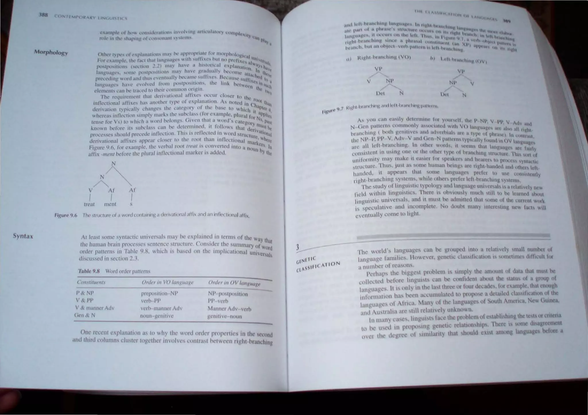 Syntax
Morpho/Oil ~
;'
N
/~
N
V AI At
I I I
tr~," ment
flgurt~ 9.6 Tlw .tlULtlJrt' of.1 wOld (on/.li/llng tI dl'riv.lIioll.lJ .llti, ~lIlcl.Ir)lnfll·( (1011.)1 tlllix
At le;!sl some SYlllil,'tic lllllvers,,', may be e'plailwd III tenn, of the H. I
- , . ~'I) 11'11
Ihe humall nUlIn pron's,,'s M~ntl'lll'l' slluclur~ (oJl"dcl Ih,' 'lllnlnary III '
order p;!lIerns ill Table l),M, which is based Oil Ih,' Jlnplicalional lIniv ~I"d
dJS(;ussed ill section 2,,1 "s,Ii,
Table 9,8 Woru order paJll'f/lS
( '(}fHIItIlt'n/,
I',~ NI'
V'" 1'1'
V '" ""I11/ler Alh
(/"11 '" N
Onlt'! III  '() 1l/II,1:IIl/I((' (J"II'/' III IJV I/II/lillllli"
I"l'posilion NI' NI' pmlpo'Jlioll
vcrl> 1'1' 1'1' verh
wlh /11(11111.:1 Adv Mllllnel Allv velh
JlOUf) ~(,.·lIilivC' !!l'IIIII Vt' 1101111
--------------- ---------- -
Olle 1,'n'lI! nplalla!IOII ~s !1I why thl' word mdl'1 prop"I!i," 111 Ihl' ,emil"
alld Ih" d COhl/llIIS ,lusI,'r logethel illvol Vl', ,'llIllrast hl'tW""1l 11~'hl hi andllll~
"I
3
1111 I.,IIIl. (II
 1, I'~I'
1~lrhl hlIlhtl~ (I(l)
'" ' .d  hl,"hhlllL 1t1V.
VI'
VI'
V NI' NI' V
Ih'l N I h,t N
The wllrld, langua't" can I,' loupc,l ill"l a le"'"vely 111" lIurnlt<:1 II
lanvua!!C l'IIIHIi,", liLICCI , 'ellcllC CLl''lllcalion I~ 1l1ll'IIIIl'~ ,rIll 1I1L ..1
,lIlUIIlIK'lllllca")(l,,
P"lhap' the higg"si {'/llhklll I~ IItlply Ih" ,lIllllllll II ,Iala that 1111 I I
,'(llk'tt'd Iwl"I' Irll 'lll,ts call Iw 1I1II1t1l1'III ahuut Ill<' lOll", II ;1 '''HII' III
1'llIglla!l"s, I "'lItl Lli th.: Lt,llhlce '" IllllI,k~,l!k" fUI t:~,IIIIJlk.thal (11I1Il ,It
itlllHltlallll1l ha, hn'l ,1<:l:lIlIlUblcLllll plllpll'" a L1,'Llllt',1 dOl'> IIt';'IIIll."1 11L~
till 'Ilag'" '1I,ti....1 1.ll1 "I lit" lallgll,'gc 01 Suulh 1lll'lIla ~lI 1,,1111,',1
IIld .lI,lt.llL:l ,ll" ,ltllll'laltl'1 ' lI1..llllI ,
, III lIl,lll l'ol'" S, Ilil 'Ill I I,ll; lit" 1'1 "hk III III .; I Ihli IUllg III Ie I IIf I:lll lIa
hI hI' usnl III 1'1)1'" III' ',lIl'llC: I lall)" 1111" , I h I IS 111111: til ,l'l m III
II 1
"1,' ,II IIt.Ll houhl • I IUIl :1II 1;111 'ua 'e I tuto;"
'l'1" 1;: c.: :
 