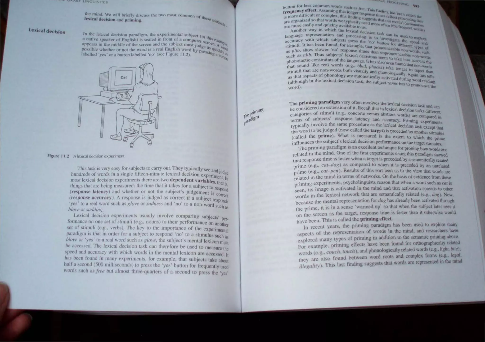 the mind. 'c ill bndl} lh-.;L'u", (ht..~ tO J1IO~1 L'OItIlTIOII of h
lexicaJ det'ision lind printinA. I .'~ I)l~p.
'''''4
Le%ical decision
In the le.ll"al u':":-'-'lOn pilIiJuigm. the c'"pcrimental subject ( .
. . . . . . f f·. 111 th,
a nallVC spt:akcr oj Engll....h) IS seated In ronl (~ ~l (.;OITIPUtcr sere ~ e~all}
apP<'ars III rh~ miJJk of rhe screen and the subject must jULlg .. "n. A "PI•.
. d . . I E I··h " a, ,.... "r.'
po:-'.<';lble  hether or m,l( the wor IS a rea ng IS word by pr. ," "1"" 'ell I.
, F' II 2 "Ss'nu ~ ~I
labdled '~,' or a bulton labelled 'no (see Igure .). e a b~t
. ~
Figure 11.2 A lexical decision experiment.
This task is very easy for subjects to carry out. They typically sec and'
hundreds of words in a single fifteen-minute lexical decision experimeJn~dge
most Icxical decision cxperiments there are two dependent variables th . In
. h' k f' . ,at 'S
things that arc being measured: thc time t at It ta 'cs or a subject to res .,
h b· , . d POnd
(response latency) and whether or not t e su ~ect s JU gement is co
. . d d 'f ' rrCCt
(response accuracy). A response IS JU ge as correct I a subject respo d
'yes' 10 a real word such as glol'e or sadness and 'no' to a non-word such"a~
bIOl'l' or saddillg.
Lexical decision experime~ts usually involve .comp~ring subjects' per.
i(lfmancc on one SCI of stJlnulJ (e.g., nouns) to theIr performance on another
sct of stimuli (e.g., verbs). The key to the importance of the experimenIal
paradigm is thaI in order for a subject to respond 'no' to a stimulus Such as
him'£' or 'yes' to a rc,t/ word such as glm'e, Ihe su blect's melltallexicon OlUS(
he accessed. The 1t;xlcal deCIsion task can therefore be used to Illeasure lhe
speed and accuracy with whIch words in the mental lexicon are accessed. It
has hcen fuund in many experiments, for example, that suhjects lake ahoul
11<1/1 a second ('iOO milliseconds) to press the 'yes' button for frequently Hsed
wtlJdssurh as F"I' out ulmost threetjuurters or a second Itl press Ihe 'yes'
111 ..-",(
k tt(lIl for Ie,,' l:omnm1 word" 'Ulh ., • 40'
"lI . . <.. It.,  .
fr"(IUcnc"
. effect A......ulnltlg hu 01'''''1·  "nlhlI, n ,
L • ~ 1!"'l4.Hl • )t.~1l t. 
11l0rl' dltficuh or complex, th,.., hn"hnl> lUl"lHdcq .~ _ l the.
IS . d . I ,. "'l~~h~M1  l'fllCenin
'> ort-.allllC !O.O t 'i.ll won"" We lOu.:·'v ' la "Ur 11U"nl. 1.1 8. 'h.l
urc e - . . J I' ~ J nt.::t:'{ Inti • I "" UKu .
' trC more ca!O.ty and qUlcky "W11;.lh..: ill u.... fI.: () ton (tnt" rt~(U h.f~,
• Another way in which the lexle .1.. . ~n Y.I(ln )
. • Uel..:l....'hn la...... c.
l"nguuge repre~t!ntat1on and PrtX:c~""lnl "I' .m he u d 0" ,
' . h' h · e: -. t) In'e~ ...J.:p ,,~
, "Curacy wIlh W Ie Ub.1CC1S pre... hl! 'nl' I.. gae the """'" 
,Ie f ' ) ".loo 0 "'f ,"'"-..., dlU
t 'llllulL h has been ound, tor example th.t p r u en.'nl In.o. 
S . ' • .• • rnnuUnccah. J I.... II
as plih, shOW ~lower no rcsponC limes h..m un t: nl}n-Wt1tl.h, ,"ul.:n
ch as nlib. Thus ~ub.lects' lexical dc.c,....l)n'- ~, prunouncc_ahc nhn-"Nhh
su . .. '-, ...c.ern 0 take
hunOaCl1C conSlral1lS of the c.mguagc. h h'l "I ~ { nlo i.tCClUnt h~
P . . . • - • so uCc.n (lund h'
Ih'lt sound like real word, (e.g., hlt"l, IJlw('k,) I'''' I a n".n·"""d,
e . , ' ....c unger to
stimuli thaI arc non-words both VISually and phonologically. 1 rejecI tn'ln
s that "spects of phonology arc automatically aCiv','d d . gam In" t<lh
u, . hi' I d .. 'c unng Wlrd r" d
(allhOugh In t e ex'ca CCISIon task, Ihe subject never h ea 109
a to ?ronnunl.;c, lhe
word).
The priming paradigm very often involves .the le.xical decision tas" and Can
bc conSIdered an extension of It. Recall that In leXical decision task, different
categories of ~lIm~h (e.g., concrete vep,us abstract words) are compared in
tcrms of subjects response latency and accuracy. Priming experiments
typically involve the same procedure a., the lexical decision la,k except that
the word to be judged (now callcd the target) is preceded b)' another "imulu
(called the prime). ~hal is measured is the extent to which the Prim~
influences the subjects leXical declston performance on the target ,timulus.
The priming paradigm IS an excellent techntque for probing how words are
related in the mind. One of the first experi.menL~ using his paradigm showed
that response time is faster when a target is preceded by a semanticall), related
prime (e.g., cat-dog) a. compared to when tt IS preceded by an unrelated
rime (e.g., cat-pell). Results of thiS sort lead us to he view that words are
p I ted in the mind in tenus of networks. On the basts of evtdence !rom these
re a ing experiments, p 'ycholinguists reason that when a word such as car is
porn 'ts image i activated in he mind and that activation spread" to oher
seen, I . 1 I d d N
d ' n the lexical network that are semanllca y re ate e.g., og). ow,
wor S 1 • .
the mental repreentatJon for d(l~ has already been actIVated through
because . , ' . . .
. 't '1' 'In a ,~n,e 'warmed up so that ....hen he 'ubJect later sees It
the pome, I. . ~ . . . . .
th~ screen as the target. respone lime IS faster than It otherwISe would
on ~ - ,. IT t
hase been. Thi,. is called the pnmmg e ec.
• . . th.> priminu paradigm has been used to explore man~
In rccelll ~ e:J.l'. ~ " . . . . .. . .
f th > ~>p~>sentation 01 words III the mllld. and researchers huse
Peets 0 ~'" ~ . . . ....
as· .. ., of rimmg. in addition to he semantic pmmng auvve.
e.pon:d man) I) pc. >rPI'Ph hae been found for orthographically related
1: . '.:lmpk. pnnl1ng c CC. . I· h b· .
01 C . / ./ ) "nd phl)nologicall} related ....ord, (e.g.. I~ I, lie),
. I'.' <,(llIl 1,1(111( I ,~ I I
WOIlS,C,,,,,,. fmnd between word mOh and comple. form' c.g., eg.".
th,') an: ai,"). I fi.l' gg."to, that words are rcpresented III the nllnd
ill,'<:a/iI'·). 1hiS b t mumg. su c..
 