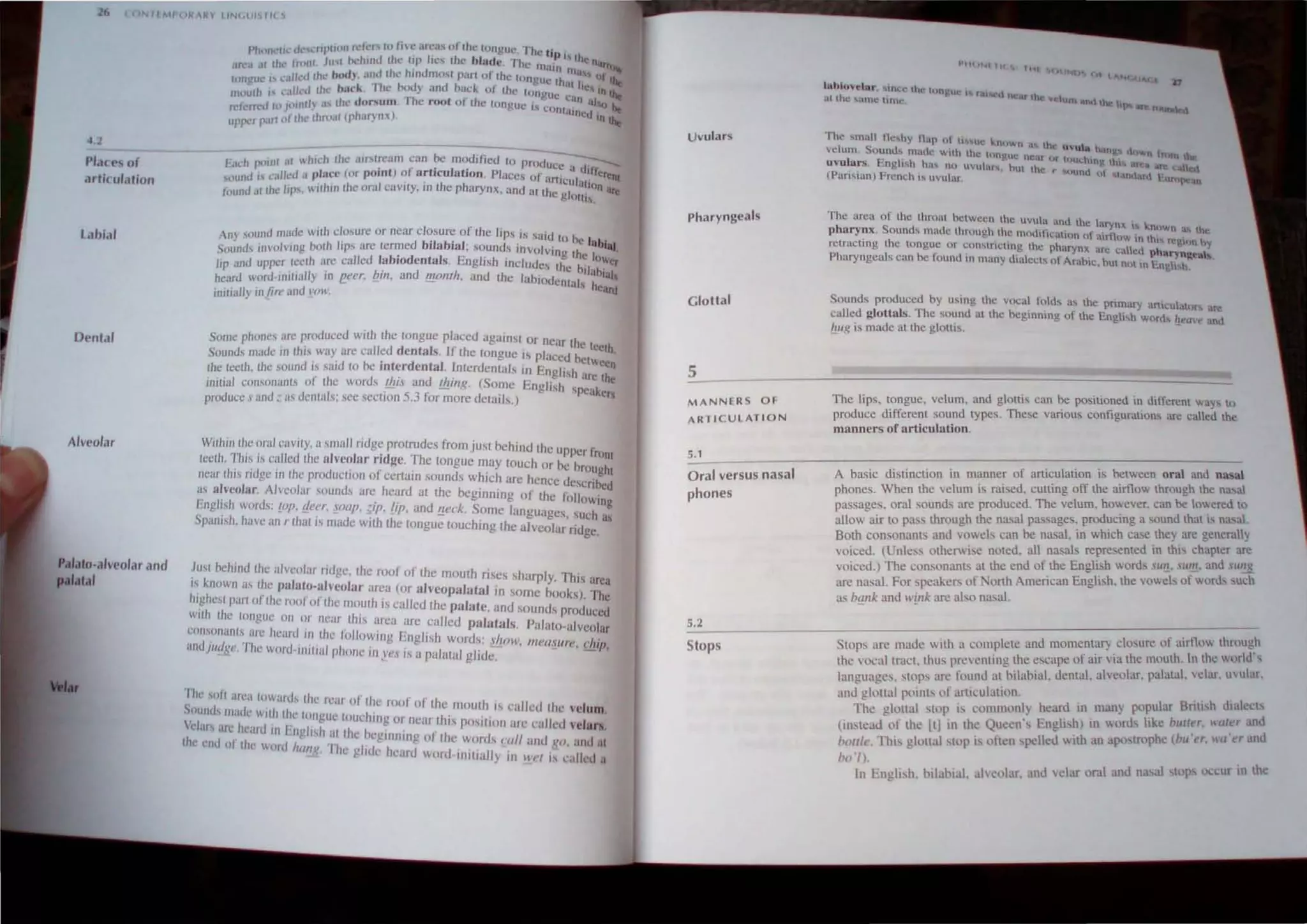 1(, ("'I[Mr,,~ RY IIN(.UI~ ", S
4.2
PI.I< l' of
drlic ul.llion
Labidl
Dental
Alveolar
Pdl,1I0-dlveoldr and
p,lIdl,11
PhlII1CU-': deS("IlplHIfI fl.'It.'IS ", tj'C' ur~a, llf 111l' Inugut,,_ I"he ti
arca AI III In.nl 1",1 t>dllllli the lip lIes Ihe Illade. The . p 1. Ihe nat
,. h h' d ' m.lln III' ..""'
longue I~ ("".tlled th(,~ hod) ••lIlu' (,.~ 10 mo.,( pan ul ,the tUIl'uc . ,I S of the
muulh " ,·al"'.1 Ule llu,"I. n", btlJ} and had 01 Ihe Ion l,h.1l be. III ••.
d Th guc C"I .'"
rctcrn.'"d (0 ,00nth u thl'" ortum c root 01 the tungue I, . I ..he) ~_
" h <I'lIIall1 ..• . '..
upper p.lr! ollhe Ihrtl.lllp aIY"'). c" In In.
I:;h POIIJl II "hlch Ih, aiN~cam can !'" m~dlflcd III ProdUCe a d'
",und I' L'.!lkd ,I place (or POIllt) of artIculatIOn, Places of.' II IcrcOI
I . . artlcu"'l
luund .lllh,· lop". wllhm Ihe ora cavlly. 111 Ihe pharynx, and al th ' IOn are
e gill""
Any ,,,),,,d milde wllh d(lSUre Ilr neflr clo,ure of lhe lIps i, said h
OIunds II1volvIn!! oolh Jrp' ure lenned bilabial; sound, invOlvil:': t~ labial
hp and upper ,leeth a,re called labiodcntals. Eng",h Ineludes lh
g
, ~ lo"c,
l ' d e hliab
heard word-lnrlJally In eeer. 7111, an mom". and the labl~" IU"
. - vuentals h·,
inillilll}' In!!r,· and 1'1/11 card
Some phones :lIe produced wilh the longue placed itgainst or n .' h
' c,III Ctc'h
Sound, mucle In Ihls way arc called dentals, If the tongue Is plae 'd he Ct,
d . I h' d ,e ·tl.e·
Ihe, lCClh. the ,soun I,S SW{ 10 e mter ental. [nlerdcnlals In En i"h ' co
, /'h d I ' d glSarCth
inllwl consonanls 0 I e wor -' !Jr.• an !.!J,ing. (Some EngllShs .. . C
produce , and: u,s denial,s: sec scelron 5.3 for morc delails.) peakcJ1!
Wilhm lhe oral cavily. 11 small ridge protrudes from jusl behtnd lh •
h Th" I d I . ' e upper fronl
reel. IS ISca Ie Ile alveolar ridge. The tongue may touch b. b
I · 'd . h d' , or c rought
IIC.ar I lIS n ge JJ1 I e pro uClron 01 certain sounds whl'ch ',r" h ' d '
, - ~ cncc escr he I
as alveolar, Alveolnr "()llnds arc heard al the beginning of Ihe fOBo~' '(
'7ngllsh w(lrd,: lop. dt'er. loaf!. jJp. {ip. and !leek. Some languages sue Ing
Spanosh. have an rlhallS mude wilh lhe longue touching the aIVC(JI;r·ridg;. as
JU",I behind Ihe alveolar ridge the roof of the mouth r's'es -h' I Th'"
k ' " arp y. IS arca
110 nU,wn as Ihe palli/o-lIlveolar urca (or alveopaJa'''1 ' b
I' h . , .... In some ooks) Th·
lIg esl pat1 III lhe mill of Ihe moulh is called Ihe palale 'd I " C
II h' ,an soun,s produced
WI J I c longue 1111 or ncar Ihis area arc called palatal~ P' lat . I I
COllson,lIIls arc heard III the followlI1g english words '} '. a 0 ,a veo .ar
'Ind ' I" Th' d .. ' . ' . , rllW, ItU' {/,'ure ("Illp
• Jl/l'1f." CWOI' '1I11i1ll1 phone 111 yes is n palalai glide "
The soli <lrea lowards Ihe ..' f II f '
Sounds maUl' wilh Ih I reat () le 1'00 01 lhe mOlllh IS called Ihe w lum
Vl'la" arl! heard 1'1 I,e '"ug/'ue lout:hlllg 01 l1;ar lhl,' P"'1l1011 arc Gtlk'd ClaJ":
I ,ng IS 1 al Ihl' hegllll ,. h
Ihe end ot Ih., "ort! h,,", 'I he I'd' I ,1.lIlg n I e. word, I'lIII ,tnt! 1(0. i111t1 ,II
, g I c le,lrd word Inliially III 11"1'1 is <'"Ik·" it
Uvulars
Pharyngeals
Glottal
5
MANNERS OF
ARTICULATION
5.1
Oral versus nasal
phones
5.2
Stops
lub io elar "IOI,:C lill" 'UI~U
..H the "'alnt.' Uml."
"tIfH-4l lie
I r.u "I
The area of the throal between the uvula and the Iii nx t
p harynx. SOllnd~ made thruugh the modifi(';'ltl(In f r
Y
t1
~ .:.Ih~n ;l~ th
, • 0 air ow m lh •
rctmctmg the tongue or c,un"ltricting Ihe phary  rc~"m hy
, nJ< are called pha .
Pharyngeals can be round on many dialec" of Arab'le b ' rynll,.a,
• u nh tn Lngh h
Sounds produced by ."ing the vocal. fold, as the pn'm'.ry an' I
. ~ leU atoN are
called glottals. The sound at the begmning of the English wonl heuI' and
!Jug IS made at the glottis. -
The lips. tongue. velum. and glottis can be positioned 0 different way' to
produce different ,ound types. These various conftgurallon~ arc called the
manners of articulation.
A basic distinction in manner of articulation is between oral and nasal
phones. When the velum IS raised. cutting off the airflow through the nasal
passages. oral sounds are produced. The velum. however. can be IOl.ered to
allow air to pass through the nasal passages. producing a sound that is na.sal,
Both consonants and vowels can be nasal. in which ca.se they are generally
voiced. (UnleS' otherwise noted. all nasals represented in this chapter are
voiced.) The consonants at the end of the English words SUI.!. SU!!!. and SU~
are na. al. For speakers of orth American English, the vowe! of words "ueh
as bqnk and lI"!rrk are also nasal,
Stops are made l.llh a complete and momentary clo,ure of airtlllw through
the vocallraet. thus pn:veming the escape of air via the mouth, In the world',
language. stop' arc found at bilabial. denial. alveolar. palatal. velar. uvular.
and glonal points of articulation.
The glottal Slop is commonl) heard III many popular British diakcb
(instead of the ltJ in the Queen', Engli'h) in wonls like burrer. ",uler and
bouit· This glottal stop i often ,pel1cd with an aposlrophl! li>l,'a. a'er and
1>" I).
In English. bilabial. alveolar, and elar oral and nasal stops occur III the
 