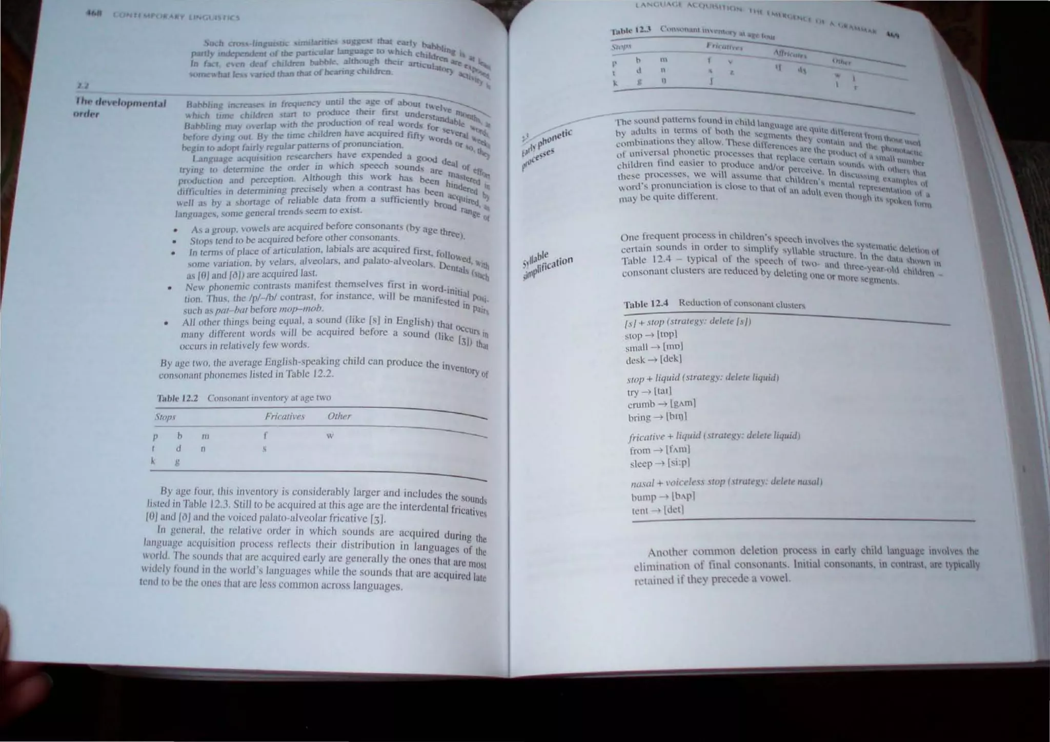 J1
lOY liN I
~u en "ngo" II .m.I.ltlII ,ugs"'" Ib I earlv ha
p:itlly .ndqxndcn. of !be p.u1Jcuw l3Ogu:r!", 10 Which- b.,,~1i ..
In fact. ,,,en deaf cluldren Nbl>Ie. ",.hough !belI an'~ul r"" ~
II()tI1C1>bat J • V1l11('(/ th.>n th3. (Ileanag children iltOr) ~
..
/I". ",.vt""pnwnl."
ur,'.·'
8.''''''111/: ,/I<.r=.o In I",quen.:y unnl !be age of aboUI I"el,
..," h tunc Liu/dr.n tart to produce. lire".: fi"t unde,..,,,,,, e Illo",,'
O,"""ng m." overlap ,,,th the production at real Words ~ dable ....... "
I>e{orc d) Ing ;)ul. By !be ume children ha, c a.:quired filt). Or "',.",."'"
f
. . "ord, ....
hegln to adopt farrly regular pattern, ° pronunciation. Or "<l
Lunguagt.· UCtlUI IUon rc~earchen have expended a gOod . ~
Iry 109 to dctcrmine the order in which speech sOunds deal Of
. . are orr
prouucIl"nand perception. Although Ib,s work has been hlla.'lereu'ln
,IIII,,:ullle, In determlOlOg precISely when a contrast has be IOdered IQ
well iLS oy a ,hortage of reliable data from a sufficiently' CbO ~cqU"." ~
. rDad "',
languages, some general trend.s seem to exlS!. "'"go Of
As a gf(lUp. vowe" are acquired before consonants (by age th
SlOpS lend to be acquired before omer consonants. reel.
In lerms of place of articulation, labials are acquired first f I
some variation, by velars, alveolars, and palata-alveolar.:. ~O"ed. "lib
as [fJ} lind [c1iJ are acquired lasl. Otab (Iuch
New phonemic contraslS manifest memselves first in WOrd_I '.
tion. Thu~, Ihe /p/-Ib/ contrast, for in. rance, will be manI' c nlllal Po,'
,e~ted . ,-
such a.s po/hal before lIIop-mob. . In Pair
All olher Ihings being equal, a sound (like [s] in English) Ih 
many different words will be acquired before a sound (li~~ OcCUI in
occurs in relalively few words. [3lllhat
By age Iwo, the average English-speaking child can produce the'
consonanl phonemes lisled in Table 12.2. IIlVentory of
Table 12.2 Consonanl invenlory al age two
SIOpJ Fricatives alher
-----
p b OJ f w
---
I d n
k g
-
By age four, this invenlory is considerably larger and includ h
I· d ' .,., bl . es t e sou d
",te III ,a c 12.3. SuI/to be acquired at this age are the inte d " n s
101
' r enta fncat'
and ld) and the vOIced palato-alveolar fricative 131. Ives
In gellcral. the relative order in which sounds are aequO d d .
I
. . . Ire unng lh
allgnagc acqulslIlolI process rct1ccts their distribution I'll I e
Id
. , anguagcs or h
I'. or '. fhe sounds that are :t<.:quircd carly are generally the . h . t e
d , e ' ones t at arc m
II Ie) ,(lund rn thc worJl1's languages while the sounds thaI' ,,,' 01
•. I I I . . arc acqUIred lal'
llll In le t Ie one" that arc less common across languages. C
-
''ubtl' 11... •
h tl l1t'h"~
r ""-' 11,..
-:;----"
I d n q l~
. S 1 .. I
~---.:.. _ _ _ _ I
One freqllenl proce~s In children', 'I" " h
. . d " d ccc lOyolvc, Ih'
cerlall1 soun S 111 or er to ,implif'· '~ II' hi . c 'Y'lomahc <1'1'1
• J 'J ~ C slrm.:t .,  : Illn 1
Table 12.4 - typIcal of the 'p~ech Ill' t. . Ule. n tho ,Ia'a 'h""
I
"" ,In<l thr" n n,
consonant c listers are reduceu hy ddcIIl ,. ec-Yca....'i<1 <hlldr.
g Olle nt tl~'fC e~m:n..... n
Tuble 12.4 Reduction of consonant dU"cr,
lsI + stop (stralegy: delete (s/)
slOP -+ltop]
5m"II -+[moJ
desk -+ldek]
stop + liquid (strategy: delete liquid)
try -+ ltaIJ
crumb -+ [gAm]
bring -+lbll)]
Jricatil'e + liquid (sJrCJle.~y: delete liqUid)
frolll -+[fAm]
sleep .... [si:p]
"CI"ClI + '(>ict'iess stop (.trl1lr~.'" delele )Jus,,/)
bump .... [b.'p]
tent ..... [det]
Another common delelion process in carl} child language involve Ihe
elimination of tinal consonants. Initial consonants. in cllntra,I, ar~ Iyplc,llly
retattled if thc_' prcct'uc a vov.:!
 