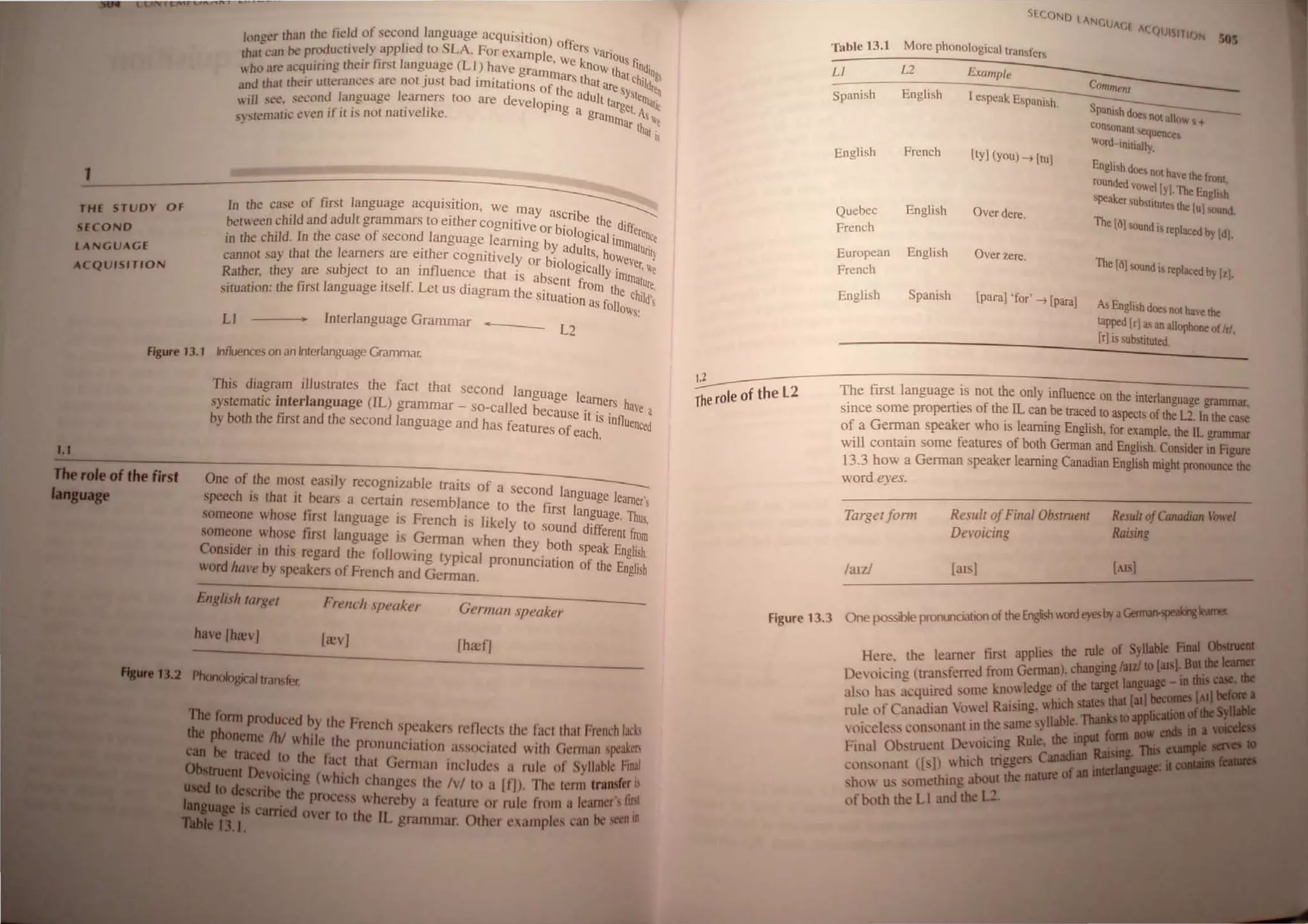 1.1
1
THE STUDY Of
SECOND
LANGUAGE
ACQUISITION
h"n the tield of second language acquisition) 0""
lanDer t .. . SLA F uers v .
eo ..... productivel" appIJed to . or example ... I, ao
ous
•
that can l>C J , we "no lind'
h ' acquirintT their first language (L I) have grammars th W that .10
woarc" . tbd" . atar
and that their utterances are not JUS a llTUtalJons of the adul e
'11 e~ second language learners too are develOPing a t target.
1 s., . . lik gra", S1
tl'C even if it is not native e. ·"mar ,L 'e
systema "'&t ~
I the case of first language acquisition, we may ascrib
b
n
h"een child and adult grammars to either cognitive Or biol
o
e.the differen
e,w d I . glcalilh_ re
. the child. In the case of secon anguage learnmg by adult """aturh_
m ·th . . s, how J
cannot say that the learners are el er cogmt:Jvely Or biologic /j . eVer,We
R ther they are subject to an influence that is absent fay IllUnature
a , . If Le' rom the h' .
s'tuatioO" the first language Jtse. t us diagram the situation ~ CIld'
s
I . as 101/0WS:
Ll lnterlanguage Grammar .. L2
figure 13.1 Influences on an Interlanguage Grammar.
This diagram illustrates the fact that second language learn
.. ~~
systematic mterJanguage (lL) grammar - so-called because it is . 11 a
h dl dh Jnuenced
by both the first and t e secon anguage an as features of each.
Therole of the first
One of the most easily recognizable traits of a second language learn '
...... . th . b . bl er s
speech tS at It _ears a certam resem anc~ to the first language. Thus.
someone whose fIrst language tS French IS likely to sound different fro
someone whose first language is Gennan when they both speak Enolis:
Consider in this regard the fOllowing typical pronunciation of the En~lish
word hUl'e by speakers of French and Gennan.
English target French jpeaker German speaker
have /hrev) [rev) [hccfJ
...... 1:1.2 Phonological transfer.
The form produced by the French speakers rellects the fact that French laeb
!be pboneme /hi while the pronunciation associated with Gcrman ,peakm
can be traced to the fact that Gennan includes a rule of Syllable Fmal
0IIeIrueat Devoicing (which changes the Ivl to a [fl). The tcml transfer is
10 deecribe the process wherehy a feature or rule ffllrn a leamer's fil'l
~··Irl CInied over to the IL grammar. Other examples can be seen In
I.
SECOND LANG
UAGr A(ffiJtSITIf)
Table 13.1 More phonological transfers
505
L1 L2 Example
COmment
Spanish English [espeak Espanish.
Spanish does not allow ;:---
Consonant sequences
word-initially.
English French tty] (you) -4 [tu]
English does not have the from
rOunded VOwel[YI. The Engli h
speaker subSlitutes the [uIsound.
Quebec English Over dere.
The [ill SOund is reptaced by [dl.
French
European English Over zere.
The [ill SOund is replaced by [zi.
French
English Spanish [para] 'for' -4 [para]
As English does not have the
tapped [r] as an allophone ofIr/.
[r] is substituted.
!!---------:T=h-:e--::fj-:rr---s-:t-:lan=gu=a=g=e-;i::-s~n~o:t~th:e~Onl=Y-;i:nfl~u:e::n:::ce:-o::n:-;;:th-:e-::in=te=r:'an-:g=u:-:-a=ge:-gr=am=m=ar.
The role of the L2 since some properties of the IL can be traced to aspects of the L2. In the ca<;e
of a German speaker who is learning English, for example, the LL grammar
will contain some features of both Gennan and English. Consider in Figure
13.3 how a German speaker learning Canadian English might pronounce the
word eyes.
Figure 13.3
Targetfonn
hUll
Result ofFinal Obstruenr
Del'oicing
[als]
Resulr ofCanadian Vowel
Raising
[AIS]
h 'OI'Cl by aGerman-speaqIeamet
One possible pronunciation of the EngrlS' eyes
. th rule of Syllable Fioa1 0IIIIIMDl
Here. the learner first applies e . lau} to [lIS) ButdIe __
. d f om German). changmg . ...:. ~ ..
De'oicing (translerre r f the ••roet Jangua&e -10 ....
~ . d' e knowledge 0 -" '--l..' ......
also has acqUire som . . which stateS tbat [II) _ _
rule of Canadian Vowel RaiSing. lbaDbtoIPfIiCl....ut..
. . . . the same syllable. ... ••
vOIceless con onant In. . e the input fooD fI1I/
Final Ohstruent IX'olclng Rul •anadiaD RaiIiDI- 1'IIiI
consonaJ1l ([sj) which tnggthee~":_of.iIW' £ .....?'''':'
. bout ........w
sho us something a ')
of hoth the Ll and the L_.
 