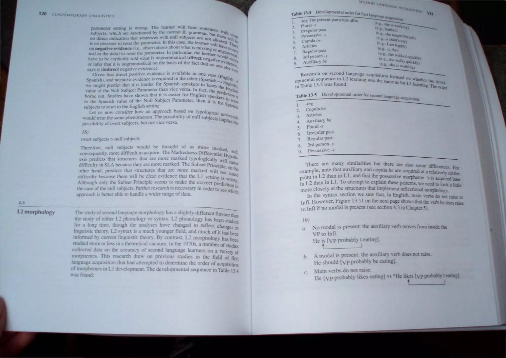 l2 morpholog
IS,
0 en , uh)cct. > null ,uhjec[,
Therefore. null ,Uh)CCLs "ould !>e thoughI of a, mo", marked
.:-onsL'quemh. more dIfficult 10 acqUIre. The ~farkedne" Differential Ii~ and.
esi. predlch thell ,rruclU"'S that are more marked Iypologicall) "iII-
difficull in LA !>eC~IU. e they are more marked. The SuI:>. el PrincIple Qu
other hand. predicts thaI stru,tures thaI are more m.:rrked " ill no; on tht
difficult, !>ecau,e there will !>e clear eidence that the LI >Cltmg leu
- . . - . "ron
Although onl} the • uh. el Prin.:tple >eerns to make the .0rrecI prediction'
the case of the null suhjech. funher research t. nece.-aI) m order to see "hi~
approa.:h I. !>ener ahle to handle a  Ider range of data. h
The slud~ ofsecond language morpholog) ha> a -lightl) different flao~
the ,IUd) of eIther L2 phonolog} or ,ynta't. L::> phonology has been Studied
for 3 lonf time. though the anal) c. have changed to reflect change In
linguistic theor:- L2 ) nlax b a much) ounger field. and mu~h of it ha; heen
mfoIllled hy current hngUlstlc theor:-' By contr:l: t. L2 morphology ha;. been
studied 1ll0I'l' or Ie. . in a theoretical acuum. In the I970s. a number of ' tudie,
collc(te-d data on the 3"curac~ of second language learnel'> on a varietv of
mOlph me.. Thi. resl"Mch dre on prc1ou, . lUdic. In lhe field of fir
langu4fc .:-quI'ltlOn that had attcmpted to dl"terrninc Ihe order of acqul ilion
f morphLml" In LId ,elormcnt. The deelopmental -.equence in Table 114
" Ii und
"ahh·l~.-$ l"lt-,c-'opm"n1dl Irdcr lot lust lane
It,
I. -,"~ rh~ r~,~nl panl.:'ph... alII
Plural -.
;  rre~u'ar pa....,
~
5.
b
7
Table 3.5 De elopmental order for <.econd lang
uage .u.:qU ltJon
1- -iug
2. Copula />e
3 Articles
-l. Au-..iliary />e
5. Plural -"
6. Irregul:rr pasl
7_ Regular pasl
3rd person -s
9. pos.sess.iYe -s
There are man)' imilaritie. but there are al;o some .'ff
. • Ul erences For
'xarnple. note that 3uub3r) and copula be are acquired at arelao  .
t : . ' . 1: ) earher
point 111 L:' than 10 L l. and that the po.sessl'.-e morpheme -'s i; acquired1=
in L2 than in Ll. To anempt to e't~lain these panerns, we need to 100 - aIi e
more clo el) at the . ~ct= h:u unplement mflectional morpholon'
In the ynu" secnon we ,,;} maL m English. main verb, do ~ raIse to
Infl. Howeyer. F igure 13.11 on the next page show that the  ernb< doe, ru.<.e
to Infl if no mod:U i present (:.ee se' tion ~.: ill Chapter =)
191
b.
• -0 modal i: present. the aU'lliary  ero move, from IIl>lde the
 'p to Inf!.
He i, yp probabl_ t eating].
•
1
A Illl 1" pre cnt. the u tli~ ero doe: not ran.
H' .hl u,d ,y p probabl) be e t111£l·
*He h e yp prob ~. te
•
 
