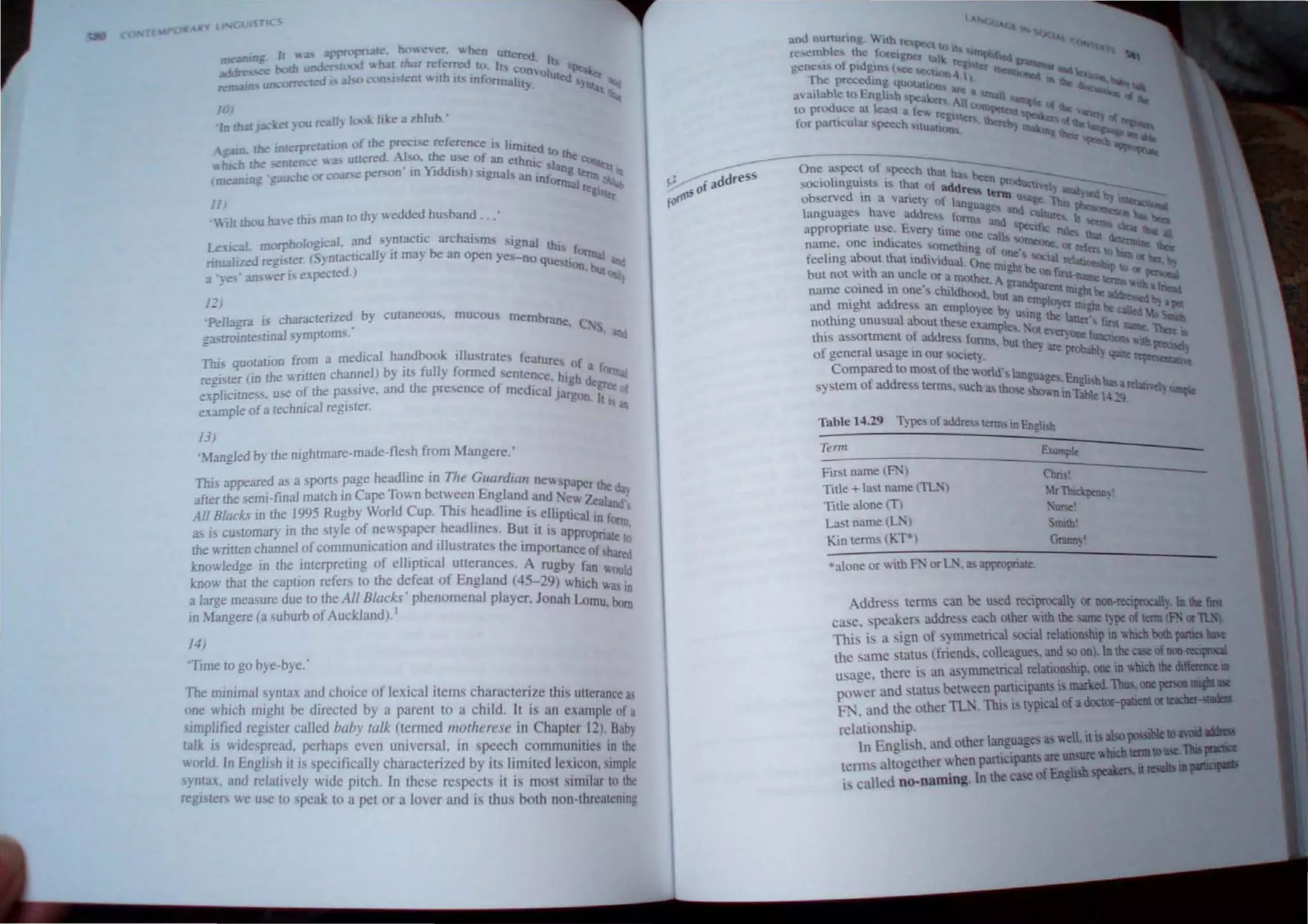 II ..as arpropnate· boC'er. wben ultercd
--'c,.,.....,,'-e boIb undcrslOod .. b.1t that r..-ferred 10 1 c I
. onvolu
om--orrected I a/ COOSI IC'OI"lth n mfOrma'ly I"d
10)
'fn ~I ~ rea/l} 1001; Ii e a zhlub.'
~ n.!be IDlerprelau n of the preCIse reference I itrotted to
:b ...- 'nten.e" unered. Also. the u-.e of an ethn' the Con,_
" - . -', ~ ~ -~
(_=£.~ u.:be or coarse person to" Idd'~h) "gnal an g 1e1ltt. III
~ •. 'nformat,~ ~
111 ~
"TIt thou bae mis man to my wedded husband
Lexical, morphological. and 'ynractic archaisllb ign;,1 thi
nrualized regi rer. (5y n[;lcllcally II may be an Open yes-no qu Ii fOr!naJ
a 'yes' 3DSer i expecred.) on.
12)
Pellagra IS charncrenzed. by cutaneous, mucous membrane C.
gastrointestinal symplOffiS. ~
This quotation from a medical handbook illustrates featur·s f
register (in the wrillen chan~eI) by its fully formcd entence.lob a ~
explicitness. use of me passIve, and the presence of medical J~O~~ of
eumple of a techmcal regIster. l)
13)
'Mangled by the nightmare-made-flesh from Mangere.·
This appeared as a spons page headline in The G~lUrdilit/ new paper ~
after the serru-final match m Cape Town between Eng~and.and :-;c" lea~
All Blacks to me. 1995 Rugby World Cup. ThIs headlme IS elliptIcal In f
as is cu,tomary m the tyle of newspaper headllDe~. But it is appro onn.
f
. ' d '11 pnatc to
the written channel 0 communIcatIOn an I ustrdtes the imporlance of bar
knowledge in the interpreting of elliptical utterances. A rugby fan WOlJ~
knov- that the captIOn refers to the defeat of England (45-29) which v-
a large measure due to the All Black.1. phenomenal player. Jonah Lomu. ~
lD .fangere (a suburb of Auckland).I
14)
'Time to go bye-bye.'
The minimal syntax and choice of lexical items characterize this utterance as
D.ne which mi~ht he directed by a parent to a child. It is an example of a
Imphtie~ register called baby wlk (termed /tI01herell.' in Chapter 12). Bab)
tal IS wlde~prcad. perhaps even universal. in speech communities in the
world. In Engli~h. il IS specitically characterized by ih limited lexicon. Imple
yntllX, and relalm:ly wide pitch. In these respects it is most similar to the
registers we use to peak to a pet or a lover and is thus both non-thn:at~ntng
Table H.29 Type, of addre leons In English
Tenn
Ersl name (8' )
Tille + last name tTL. ')
Title alone (T)
La,l name (t.: 'j
Kin term;, (KT*)
.a1one or wllh F); or L·. as appropriate.
Chris'
rTInc~y'
•.Uf5e1
StDlth'
Granny'
Addre term' can be u. ed re Iprocall) or non-re..,p!O<..n). In tb£ fiN
en. e. speakers addre each other with he -;arne l')pe of term IP.' orTI.N
This is a ~ign of symmetrical ocial relation,hlp mvohi hboIh parna ba'IC
the same statue (friend... colleague. and a onJ. In the of OOII-~
usage, there i an a,ymmetrical relationship. one in vobicll the diffcmIce m
po~er and tatu betw~en ~artlclpanls i, mar'loo. Thus. one prnoo• 11K
F, " and the other TL Thl' I t)plcalof dQ.."tor-pauenl or ttadIet~
rdation hip. awidllldll:D
In Engli~h, and other language a, well. It i ~ pos.stbIe 10 1lia
term, altogether when parti ipant are un.'illt which~
=ia.:--:
I called no-naming In the c -.e of EngI~ ~ .. i
 