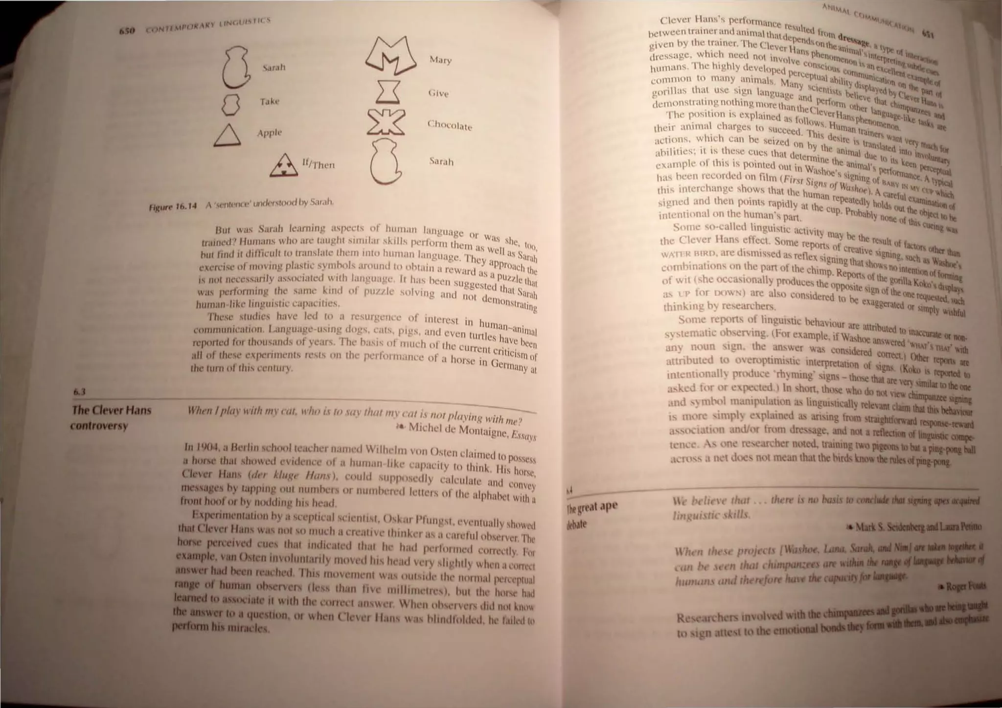JIN(,I!,.,'H .,
ONTfMP()/( /()
u
o
D A""ll'
6 II/Then
fllurr 16, 14
. S'lnh IC'lrIllng aspc'clS of human language Or w.
Bul W.I' , " . ' . .. . , .' , ,IS shc
1'.'// I'IIIS who nr.: laughl 'lilli/,ll Skill, Pcrlollll lhelll as IV /1 ,to),
tnjf)(.~( till. , . , C as .
' .. 1'1 ,'/ft 'Itll /() Ir'lI1s/alc.: Ihc.:111 11110 human language, They 'I ' urah
hUI 11/]( I ul c , . , • PPI'O<lch h
'. l' IIIC)'111~ phsllCsymnols around I" ohtalll.l rew<Jrtl 'Is 'I t C
nc'relS" II eo' . . . " , . , " , PJ~Zlc h'
. '''''''II'l/y 'lssm:lalcO ",th langu.tgc. It h.ls heen suggeSted tl I ,It
I' 1101 1Il"l .,." , . , . . • lUt S' ,
". 1 'r/clf/lIin" 11ll' s"me 1.1110 01 puuk slllvlllg anti l10t tlCI110 I ' , <I:,lh
W,IS /, ." '. " .,", I sli U
lIlI
hUl1lan like IInl1ul,ll( 'lIp,lulIes, , , g
'/'1 ,., slUOICS haw Il'd 10 a r,'surgl'nee 01 IIlleresl in hUlna ' '
Ic s, '. " , , n- ,11I11I1'1
1
' 1llIlIil'allOn, / ,<tlll!lIagl' IIstng oog~, ,'ats, pigs, anti evcn turtles hllV b '
,01111 ' . , , .... '.' 'h' e cell
reporlc'dlclflhousands 01 years, / h' ,"'I~IS of I1IU~, Of, ~hc eurr~111 critiCismof
'/1 /'Ihl's,' nr1l'nlll"lw, rests on the pCI fOlll1.1rlle 01 a horse In Gel'ln'
,I 0 . ,Illy <It
the' lum of 11m ""III1I1Y
------
Wilt''' //1/0' Il'illl IIII' ClIl, 11'110/.1 In 1/1' llilllll/' C
'tll /.1 //01 p/ayillg wilh iIIC'.'
Ie Michl'! dc Montaignc, J..'s,
I'aY,I'
In II}04, a IkJllI1 school karll,'1 IIdllll'd Wilhellll von Oslen c:laimcd tn Possess
a hilI'S thai ,howl'd ,'vld,'lIn' of II hUllIan lil." eapal'lly 10 Ihink, lIis horse,
lever Hans (tit'!' /..II/XI' 1/111/. J, could supposedly eakulale and l'onvl'Y
messages hy lapping ClIlI tlut1lhel s or IUllIlhc'll'd /t'IIl'ls of Ih" alphahel wilh a
front hoof or hy noudin - his h,'ad,
perim lIIatioll hy a Sl'l'plil'al SCIl'lIllSl, (hklu !'Iun -.
Sl,l'v,'nlually shllIl'd
lev r Hans was nol so IIllldl a l'll',III,~ Ilull""1 11 ill'arcful OhM'1 Il'I. Thl'
perc IV d cu s Ihal indicalcd Ih,lI h,' had pc'IfClI t1Il'd ,'ol/l'rll , Fill
aa;pJe.• van t nIOvolUlu.trily lIloHd IllS head l'1 sll -1111) Ill'n ,ll'llrtl'l'1
bid n reached ThiS 1Il0VCIIl,'1l1 ,IS llulsld,' Ihl' 1IC1lt11ill,WI""l'lual
Ituman obs rv rs (I ss Ihall Inc lIlillllllll ll' l, hUI Ihl' hOI" h,ld
_._•••"." wIth th ~orrell anscl.  hen OhM'I,'" did /lol ~nll
~Naon, or wh n (I v r 1I.lIls a hhndloldlll, hI I.uled hI
"NI",,,, "'M"'I
Clever Ilans's pcrfclI'Il1ance rc ' I . ) f "I
' tI ' su tculn
hetween tralncr an anImalthtll depenu IIl d"",'Il
'ven by Ihe trainer.The ClcYer Ii. SOnthoanlll' I"t, a tYIlt 01 I
g
tl'~cssage, which ncctl "Ill inY()ly:n~ Ph
.cn()IlCn)~'IS'.lnierprtt'nt~
.. Th h' hi tI conCl(} lin tJ.c II __
humans. e Ig Y cvelnpcd per U, CI)IlIlU' "C1I[tlon...
. cCPtual ,b'I' nltali ,-__"
ammon to many anlll1als, Many . ' a IIty dISPI' "n <>n lilt II1II..
c
gorilias Ihat lise sign language a,,~CICntlSt' believe7h"0 by ('eo;tt 11_ fII
' h' pen()rll h at chllTt '_
demonstrating nOl 111&morelhan thcel' , lIt Or lan& .~ l1li
The position is explai"etl a., foil CYerliansPhonllll uage'hke _
. I h ' llWS , liull' . en"n. _~
their anllna e arges to succeed. Th' d. an IralOtr w'
. h b ' 1 eStrt' ant Vtf)
'letions, whle can e sel7.ed O
n hy Ih . 1 tralllated ' ITttJtb 1111
~bililies: it is lhese CllCS lhal detennin,chanlllal lIuc to it,'~tlllnvnllltllary
, ' h'" etc anlll' I' -cen ltrr-,~,
example o f I IS IS pOinted O
lll in Wash ' . a S?en'Ill'tTt. _
......
d tI " oc S SlDnln ,. anee I. 1"",-,
h'ls been recor e. on film (FirSI Sigll f W0 g0 k~k~ IN ~ ' ......
Ih
';S interchange shows that the. hUlnu.no uhoe). A carcfui e.:~.~~"'lIicb
. " repeatedl h '-"'IliIiot!...
signcd and thcn pomts rapidly al the. cup P b Y Ollis OUt the ob"'" '"
, I h h ' , ro ably nl . J'o" III~
mtenltona on t e ulllan span, lne oj this clti
Some so-called lingllistic aClivily l11ay be h' n& til
the Clevcr Hans effect. Some report, of c e. l
c result of fact~ other "'-
' 'd, ' .. , , . r alive lgnlO h _
WTI'R fllRD, an.: ISmlssed as reflex slgninglh I 'h g, uc WIIIale
' ' h . a s 0, no Inl .
comhinaltons on I c pan of the chtl11p, Report f h . enllonoff~
of IV It (she oceasionally produces the opposile',~)g~ l~~~;"a (oko ~
as I I' for D()W~) are also COIlidered to be exag done TeqlleSled, SQCh
" , " h . gcr,llc or 'Imnl. wi......
thinking h) [<:scarc ers, "'Y J ~.......
Some rC(l<ms of Iingllislic behaviOUr are attribuI'd I .
• . ' " , c 0 tnacCtJrate IX . .
syslemaltC ohscrvtng, (I"or cxample,tfWashoe answered 'W!V.T'SllIAT'.
am nllun sign, the answer. 1 as constdered correct) Other
att-nbUled III t)croptt~nisllc In,lerprelation of .ign , (Koko I : - :
intcnlionall) produce rh) mmg sIgns - Ihllse ihalillt very SUllillrtollle_
a. kcd for or e ~clcd) In ,hon, those ho do not Vlew~....
,md "mhol llul1Ipulati,'n as IinguI'licaly relevanl laimlhlllbia.....
I~ m(~rc impl) ~ pbined . ansing from tnightfOlTllll,.... .....
'i. II n nl ,)r fHlm tire. ag~, and not a reIIectioa Ii. . .
J , ,
t n L ,on rc car(hcr t1l'I~d, tranung IWO plgeoIIS tolllla.....,..
, n t Jl 1l"1 mean Ihallh~ ltird know thertllesef_rIIOI
_
.4 Ilwl , , . litm,
lhtKrral _,Pl'
~batt
 
