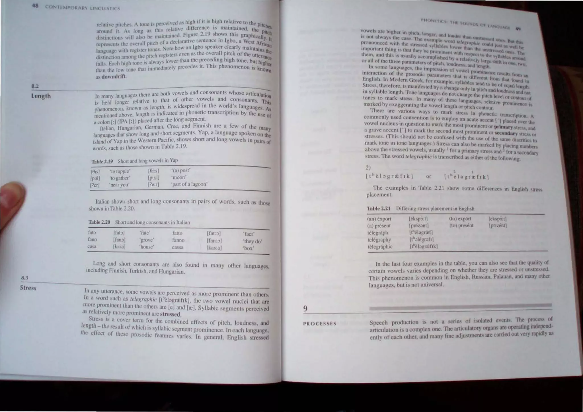 , . ''''~'l'd ii' high If It " high rdal,w to the p,tt"-
rdatlc pih:hl.~'"  IUIll.: 1:"0 fl: . .rtJ··.......~ncc IS mallllUIIlC'u th, 'oq
h rdalle u, ," , C PitCh
around it. ", lung ,b I I' . ,.• Fi"ure 2.19 shows th" graphIcal!
II I ~ muonIJIII<U. e o . y. It
Jislin..:-tllln... 1 d "l f' lk~laruti'e selHcncc 10 Igbo. u We! "'fn
represent' tho" 'Herall p'l~h '.' ;' 'h'"'' an IgOO speakcrdcarly Olalnt,un,~
h . 'f' t JO~, ute v . . . . . ' . ~~
lan'!Ilace  II reg" a l . "ven as the Oernll pItch ,,' the Uttcflan
eo - h' 'I'h reg"I~" - ' . c.
di,linctl"n anlllng t  1'" .. ' I ocr than Ihe precedong hIgh tone. but high.
fal"- Ea,'h high h'n~ "aIWJ);.~' Iy precedes it. This phenomenon,s knu:r
than the 10 tunc thai Jlnm~ Jil e n
,b downdrift.
~8~.2~----------------~----~~~::,~~'~.~a:rr~etb~0~th~V~o~w~e~l~s~a~ndd~c~o~n~s~o~n~"~n~ts~·~W~h~o~s~c~a~n~,k·C~u~n
length In many languages there hat of other vowels and consonants. Thl
8.:1
Stress
. d I • relative to I . I . I '
IS hel onger .,. I th is widespread on the wor d s anguagcs. 1,
pheno.m~non. know n aSh ~ng dicalcd in phonetic transcriplion by the usc of
d ahove lengt IS III
mentlone . I d after the long segment.
a colon [:J (lPA [;J) P acoe, an Cree. and Finntsh arc a few of the manv
I r Hunganan crm • .
ta Ian. w I~n and shon segments. Yap, a language spoken on the
languages Iha'. sho W g'm Pacific, shows shon and long vowels 10 pairs of
island of Yap 10 the CSlc. ?
"ords, such as those shown 10 Table _.19.
Table 2.19 Short and long vowels in Yap
[9i5) ''.0 '.opple' [9i:s) '(a) post'
I II 'moon'
[pul) ''.0 ga'.her' pu:
[7erl 'nenr you' pc:rl 'part of a lagoon'
Italian shows shon and long consonants in pairs of words, ..uch as those
shown in Table 2.20.
Table 2.20 Short and long consonants in ItalIan
fato [fatJI .fate' fatto IfatJI 'fact'
fano IfanJ1 'grove fanno [ran:~1 'they do'
casa [kasaJ 'house ca~sa [kas:aJ 'box'
Long and short consonants are also found In many other languages,
including Finnish, Turkish, and Hungarian.
In any uilerance, some vowels arc perceived as more prominent than others.
In a word such as telegraphic Ithelogrref'.k], the two vowel nuclei that are
more prominent than the others arc [eJ and [.eJ. Syllabic segments perceived
a.s relatively more prominent arc stressed.
Stress is a cover tenn for the combined effects of pilch, loudness, and
length - the rcw/t of "hieh i.. syllabic segment prominence. In each 1
,lOgungc,
the clYect of these proslJdic features varies. In general, English lres..ed
9
PROCESSES
"I, JM lit
VUt'l, iUl" hlgh"'1 In pHd, hm' I md In" t I
 ~f I l' ian un tr t
I nu ~t way~ the l:.l<te. I he e ~UHP'c hi 1 ,,.It" tru I'"~ ~ Of
prnnUlInc.:eu wtth th" ltCS cd I1al.' It)! r ,;".1 hC lt')U
. h· J ,"on I Un 1 d
nl1!')un,ilnt I m 1 "that they h prlln1l11 nl WU" I 1 t tohe  h
them. ,lI1d lh" I'" U It.,Uy L(·umph u:d hy h Tctalw ' ) ruund
 h t y I,nle ,flln _ I
tlr dl ul the 1 rCl' pamlHl'tcr nlfllh.h.llIlu11 ,nil length Ii
In ....Omc lanf!ltilgc" the IIlPll' "Hill 1,1 !lYlel p'".nl' 
. . lell fe.H t from
tnll:fCU.:taon 01 lhl~ pn~,ouIl' pitlame-h'. In;I' I (lItter!:lll hlllll th.11 ftttnd n
Lngl"h, In Mudem (>reck, 111 examrl.- "ltahk Icn'III "-I t  I
' - - . - . ' I I'C. 1 t!~I" chgth
~trcss. therefore. I'" ~nallh:"'Il'd hy it l'hanp.t: only til pll:h .ml (H.lln fll nm
In syllublc length. lone langllu)lC's. dn lUll dmngu Ihl' ph:h ,,",Vt' 01 lh1l1t),u 0
tones 10 mark. ...tress. In many ot lhc'c IlIlgui.gcs. rtli,tlve prlllnimn
murked by exaggerating Ihe v"wcllcnglh '" rlleh CIInlll"!.
There arc varinu wnys to mark ...tlC.S!oi In phonetll.! Han cnptitm. A.
commonly u",cu convcnltnn i.... 10 l'mploy an ;tCUlc ac(';cnl   rlactft liver the
vowel nuclcu in qucMinn h.l mark 1he l11u..., prominent nr primary Mrcs. and
a grav! accent I" I to murk the '"elm" mll prllminent IIr 'OCcnnd<lf) 'Ueu Or
stre"",. (This ..huuld nm he cnnlus"d with the u"! of thc same d,3I;rtU" In
mark lune In LUne languages, I Stre.., can aI,,, ~ marked hy placlOg num
above Ihe ,lreSed vowels, usually' Inr a primary "re 'and l'"r aliCCondary
..Iress. The word ,t'le!{rtlJlio;(' is tnlOscribed as either of Ihe toll""'10 '.
2)
Ilhelagneflk I or
~ I
Ithel~gr;eflk
The examples In Table 2.21 ..how some differences in English slrc,.
placement.
Tublc2.21
(an) export
(a) present
telegraph
telegraphy
tclegr.iphic
Differing Slress placemenl in English
lekspJ:tl (to) cxp6rt
[prel~nt (10) prescnt
Ilhel,gr.c1l
Ith,legrJIt I
[thclogr;d'kl
Id,'pJ:t)
Ipmont]
f ur exam les in the lahle, you can ahoce thaI the ljUahlY nf
In the last 0 , ; , ' . n whether they are slressed or unslres<;ed.
cenam vowels van.e.. dependm.g °E I'h Russian, Palauan, and many other
This phenomenon IS common ItI ng IS ,
languages, but is not universal.
. . . . es of isolated events The procc of
Speech productton IS not a sen, , I, organs are operating inckpcnd
articulation is a c(lmplex (lne, T~e arUcu alOl) . canied OUI vel) rapIdly as
enlly of each other. and man) hne adju,tnlent' are
 