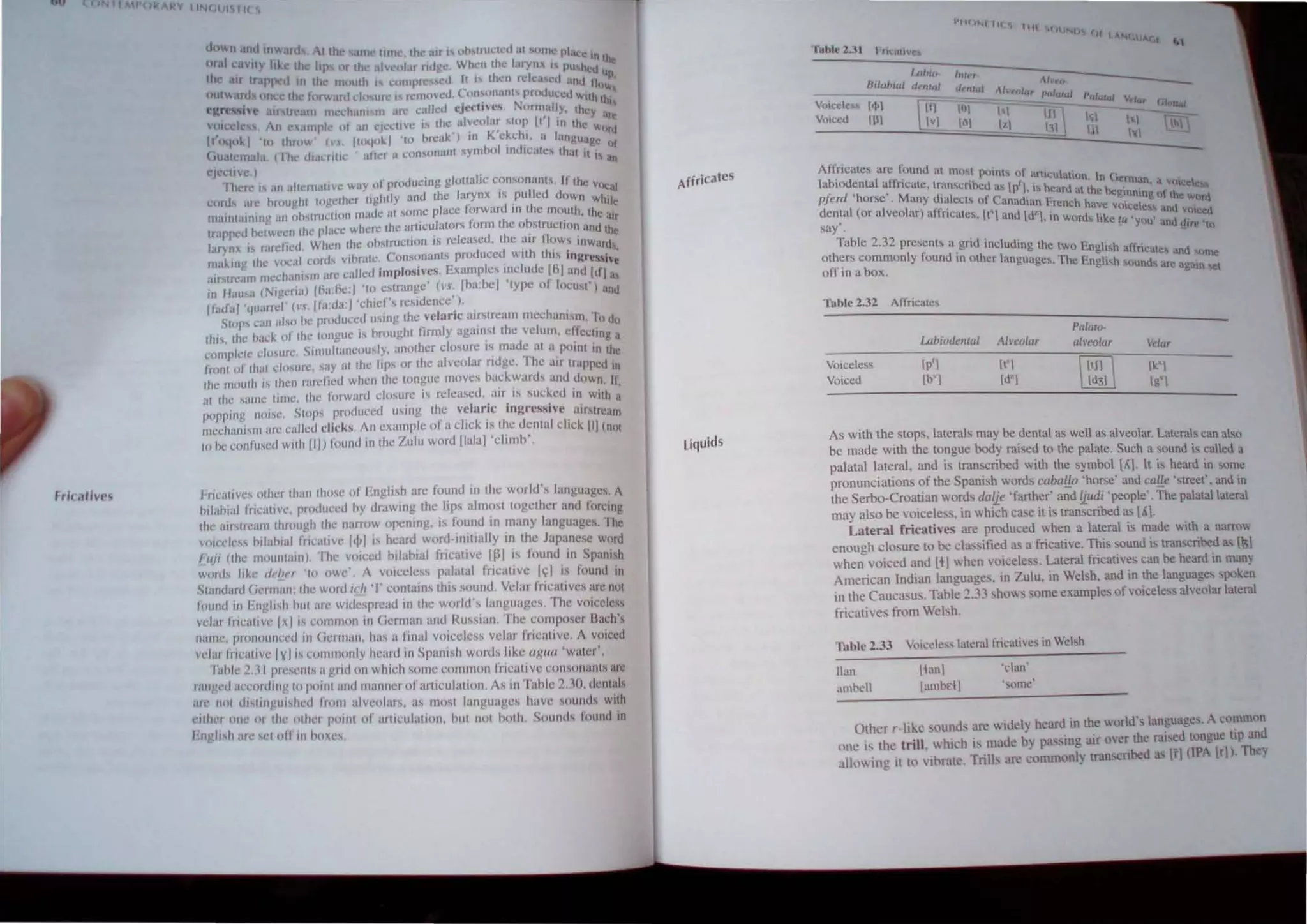 Y 11"I(,lIl, IIC ~
cl"wlI ,,,,.I Illward ,,1,,1!lICI<"U al ""'~ place
O1nl C.IVII> like Ih c. hclI Ih I.lryn, I, pu h In lhe
Ihe If traPI 'U In Ih moUlh IS ""mpre ~d It I Ihen rcleu'ed /llId <~: up
C,utard on C Ihe forn. nl 10 ure I r~lIIl1,'cd. ('nn,,,n.lnl pnxJulcd Will "'"
....r . . ' N IIhlS
.... ~ ,Ir mntr III me,hulIl 111 .Irc "ailed eJectI,,!,. orllwlly. Ihey
H)le I s. II cumpl IIf /Ill cJcdl'l! IS Ihe alveolar WP 11'1 III Ihe lire
I
· 'I ' ' K' k h wOrd
11>411" 'tll 11m)'.' (I 111>4o~1 '10 break) to eel, II langUage 1
(,1I.11 mal:! (rhe ,h,l rlill ' .11t.:r a con.,onun! symbol Inc.ll<:alc Ihal II I )(
an
CJ"I,;II'C.)
1her' is illl .11t mallve Yoay of prodllcing glullaitc consonant,. If Ihe "OCal
cnt,,, .Ire hlUughl Ingeiller IIghlly and the IHrynx " pullec.l dnwn whllt
maint.linillg atl nnstrm:IIOI1 made al S()~C pJace .h~Jward In the mu.uth. the ;,ur
Icapp d belweell Ihe pl,t<'1! where Ihe a~L1culator' lurm Ihe oh,trucilon and Ihe
I;Iryll~ I rardkd When Ihe oh,trucllon IS relcH,ed. the air nnw, InWards
makmg Ihe vl><:al ClIf(I vlhrale. Con,clllanis produced with Ih" in~res'iv'
alNream me,h'lll! 01 arC eall~d impJo,sives, Examples include 101 and lUi a:
in HJII."I (Nigeria) l"a:fie:1 '111 eslrange' ("05. fba:bel 'type of IllCust') t1l1d
[liIlfal'lJuarrcl' (1'..lfa:da:1'chief's residence' J.
Stop, can als" he produced using the velaric airstream mechanism, To do
Ihl'. Ihe hack of Ihe lOngue is brought firmly ag.un,1 the velum, effectIng a
eotnrlele dosure. ,Sirnullaneously, another closure I~ made at a point In the
fronl "I Ihal dosure, say al Ihe lip' or the alvcolar ndge. The air trapped in
Ihe muulh IS Ihen rarefied when Ihe longue moves backward' and down Ii
al Ihe sullle lime, Ilw forward closure is rdca.scd, air IS sucked in with ~
popping nolS". 'slOP' produced using the vclark ingrcs,sivc ulNrcam
mechanislll urc culled dkks. An example of a dick is Ihe denial click III (not
10 he coni used wllh III) found inlhe Lulu word Iiaia I 'dil11h'
I'ric:alives olhel Ihan Ih",!! of EnglJsh arc found in lhe world languages. A
hilahial fril,.lIiw, produced hy drawing the lip, all11o,l together and lorclng
Ihe airstream Ihrough Ihe lIarrow opening, is found in many 1.lOguages. The
vellede" bilahial iticalive 1<11/ i, heard word·inltially in the Japanese word
Fuji (lhe moulllUlII). The voiced htlabial fricative r~1 is found in Spanish
words Itke d"iIl'I' 'In owe' 1 VOIceless palatal fricative 1<;1 is found in
'sland,lrd (;erm.ul. the word il'/t •I' wntain, thi' sound. Velar fricatives arc not
lotlnd ill 1',lIglish hUI i1l't Widespread in the world's languages. The voiccles,
wlur Inl'allvc Ix I is COll11110n III German and Russian The cump",er Bach';
lIanll'. prollount·t'd in Gt'nnlln, has a lim" VOiceless velar fril;utlvc. A voiced
vdal Iric(llive 11(1 is cUllllllonly heard in Spallish wurds like IIRt/a ·walcr'.
'nlhle') II pn'st'lIls (I grltl 011 which some COl11mOIl fricati vc l'onSOlluns ar~
r.lIJg,'d 'K'COldll1!' to poilll and manner ul articulation A, 111 Tahle ').~O, dcntil"
:",' 11111 u"linglli,lwd lrolll alvcolars, as 1110st languages have sOIiIHI, with
<llhl'I olle 01 lite IIllter pOlnl 01 articulation, but nol hOlh. Sound, lound In
Fnglish arc ','1 of! ill h()co"
Affricates
liquids
I'lte 11'041 fll!t
'III ,. )
(II v, C
1C ."
Itllt·,
A/ro-
,/uaul
llilahwl tlt'III'"
Vlllcck.., 14>1
VUlced IIlI
rill
LtVI
Ahrular I'Walul "dtal"' V~lar f,lon,,,
1111 II If! 
Inl III
I~I 1'1 IhI
hlJ ttl hI
Affncates arc found at 010'1 puinl I' '
I b
' ..• . . s () anlculatll>n I G
a lC",ental alfncate, transcribed us I 'I ' h . n «man.• ""Ctl
. . . p . I' eard at the be' ,
pfud horse. Many dlalect, of CanadIan r h h gmnlllll III Ihe "nl
d I ( I I
· cene ave voo·el· .
cnta or a vco ar) affncHte, It I and 11I' ' . c c, and .IIICcd
say'. . • • In word, hke fu 'y("lU' and t,Jfrt! "I)
Table 2.32 prescnts a grid including the tw E I' h '
tl
• ' I f d . 0 ng" af(ncales and
o lers common y oun tn nther languages Th E r h !I'me
off in a box. ' . e ng" ,"und, arc agam!iet
Table 2.32 Affricales
Palaro·
L.aIJlodental AII'eolar alveolar Velar
Voicele;,s Ip'l II I
~
Ik'l
Voiced Ib' WI Id31 Ig'
As with the stopS, laterals may be dental as well as alveolar. Laterah can also
be made with the tongue body raised to the palate. Such a sound is called a
palatal lateral. and is transcribed with the symbol ["I· It is heard in some
pronunciations of the Spanish words caba!jp 'horse' and ca!J.e 'strcet'. and in
the Serbo-Croatian word, da1J.e 'farther' and !judi ·people·. The palatal lateral
may also be voiceless. in which case it is transcribed as LA].
Lateral fricatives are produced when a lateral is made with a narrow
enough clo.ure to be classified as a fricative. This sound is transcribed U'i [5
when voiced and [~l when voiceless. Lateral fricatives can be heard in many
American Indian languages. in Zulu. in Welsh. and in the languages spoken
in the Cauc~u,. Table 2.33 shows some examples of voiceIe,s alveolar lateral
fncatives from Welsh.
Table 2,33 Voiceless lateml fricatives in Wclsh
Jlun
ambell
lbnl
lambril
'clan'
'some'
Other r-Iike sounds an! wideI) heard in the world' , languages. A cummun
one IS the trill which is made b) plL"ing air over the r.ll,eu tongue tip and
alluwing it to vibratc, Trills arc commonly transcribed as [i'l (IP [rl), They
 