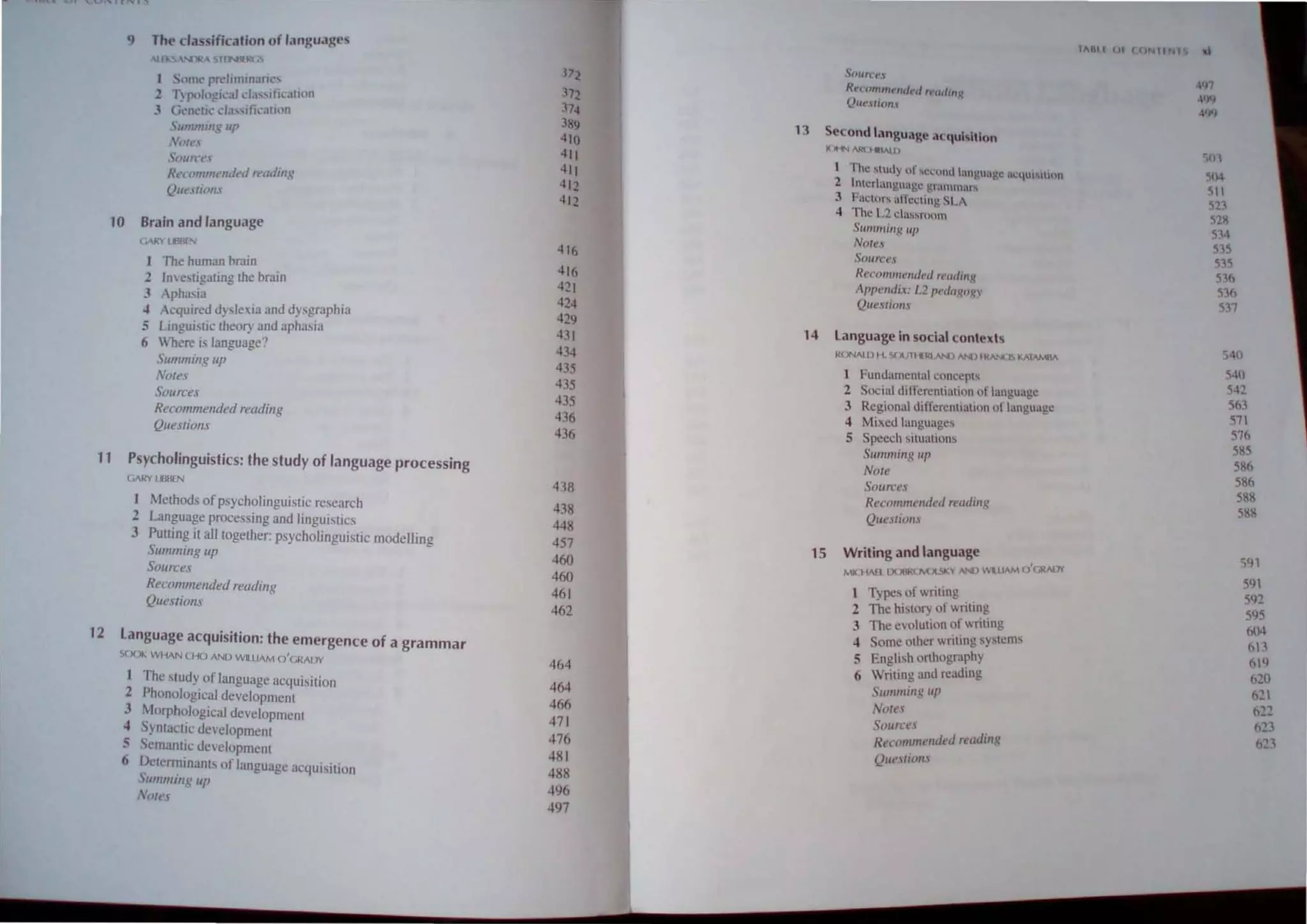 11
12
10
9 The classification of 1,1O~Ud~t'S
AJ..1 lrh: .,TIN:4E)..'(L
Some preJin1Jnal1t"
.2 T~ p<)lu~i.:JI ,j;l"lflc,lIi,'n
J Gent,tic da. ,Jlkalu>n
, IJIlUlIJII r: III'
,VoU.'!
SOl/1n'-
Rt'('ofllmt'lI<kd "'t/,/lIIg
QUt'SIIOIIJ
Brain and language
( ....R'I tllBfl,j-
The human hram
.2 Inestigating the br.un
3 Aphasia
4 AcqUired dyslexia and dysgraphia
5 linguistic theory and aphasia
6 Wbere is language?
Summillg up
Notes
Sources
Recolllmended reading
QuestioflS
Psycholinguistics: the study of language processing
(.ARY lll/lEN
J Methods of psycholinguistic researcb
2 Language processing and linguistics
3 Putting it all together: psycbolinguistic modelling
Summing up
Sources
Recommended reading
Questions
Language acquisition: the emergence of a grammar
SOl1l<. WHAN CHO AND WILLIAM o'(,RAIJ'
J The study of language acquisition
2 Phonological development
3 Morphological development
4 Syntactic development
5 Scmantic development
6 Dctcnninants oflanguagc acquI~ition
SIIII/ming III'
Notl'l
41&
416
421
424
429
431
434
435
435
435
436
436
4~8
438
448
457
460
460
461
462
464
464
466
471
476
481
488
496
497
Smln°t',
R rCOlJ1l1h'ndt'tl n'eltllng
QUl'IiOlH
13 Second language acquisition
K>tNAk,('.Vl.ID
I The tully of sccolllllallgu,'lc ilc4u""inll
2 Imcrlanguagc grammars
3 Faclors anCctll1g Sl.A
4 The L2 c1a"room
SlImmilig "II
NO/e"
Sources
Recommt'lu/eu reat/'IIM
ApPt'lidix; 1.2 pedagogy
Question"
14 language in social contexts
R(Jf'lAlO H. ')C MJlIlWlANl "Nt) JWN-.(,.lS KATAMlJA
1 Fundamental conccpb
2 Social differentiation of language
J Regional differcnllation of language
4 Mixed languages
5 Speech ,ilUalions
Summing up
Note
Sources
Recommended readin!:
Questions
15 Writing and language
MICHAflIX16RO'v,(llSK¥ INL) WlllAM ()'{.RAlJV
1 Type~ of writing
2 The histol) of writing
J The evolution of writing
" Some other writing syslcms
5 Enghsh onhogruphy
6 Writing and reading
SII/11nJIIlg III'
N()/t'.~
SOllTt'L'S
RecommellliL'd readlllg
Que,lIiolJ
I~HIi UI IONII 1 .1
SOl
~04
51
523
~2l
5'4
S3S
53~
53h
53"
S37
')40
54()
542
Sr.)
571
576
Sl5
516
SRI>
SllI
Stili
5'l1
51)1
592
5'15
M14
h13
6ll)
h20
621
ti:!:!
1>23
h23
 