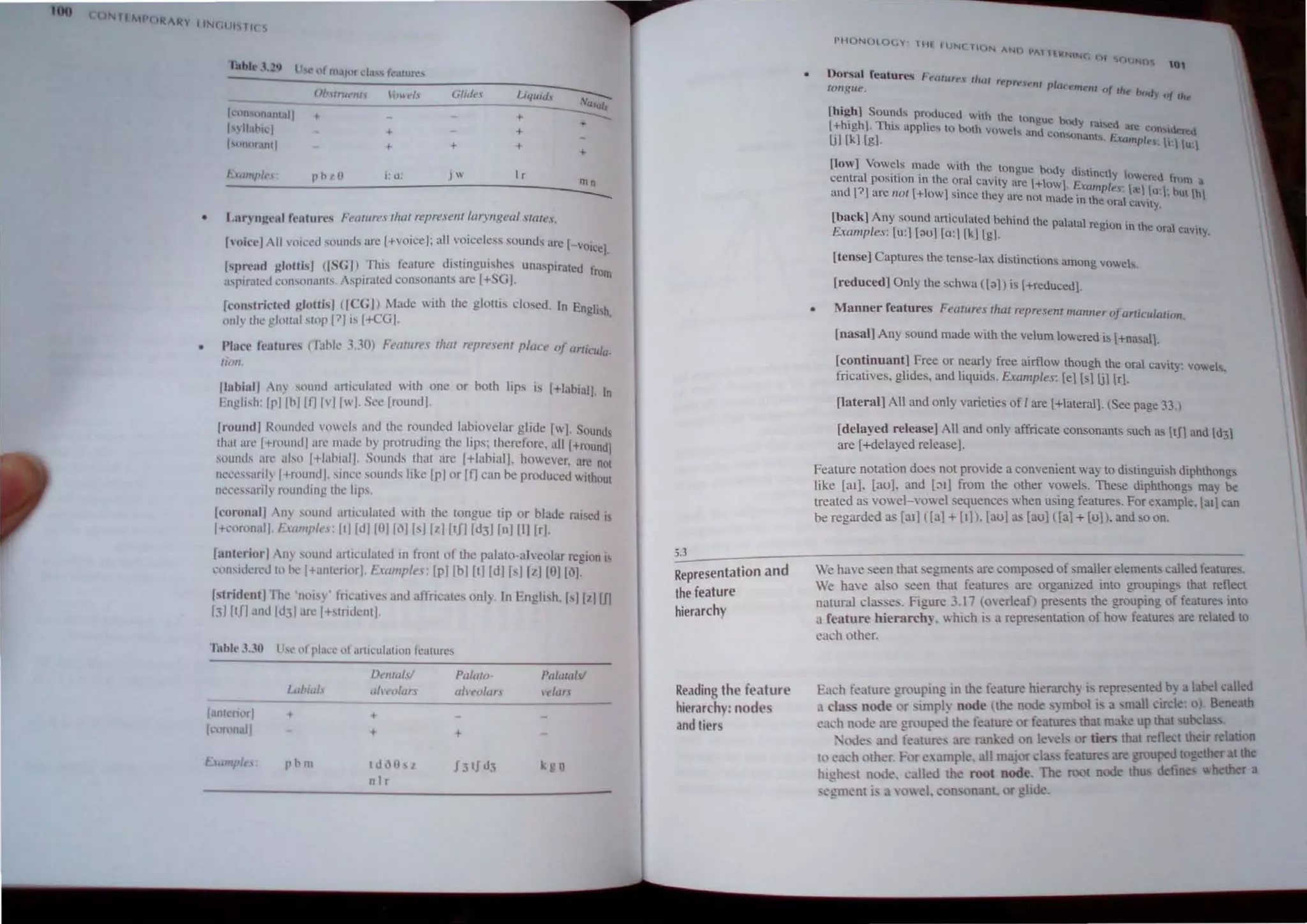 Ihhl,' ,~,2'1
U cor l11al,}l liJ" h.-atun:...
( )f,lru,-nl Uu't'I. t...ilitlt'.'j Liquid, --v---
1('llt"un.ull~IJI
____ " a'(li
s
+ + -:---
I ) 113hl~1 + +
I~llfhlfdnrl + + +
+
/. eWI/,lt" ph z H 1:0.' JW I I'
n, n
---
l.ar)lIIlCIII fenlurcs F"lIlIm'" Ilwl repr<!Selll larYl/g",,1 SllI/.W.
I,"iet') ·11 nll~~d sounds arc I+voice]; all voiceless sounth nrc l-voiceJ.
l'pn'lId Illoltisl (ISG]) ThIs feature distinguishes unaspiraled frOm
'''pinned wnsonanh. splraled consonams arc [+SGI.
[Clln,lriclcd Illllltisl (leG]) Milde with Ihe glotlis dosed. In English
ollly Ihe gloll;!1 lOp I?I is I+CGI· .
• Plncl' ft'lIlUres (rail!.: 1. ~O) Ft'1I11lrt'S IlulI r""r".I'I'1II plan' of UnfW/u.
l;(m
[Illbinl) on) s"und articulal<!d with onc or both lips is [+laoiaIJ. In
Englosh: Ipllhlll'J 1llwl, S<!c [round].
[round I ROllIHkd 'oll'l'Is and Ihe rounded labiovt:lul' glode I" I ound,
Ihal aJ't'l+rollndl arc made by protruding the lips; Iherefore. all [+roundl
sOUlH.Is ;In' also 1+lahiaJi Sounds thm nrc 1+lnl'1ial]. however. arc nOI
nl'l"'""nly I+rountll. 'liKe sounds Iokc [p) or If] can l'1e prndueed ilhoUi
nccl',,:uily rounding Iht' lips
Icorona" n) M)und arti<:ulatcd with Ihe tongue tip or blade raised"
r won"ll. f.'tII1/j1/n·ltJ Id]IOI [d] lsI [zl [tn [d:;J [n] [I] [rl.
Illotcriorl ,n) sound artll:ulalcd III fronl of the palato-alveolar regIon"
<'(1ll1d",cd Il' Ix'l+anlerillrl. £wfllj1les : [pI fbI [t) [dllsJ [i] [e] I()].
[strident] rhl' '1Illis) . fn,ali,,~, and affricates only. In Engli'h.lsI ll] In
13111J1 il1d Id:;1 an: 1+'lIid':I1I].
IIbl,·.UO ll,,' "I pl.Il·,' I,f uni,'ulUlion fealures
Dc'lI/a/." Pdlato ~ I'ah",,/.";
/'lIhi</I., dhto!arJ a('l'fJ/t'''l 't,'lan
/lIll<'fll" J +
( ,'ron.JI + +
f. ""'1,1 , 1'''01 Itl,lhl J31J.l3 kg I)
III I'
;.3
Representation and
the feature
hierarchy
Reading the feature
hierarch : node
and tier
I'tI()NOUH.Y t HI I J
N( 11('N A.Nt, 1'''I1fkNIN<' 0 ,
DUNU
0
Dorsal features I t
.t'll IIre. tlUII rt>prt',t'tU pi .
/(IIIRtU'. tUt"nlt'm oJ IIw hudV pi Ih...
[high] Sounds pmduced Wilh Ihe IImgut! 1x1( ,
1+highJ. This applies III Ix'lh Vowels and Y ra"ed arc (I>II hlO!Ti!<I
1jlkj [gj. ' CIIOs"nan,s. barnpl.. " '1
[low] Vow,cls made with Ihe longuo hody d" I
central position on Ihe ornl cavity are I+Iowl ~slmci/ Inwered lrom "
lind [71 are 1101 [+Iowl smce Ihey are not mad'e i~~~'P fY
I
· ["'llu'; hm [h
COra cavlly.
[back] Any sound arliculaled hehind the palatal region in the llI" I ..
£mmp/I!s: [u:] [mIl [0:1 Ikllgj. a CaVlly.
[tense] Caplures Ihe tense-lax distinctions among vowels.
[reduced] Only the schwa (lal) is l+reduced1.
Manner features Feurures IIwl represell/ mDllller ofQrliclliario".
[nasal] Any sound made with the velum lowered is l+na:;al].
[continuant] Free or nearly free airflow though the oral cavity: vowels,
fricatives. glides. and liquids. £~"mp/es: Ie] [s] [j1 [r].
[lateral] All and only varieties of / are [+lateral). (See page 33.)
[delayed release] All and only affncate consonants such a, ltIl and ld3
are [+delayed release].
Feature notation does not provide a convenient way to distinguish diphthongs
like [al]. [au). and [:)1] from the other vowels. These diphthongs may be
treated as vowel-'owel 'equence when using features. For example. [al] can
be regarded as [al] ([a] + [I]). [au] a:; [au) ([a] + [uj). and so on.
We have seen thai e!!:menl!> are composed of maller e1emenl!> called feature.,.
We have also 'een -that features are organized into groupmgs that reflect
natural cla:; e . Figure 3.17 (oerleaf) presents the grouping of features into
a feature hierarch). which i a representation of how features are related to
each other.
E~lch feature grouping in the feature hierarch~ i' represented by a lal1el called
,I cia node or simpl~ node (the nooe symbol is a mall circle: 0). Benl.'llth
t'a.:h node arc grouped the feature or feature that make up thai subela '.
,'ode and feature are mnked on lewL- or tiers that reflecI their rclauon
to ca -h other. For e'ample. all major cia:, feature are grouped together at the
hl!!lJcsl node, called the root node. The root node thu define whether a
,-gmen! is a VOcl. con. onant. or glide.
 