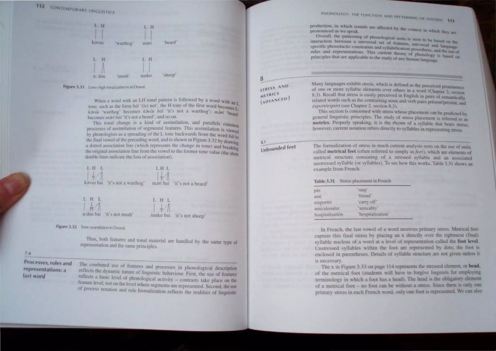 -"
Pro('t' 'to , rule~ and
r pre't'nt.llion.: a
fa 1  ord
1I , TI
H l II
.~nh h,' y' Ill.'n ·!>ea.nf'
H Ii
I
u dau 'mu~h' lunk." ',h"ep
Wh n .1 I" if )Ih all I Ii II>n;)1 pJllem i, fi,II,l ,·ll h) ;)  l'rJ  ith
I,o~. ,u 'h .1' Ih,' roolll ii '1') 1"'(. the H l"ll~ "I' Ih~ li~1 ,'ro I>eClllll.tn ~
• • U · · ' h . ~L
.' lJ:!li .uth,,'g' he.' "('Inll,~~ .1l'l.t'" £1(11 .It ... nt"t .l .1ft og : Itl.:)f'J 'beam'
~': 'm~' m: .,Ali ''11 I1t'( a Ot.'.lnJ'. and ...,) (,)ll,
Th" 1,'nJI chan!!,· " .1 ~ind of :I."illlilllli,'n. .md pllralkl, ':"In
pn ~e',(... If a..,imil.l(H)n ('If ...e:!~lcnlal fc~ture... Thi.•1s~lmll.Ul()n I' 'I~:~
1» r,h,'n,'I,'!!"I,:I.' J 'pre;ldmg 01 Ih.: L I,'n' I>ll.:~":ml~. tnlm Ihe ""rd z"h h'
Ilk IJn~' ,'t'l "flh' pn·':l'l.hng ord. a.nd I' sh,m II til hgun· 3J~ h) ora"ln"
a d,'lIed .""...·1.11;'0 I;n~ ("hil"h represent, Ihl.' .:hange ill 1,'11,·) .mJ hreak' ~
.• .. I .. I' . h I h' Inc
me ,'nglftJ. .1. ',,'I.lll(,ln me." from ( ~ 0(' l) t e hlnncr h,ln.' ,jlu(' ((h~ h -
dou!>l... lines indil-"I·lhl.' 1o" of",,,,,;alion. I'D
H L LH L
t  I~ A
k,,,u, !>ai 'II', 1101 II ".U1h"g' m;.ri hai 'if" nOI .11>e.trd'
L H L L H L
A
,
I
I /1 , f
U;tIU hal 'jl nt)t mu...h' IUn!..o hlli 'it', n(ll ,hl.'cp·
11m,. ""Ih (1.'.lIur,·, .lI1d 10llal malenal are handlt:d h lhl' ,ame Iyp.: Ilf
repr,""JJ{alioll .lIld Ihl' '.II1l· pnnciple"
The a'mbU<ll u. e of It'IIUn:' Illd . I 1 '
'11 • ., pmce"l' III I' Innll ogl,"11 dl''''npIH,"
n:11< th III nallle 1131un,' of hnglll'I;~ heha IOUI. 1,,,,,. Ih... U,,' lit k.IlI1fC
I
re 1'13 b.I'lL re,d nl ph""lllngl<"11 a...u II~ - ","nlr. ,,- 1.lk, pl.lll' nn Ih,
C3!Ure ,' ct. not In lh . 1· I h.'
f e, l " <ft ,,'glll nh ar,' n:pr<·'l·lIll.'d. :i"~'IId Ih,' II.'~
o pnxe. lIo1aUOll nod ml • , , r . •
l ,on1a Ilallnn re/l':1 Ih.. 1,·.lhll<· "I 1t1l~1"'I'"
8
S,I
unbounded feet
Pl It )NOI t H •.,. lilt I UN  It ''''I
"Ill 11 1 t:~N'N CH
In
t 1 Nt)
~ !tln language, "'hillil ,lr6"  hid, " .!dined a, lh,' n"1 '.,'" I
• • " , ' , < .......... '- ... ~c .. prulnnC'n e
nt nne: ()f llnfC ~ 111"1: dl"mcm~ u'~r )h~r, m a ,.lrd ,Chapler 2. ,:lun
X ~). Rt....:~IU that ~ln..',~ 1~ l"a~'l~ lX'f12l"l'cd to Eng.H...h in p~Hr n ~malll.'al
Iclated words ...u('h ,Is the: contr,hlmg nnun and verb patf!'r. pfc:-.cnt/prescl1t. nd
,'/,orllnl'<>" (,ee Chal''''r ~. '~"lJnn 1l.3).
This !~ctilHl i... ..:~'nl:c:~cd ~llh 'lrc......  hose plat.:c11l!nl can he prel..h~to.l b
gencral ImgUJ'lIc pnnClple" fhc ,tu.!) "f str~" placement l. ",[cO'"llo )
metrics Properly 'pea!..lng. it I' Ihe rhyme "f a ,~Ilahk lhal hc:lt'- tre
h"" ever, currl'nt 11I'lal",n rekt'i directly III syllabic, In r'prl"Clllmg str'"
The fonnalizalion or ,lre" in lIlu"h curr~nt anal) ,is re,,, "n lhe Usc o[ ml"
called metrical feel (nflen rekrrcd 10 'impl) a, j"el. whICh arc dement, "f
melD.:al ,tructure consisting <,f a slre"cd ') Ilahk ami .m a", 'ialcd
UI1~lressed syllable (,'r syllahlc,), To sec hO lh" "or!..., Tahlc 3.31 ,h,,, an
e mnple from French.
Tabld.3L
P'"
;l1111
emponcr
.unkalem ~n(
h.bPltali. ;.lli('In
·...l~p·
'friend'
'c~"ff'
':unI,ahly'
·b'~rltJ.hl.th.)n·
In French. th' la.1 1 1.'1 of:l  ord recell cs prim.ll) sIre". !l.ktri a feCI
capture this final stTe" by pla.:ing :11 " ilir<'.:lly ocr the rightJ1l,'sl (final'
S lIahk lIudeus l,f .1 ,lrd ;)1 .1 kId <,I' represent;)ll 'n c lkd th< fooll~HI
Cthlressl'd sl.lblcs Wilhin the ti.)t'[ ;U't! represenl'd hy <lllls: Ih, f'llll i
<'ndo.ed III parenthc,', !Xlails 1'1' 'yllabk 'tnlclUre .lr, nlll gicn unl " II
 