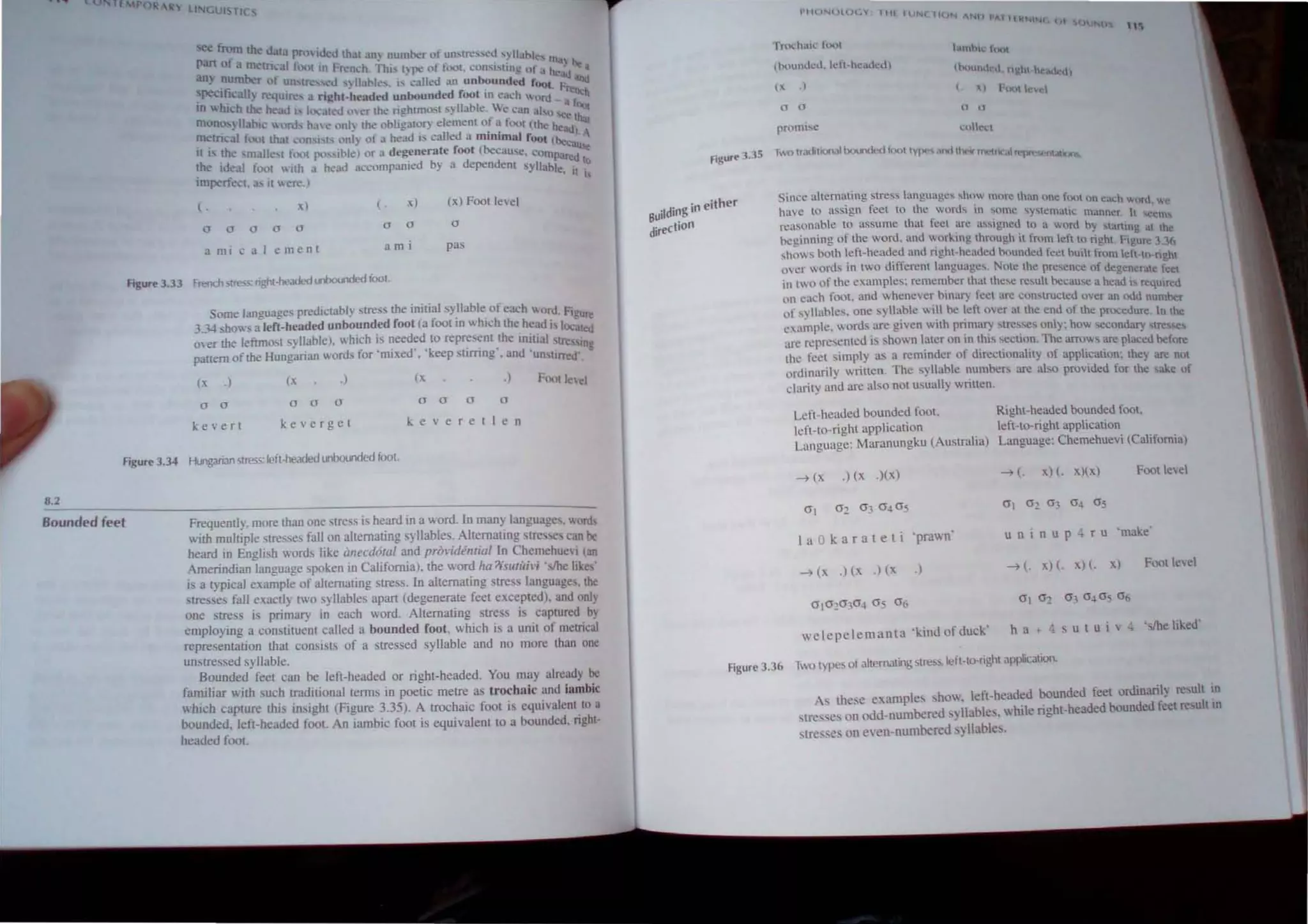 l . .) ( . x) (x) FOOL level
a a lJ a a lJ a a
ami~3lemenl ami pas
Figure 3.33 Pench slress: right-he.lded t.roboooded foot.
Some languages predictably stress the initial syllable of each loon!. Fi lire
33-1 shows a left-headed unbounded foot (a foot in which the head is I~ c:d
over the leftmosl ,yllablel.  htch is needed 10 represent the Intllal 'tre at
partern of the Hungarian words for ·mixed·. '~eep stining·. and 'un,urr ,.I.
Lng
<u •
(x .)
a a
k e ' e r t
(x .)
a a a
ke'ergcI
(x
a a a
kevere
,)
a
len
Figure 3.34 Hungarian stress: left·headed unbounded foot.
B.2
Bounded feet Frequently. more than one mess is heard in a word. In man) language,. Iooni>
with multiple stresses fall on alternating syllables. Alternating stre"es can be
heard in English words like imecd6ral and prol'idilllial In Chemehuc,i Ian
Amerindian language spoken in California), the word Ita :>rSlllliil'i 'slhe like,'
is a typical example of ahernating stress, In alternating stress languages, the
stres es fall exactly two syllables apan (degenerate feet excepted), and ani)
one stress is primary in each word. Alternating stre" is captured by
employmg a con,lltuen! called a bounded foot, which is a unit of metrical
representation thaI consists of a stressed syllable and no more than one
unstressed svllable.
. Bounded-feet can be left-headed or right-headed. You may already be
lamlItar With such traditional terms in poetic metre as trochaic and iambic
which capture thi, inSIght (Figure 3,35), A trochaic foot is equivalent to a
bounded. left-headed foot. An iambic foot is equivalent to a bounded. right-
headed fool.
Figure 3,35
Building in either
directiOn
1111 IlJNI  I 1"'1 ANU l'All B!:NINI
01 t,(J
[,{('",:hall: runt
lhuumJC'd.ldl-ht!i.ltlCUl
Ix , J
n n
prOlUhC
l.ulIbt: tU()l
(hound J lI~ll hea'~d,
I "I }'out level
u n
u
Since alternating ~ress anguagt!~ "how more than un ~ f ..
, f c om on t!01(.;h lJurl ~e
have to asstgn eel In the wOfC.h, in !o,omc "'y~temati" " '
bl
l: manner h cell,)
rcusonn c to assume that fect are ~I.......iuned to a wor I b
.. .. .' b l Y ....taTtlng at the
b~glntlng of the word. and workmg lhnmgh it from lett 10 r' hi e ,
. Ig ,rlgure .,.36
,hows both left-headed and rlg.ht·headed bounded feCI bu'lit fro I I
. .. m l! t'U-f!hl
over words III IWO different language" Nmc lhe presence of dcgen<ralc feCI
In twO 01 the examples; remember thallhese result because a head IS required
,)n each foot. and wheneve~ hlllaryleet are constructed over an odd numher
of syllables, one syllable Ioill be lelt ovcr at the end of the procedure, In lhe
e"ample. wordsare given with pnmary sUe"es ani}: how Sl.'Condary "resse,
arc represented IS shown later on III thL' section, The arrows are placed before
the feet simply as a reminder of directionality of application; the) are nlll
ordtnarily written. The syllable numbers arc aha provided for the sake of
clarity and are also not usually written.
Left-headed bounded foot.
left-to-right application
Language: Maranungku (Australia)
--t (x ,) (x .)(x)
I a 0 k a rat e t i 'prawn'
--t (x .) (x ,) (x ,)
wclepelemanta 'k.indofduck'
Right-headed bounded fOOL
left-to-right application
Language: Chemehuevi (California)
--t (. x) (. x)(xl FOOL level
u n i n u p 4 r u 'make'
--t t. x) (. x) (, xl Footleel
h a + 4 ~ u t u i v 4 'slhe liked'
Figure 3,36 Two types of alternating stress. left·to·right apptlcation,
As the~e e"amples show, left-headed bounded feet ordinarii) result in
stresses on odd-numbered syllables, white right-headed bounded feel resulllll
stresse on even-numbered syllables,
 