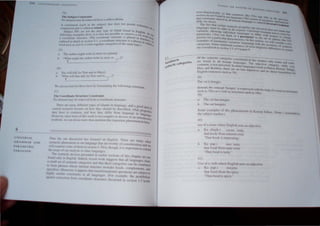 4
lJNl'CRSAl
(,R A MMAR ANO
l'ARAMr TR/(·
ARIATION
5-1)
The Subje<.'f COllstruinr . a sub'eel phnlse.
No demenl Ilhl) nt.' remocd from , ~ .
h uhieet) that does not permit extract'
A COl1"i,iIUc:nl (such .:1.'> ( ~ . .s 'J IOn Of
rt .. "'lied an Island. . a
COI1lf.l(.l.lleUI Pi) IS t;. I ty""" of island found In English
S b NP art' nOi the on Y t-'- . 'A.
U .I
eer
.l .... . '. also not possible to remove a h!h w S tht
. II ' -'Imple" show. II ':-i . . I Ord f
to OWll1g eX. .. Th . rdinalc structure IS p aced in bra k ro",
d' I "(ruclUre ( e cOO _ C Cts
It ('oor Ina t: .... - _'. 5 I a coordinate structure IS a phrase in .; il
outlined in derail in .,e~u?n. r 'g~lher categories of the same tYpe.) Ihieh a
word such a.
' lind or or JOins 0
55) ' . ' [ r a poem].
o. The author ollght '" fire a ~wry 0 .,
h. ' What mighr rhe author wnte [a story or _1_ ]'
t
56)
o. Sue will talk [to Tom and to Mary). .,
Who will Sue ralk [ro Tom and to _ ].
h. t I
, th 'e facts by formulating the following constraint
We can accounl lor e.
. , . ... .
57)
The Coordinate Structure Constraint: .
No element may be removed from a coordrnate structure.
There arc man) differen t types of islands in languag.e, and a good deal of
current research focuses on ho they should be descnbed, what properties
lhey ha,·c in common. and how they drffer from .'anguage to language.
Howe"er, since most of this work IS too complex to diSCUSS rn an rntrodUCtof)
textbook. we can do no more than mention this important phenomenon here.
--------------------------------------------------------
Thus far, our diseu"ion ha.
s focused on English. There are many other
syntactic phenomena in our language that are worthy of consideration and We
wrll cuminI.' some of them in scction 5. FiN, though, it is rmportant to extend
the scopt.' of OU
I analysis to ()ther languages.
The syntaurc dcvices prescnted in earlier sections of this chapter arc not
ti)und onI) in Engh.sh. Indeed, recent work suggests that all languages share
a ' 111.(11 set of '} ntactic categories and that these categorics can be comhrncd
10 (orlll phraSl's who.se Ifftcrnal stmclurl' indudcs hcacis, c·Ol11pICf11enls. anu
'pt.'lIlr<'rs. .I()rem"r. it aprears that tl.(nsfnrm,Uronalopt.'r,ltions arc suhlc'et In
Iflghl srflulal Wnql;lfnls in all languages, (hlf CX;lfl1plc. the prnlflhuion
against ntl.Il'IJOn from Coordinate .
s(ru.:turc.:s dl'l"lJ~sc'd In SCClfllfl 1.~ holds
YNIAX: 1111 AN",y, rH
"'rNrrN( r ~lloi:j( H.Jk:f 11'>
cross-linguistically, "'0 th'U ...cntcnc ~ t ' .
<
. f " 1..: I ....C ,ISh) and 56h
sectIon ~rc ~ot _ound in any hmgui.lgc.) The "'Y~lem (). .. ) ~n he prcvOUs.
and co.nslramlS ...haTed by all human hm Ua' . " 1cut:&?ne..... mcch;,m'tn
(UG. for short). g ge! ,... called Unlversa' (~ranllla..
The fact that ccnain syntactic prope t- ~. .
. r ICS are. Untveral doe
languages must be alike in all respects U . ~ ". t G ... n(lt m.ean that
.. It· . . . n'Versa rammar leav
vanaHon. a OWing Individual langu"ges t d" f f . e... n){)m for
. (Y , . ~ , 0 1 er WIlh re~peCt 1
para":,cters. ou. Can thmk of i.l pnrameter as the Set of . 0 ce.na,ln
pemllts for a panlcular phenomenon.) 1n this sc t' .OPtlOn~ that t,G
t f · . . C Ion. We Will con... d f
examp es 0 paramctnc variation heginning with th . I Cr a eJv
. . S .. ' e mventory of ";ynt .
categon~s_ 0n:
e
addItional instances of crOSS-linguistic differ ,," aCHe
are conSidered 10 section 2.3 of Chapler 9. ences 1n syntax.
Of the syntactic categories considered in this chapter onty n
d ' II h ' Ouns and verb,
are fOlln . In a . uman languages. The adjective category. while ve .
common, IS not unrversal. In many languages (such as Hausa Ko T I ry
. . ' . rean. e ugu.
Hua,. and Bemba), there are no true adJeclives and no direct tran,tacion for
English sentences such as 58).
58)
The cat is hungry.
Instead, the concept 'hungry' is expressed with the help of a noun in Structures
such as 59a) or a verb in structures such as 59b).
59)
a. The cat has hunger.
h. The cat hungers.
Some examples of this phenomenon in Korean folloy,;. (""om = nominath'e,
the subject marker.)
60)
u e of a noun where EngJi ·h me. an adjective:
a. Ku cha~ k-i cayml ~ta,
that x'lOk-, 'om inh!re:,t euq
'That x'lOk i, IIltere"ting.'
1>. Ku pap-i 'ria' "" ta.
(>/ )
th')l fcxxJ.- . om ta, te e, i, t
'TIul fe xi i. ta't~,
l ,,: "fa  l'rh  hl'r ' Engh h U,(" an adjeclle
(/ Kn I JP-  lnaJlfll,
th. t fe" i-. m - PI _)
' Th t f, :xl l '1" ):
 