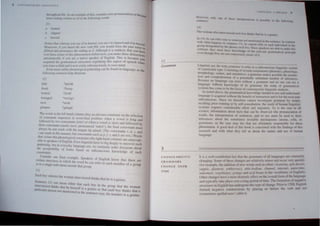 1I Gt IS TICS
·'-,u<>h·'ut li k  ,;llJ ...amnk "fthi' ':,,,blder vour pwnunciation Ortnn p
u u. ~ ... .. ~ - . t- - • -. ... _b,t
ten...e ending ntfl~n .l' ~d 10 me.' tullll' 109. , lml....
III
o. humed
I>. slipped
c. huued
. ' u,,, that wh,'reas} ou sa) iJ In hUflled. you say I in slipped and d in bl/~ed.
. (oreover. If n'u heard tht: ne" verb jlib. you would form the past tense
jlihbt'd and p.:onounce the ending as d. Although it is unlikely that you na~
ever been a are of this phenomenon before now, you make th~se distinctions
automatically if you are a native speaker of Engitsh. ThIS IS because you
acquired the grammatical suhsystem regulaung tblS aspec~ of speech wnen
you were a child and it now exi,ls subconsciously to your mtnd.
E·en more subtle phonological patlerning can be found in language, a., the
following contrru.ls help illustrate.
12)
pint 'paynk
fiend *fiemp
locked "Iockf
wTonged *"'Tongv
next *nexk
glimp e *glimpk
The words in the lefl-hand column obey an ob cure constraint on the selection
of consonant sequences in word-final position: when a vowel is long and
followed by two consonants (pilll) or when a vowel is short and followed by
three consonant sounds (next, pronounced 'nekst'). the final consonant mu,1
always be one made WIth the lOngue tip raised. (The con onants I, d. s, and
=are .~ade In (his manner: but consonants such as p./. I', and k are not.) Words
tbar  lolate this phonolo~lcal constraint (the right-hand column) are unacce t-
able to.speakers of Engltsh. Even linguists have 10 dig deeply to uncover u~h
~alterrung. but.1n everyday language use. we routinely make decisions about
e ac~eptabJ!ity of forms based on subconscious knowledge of such
constramlS.
Consider one final example. Speakers of English know that there are
CCnatn structures In which the word I ti
or to a single individual outside that g:~u~~n re er to each member of a group
13)
Each boy who(m) the woman interviewed thinks that he . .
tS a gentus.
Sentence 13) can mean either that each b .
mteniewed thinks that he himself i . ?y In the group that the woman
PartIcular person nOl mentioned' t~ a genIus or that each boy thinks that a
to e sentence (say. the teacher) is a genius.
2.5
Grammar
3
C HAN G EABILITY:
G R AMMARS
C H A N GE OVER
TIM E
I " Nf,U" CI " "~l vir W 'J
HO ~t!r. un1) un~ ul thl"",,-lo Ith,,"'pll"lOlllnn'io
cntcnce. " pu') lhlc 10 the ",Hnwlng
1-1)
The woman who mter.lc cd cu,h hlly Ihmk that he i, a gentu,
In 14). lIe can referonl~ 10 ' 1m', ' .
. h ·h - j l c{ nc nUl mentluned. In the "Cnlcnl.:C In cuntrast
Wit w al happens m sem 'n" 11) I
d " _ . . C t.:l: - " It' ~an.nllt refer to each inutltdual In the
group eSlgnated by the phrase ""''' Imy S,nce 'peake" are ahle III make thl
~ontrast, they must have knowledge ot the relcvant grammalleal prtnClple
even though they arc not conscIously aware 0 It.
Linguist~ lise the lertn grulIII/llIr 10 refer to a subconSCIOUs lingublic ,y"cm
of a purucular type. Com,bting of several componenLs (phonellcs. phonology.
morphology. syntax, and semantics). a gmmmar makes pt",ible the produc-
tion and comprehension or a ptltcntlully unlimited number of ullerances.
Because no language can exist without a grammar and no nne can use a
language without knnwlcdge of i" grammar, the study of grammatIcal
systems has come to be the focus of contemporary linguistic analyst"
As nOled above, the grammatical knowledge needed to use and undersland
language is acquired without the benefit of insuuction and is for the most pan
suhconscious. Since we therefore cannot investigate grammar by ,imply
recalling prior training or by self-consultation, the study of human lingui,tic
systems requires considerable effort and ingenuity. As is the case in all
science, information about facts that can be observed (the pronunciation of
words, the interpretation of sentences, and so on) must be used to dra",
inferences ahout the sometimes invisible mechanisms (atoms, cell~. or
grammars, as the case may be) that are ultimately responSIble for these
phenomena. A good deal of this book is concerned with the flDdings of this
research and with what they tell us about the nature and use of human
language.
II is a well-established fact that the grammars of aU languages are constantly
changing. Some of these changes are relatively minor and occur very quickly
(for example, the addition of new words such as ethnic cleallslllg, Spill doctor.
YllPpie, glasllost. yobbocracy, able-bodism, cIllIIlTlel. illtemet. (Illtocnme,
IIl1kemare. l'egeburger. grullge and acid /rol/se to the voc~bul~ ot Engltsh).
Other change have a more dramatic effect on the overall fonn ~! the langu~ge
and ty pically take place over a long period of time. The fo~atlO~of negative
structure in English has undergone this type of change. Pnorlo LOO. Engh h
fomled negative constructions by placing ne before the vert> and not
(sometimes peled IJaWI ) after it.
 