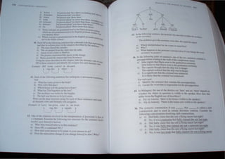 ·
I)
I ...r J '1'('11 rn~lI 'rLlll(her. (Co" dud1ng )')U)
~l1d I "f'l n mal .~ l'U (h~' any rx.e'
I)
~rd {'''I'"l" rn.a1 ·lho_...e th.r'et.""
III)
nl
" ..
mUlU.
I..., p..."f"llft r1ur.ll ·u... (more than th..ree. includ
r'l 1'<''''''' plurJI 'u, (more th"" three, "xclu ',ng Y""r
2nJ 1'<'"'''' plural ')ou (more lh"" three)' (liogy""
3rd 1'<'",," plur.1l ·th"m (more than three)'
"~ ..."'l. n '.."rh .lft" gramma(i(,lzed in the Fijian pronoun _,
 h.'h .. ~hl( !!"r~lmmJti.·JleJ in the English pronoun 'SY'S(~rn~ern
lll; lJ "nUh (hem" Ca,a
I)  hkh ""II" 'pI I' gramm,ludzed in the Engli 'h pronoun
11( ill Uk' FijiJn'~ 'Ien.-,' Y tern but
10. E ,h :1' in th' 1"11,',, Ill': ",men.::." h;l5 J themJtic role that rep
p..trt thaI it> ~f '~nr 1'1.1): In the ,iIU;)lion des.::ribed b) the senl:~,:nls Ih"
3 Th' nun ch.h,'il Ihe Intruder. '
t» TIl<: 'alJumped from the .:hair omo !he table,
,.) -:m'n WR'IC a !ellerlo :[.uil'J1,
d) TIl<: pn'lII.cr "m"named the gues!> in the lounge.
d Hellr: IX ,I:-J the lIIanu..,cripl from [meme:s,
l',tIIg 11,' t"mb J",,,ril><!d ,in this,ch"plc!r. Iarel ~he themalk cole of
P III the" men"", and Idenu/) the as '.goer lor each thematic ro~
e,
E., " t'. Bill 'R'le a flL>l'd in liz,. par. "
Lag,~ <IU
[1. 81'b ,'I the I"n,)IIlg ,e",en-e, has undergone a moemenl Iran fClrtn:!
u~ .
) ltat h;b Lan: giwn 10 the bride'?
" n..) ill Chn, Ij, ,
Which h:>ll, '  ill the group lea' e from?
d  31 ha; Hm forg ,nen on the bu.>?
e The 'I ce  " Ilfen b~ the burglar,
t The
h '",1 '0 .. hu: to :'(' bride
...~g, th> • <l!oal>
-L-:
nreox')
rei t lOooran
if au -h~", hi
'5.I:M"""'11
UtE "NI'y ,
01
"'I"
S "1
~
1
Inll VP

/
P,l
P, V NP • 'P
~ brother
 6 ~
Jack s gave himself a haircul
13. In the folo"ing senrence. the pronoun ~he C"oIn re~'
or the secretary. cr to ttther 'he ur(h'~CI
The architect gave the secretary a ri<oe •f.· h
a ~r, e typed the rtpon,
u) 'hich imerpretation for "he comes 0 mmd f" t~
b) Why?
c) What happens to the pronoun's inrerpretatio 'f
secrerary tojaniro,~ n I you change the '"ord
In the following pairs of semences. one of the (w
presuppo irion relating to,the truth of the comple;:~= COI:lIalm a
a) John regrets that ~1ana wem to the graduation cer
John belie,ves that ~1aria ....em to the graduation C:;::;"
b) The capllll1l thought that the hip "as in danl!er, .
The captain realized that the ship .... as in danger,
c) It is significant that the criminal was sentenced.
1 is likely that the criminal was sentenced.
For each pair:
i) Identify the sentence that contains !hi:; presuppo-,iuon.
ii) Locate the word that is respolbible for the presuppo;.ition.
15. In ;"lalagas~. the use of the deicti cry 'here' and ary 'here'depend
whether the obj<!Ct ill question is ~. i' 1e to be speaker. H 00es
differ from the Englhh be of herel;here"
a) E~ nyrranoQY, 'Herellllibouse(, -letoilie peuer:
b) A~ nyrranon~, 'Therei hi boose tlOl·..isibletoUll:: peaker:
16. rioo II "as that
u-.ed in eru:in di!...'"OIlI"-e
3
B.
B,
B
 