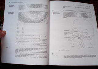24 (()NTf MPOR ~R~ IINGUIS TIe s
Tht' acoustic
difference
Syllabic and
non-syllabic
Glides
. 'Ilt!renct! 10 articulation. consonants and vowc l~ di
A, a re,uh (If Ihl: d, Vowel.... are more sonorous than con.l)onanL. and frer in
the w") the) ",und, d r and longer lasting, (You can observe this .'0 "0
perceIve them a' lou end vowel sounds in your pronunciation of Wo ~f You
compare (he c:on...onanr a rU. Itke
pel and "'It/.)
of vowels aJlows them to form the basis of sYllabI
TIl ••reater ,nnonty k f" es A
C e r d phonetically as a pea' 0 sononty surrounded b .
,yllanl. can be ~e rnSeonorous segments have a richer Sound Lhan non_y Ie,s
rous ,cpmcnIS. d h ' sono
sono e Ie the words (/ an go cac COlltalO onc sYllabi -
's ) For cxamp , , c. Ih
rou, (Jne, , . 'yllables, and the word lelepholle three syllabi . e
d !rlllglllllil IWO S ' fl" Cs, In
wor. e s lIables in these words, we are In e ect eOUnllng the vOWeb
counting Ih Y 'd t I'orm Ihe nucleus of a syllable, In section 5 71
't V'I'I' A
I is thus "" 0 " I be
vowe ' , types ofconsonanLs can form syllaolc nuclei as weli It '
shown that certam '. . , ' IS a
, h' rc 10 Lhmk of vowels and consonanL' not Simply as type
ood Idea, t erelO , , , ' S of
g. ' . bUI 'IS element.> that mayor may not be .sYlla.blc, In I) the I
'n't' I
artJculauon~. , . . . . 1 la
.'ound~ of Ihe words In Ihe left column are all consonants, those On the right
are all vowels,
I)
lake ~b()'c
far! ~I
[eel ~I
jump jl
illink ygly
!Jell open
Table 2.2 .'ums up lhe differences between the two classes presented so far,
Table 2.2 The maj"r Jifcrenccs between consonant' and vowels
~"'t'l (and OIlier nHublc elfm"II/I) COl/5(1nallls (/Iflll·wl/ahit' elemelllS)
--------------------~--
are produced "uh rel,""rly little are produced with it narrow or
ob,trucllon In Ihe "1<.-.IIr""t complete dnsure 10 Ihe voc," IraCI
art' more SOIlOroU"i • arc less snnor()u"i
A type of soulld lhal,hows propertIes 1)1' hoth COnSOI1Hl1ls ~nu vowels Is l'alled
a glide GlIde, lIlay hl' thought of as rapidly arl1C'IIJUletl VOWl'iI, Thl 1 lite
auditllr) tnlptl'"ioll Ihey proUUll:, Gliucs arc pmcJuecd wilh 01" anlell ial/oll
IIkt' thaI "I a "owd, However, Ihey move qUickly 10 anOlhu ,trllllllati'lI1, "
dlllhe 1I1111JI glIdes 1Il"'IlI 11',"
h"'l Ihllll·It Ihe) Ifl' IJw~l·h~r In unJeltl.lilon, gild 's 1'.1111'/11 III 111111111111
~ WIISIIII;II1i, 1111 c~all1l'lc. IIdes C;1Il IlC~cr lorm Ihe lIuclllJ 11/.1 1I,Ink
IlIle 'IIucs hllw 1'11I1't'rtll' 01 hlllh ('IIIL")II.tIll ,lilt! I}wds. Ih le'IIll
4
CONSONANT
ARTICULATION
Airfl.ow is modified in the oral cavity b th - - - __ _
,. . Y e placement f th
posltlomng or the lips. These modifications 0, e l(m%Uc anu h_
f ' I' Th . OCcur at spec fi 1 .."
o arucu allon. e major places of articulal'lon d : I Ie p a.&..:c. ()£ .l(I'nlS
I, ed' ,~ ' . use In '~'ech '
out 10 In UllS section. Figure 2.4 provides 'ds" 1"'- pnld,uc.;lon are
' . amI aglttal sect'
View, of the vocal tract on which each 1 f . ,on. or tUlawa)'
indicated, pace 0 anlculatlun h",. hoen
AJveopalatal / ; 
~a~al cavity
Alveolar ridge: (f'.." Palate. P7alLalS
alveolars ~ ~ I
Teeth: dentals /. ~ I /
~
/-'Bod I fVelum: ,elm
Lip : labial ~-;. -Back t- t;, ula: uUlar;
Tip ( Root ~PhaI)n'" phaI)ngeal
BI3.d~/ ,~
GIIltl, gk,nal 
TrJchea -----':,--'"
h.:urt' 2.4 TI",  -,lItrdCt.
4,1
TIll' I(lnglll' Th pnmary lfti.:ulaung rgaD l th lOngue. hich t  I) 'Ie 1 can be
rill l'd, 1(, "mi, thru t Ii rward or drawn b.l k d even r ned b c fhe Ide
of th tongul' an I [) • rat r 10 ered
 