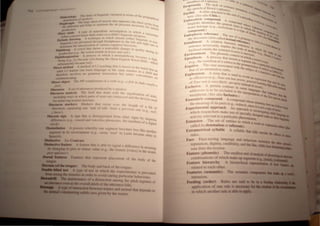 , '<'1If ,) 'r rill' knglh of . If
I.tli..· (1'1.>111 a - • II of
I'r,' lOll.' one (e.g.. Irell,
fealurc Ihal j, ,Ihl hI Iglldl. dlllcrCllcl' 111 llll'anin ,
.11111111"'acs plus or minu ,alul' (e.g. Ihl' fluilire 1 oicelill Ihl' l>rd~
hOdy of Ihe
• ,.•• 1l.'tl1hc r l" or a ~pcdc~. .......-- In II
" '1
'1 1 • 1''111
'pros.,,,)  " al"", nt ~~n " ~r"~Q
J)Y~I • 'I)CCc1 0 1 Broca's aph'I'I <Ice 111111'1' '1Itt"
Ilt.: . • . " C!,  hln .
.lIi<' "chtle a"achcu tIl II ',1,.,,,,
gIl,' .," (S,'" ,,/.w> ' 1tic.) Ie cn" III" " " " " ' . ,
It , . ~.'I!' 
, ,"cl'"l.-ie compound, "II "It,..
I' ,,( .• ' 1
- c(1111Pl'l I ~ I.
' 1'nulish) luCll1I les the gene,· I 111,," .&., '.~
• ,I chss II,~ r ''''tr..
onl helongs (c.g" k"'I/t'c/1'1I11 ' III li0 .• '~hl"'I" _
 d ) , IS a Iy '1 Ih~ I '''''''''-
,,"I"P"U," . , I'c 11 "I'll "'<allill
l
"'~
, d"plwrlC rl'lerence The Us' r 1111. IS.. &, <l ~ ~
I~" . ( 1 II .I: II a p Q '0 b ,
tlK dSC{)lIr"~ ,t so ca cd textu I rOIlO1 I . ..~
""'"
A I · 1 l'~re..., lrel' ~
1':"tIlilnl'''~ " '"re :Ill()~ h~twcen sen;~n~~. 0'11) a""ul
· 'nll'I":l Ilcu:ss.lnly Implies tl ' CIICcs In" ~ ...
SC '1 h . 11: lruth 'I' V,hlc• ..
I ,,,I)(/I/(Ient<tl s t ~ s~nlcncl! , ". ~'anolh' 1 Ihe 'ft.
' • <,,(1111.11' ;, . 0, te. "111 f
r tVil'l)lUllent The phOnl!lic conlCl( .' "la""leel) .•.. ShQ"". Q ~
•: Ipellthesis A
. process thai insen; till lihich a"~und .. 'I
11 - . • f. . a Scg'l)e ' l'ICcU
( •." .. Ihe l1el tllm 0 a schwa in l ' nl Inlo a . 1.
" <: 'f l " ' " 11: pronun ,.." llartlcUI
'atlve 1t: C,lt: assOCiated with I qUIIQn If at tn~~
I'X~tll'll of a n intransitive verh) t lc SUhjcct O" 'I
l
lralh~... lIS__;:""IIl
, . . . ansltj -""":t).
<
' uphemism - term thai is Used 10 ". Ve v~ ~
,,, . . ., " a)ld an -.
'IS 01 fens" t: (t: .g .. lour SOli Itas leI' eXpression ••
•. . , . ere. Re/l II ulat ilia
llf }il/l/' .1'(1" /.1 I't"")' FIIICk; Pt'r.lpir, instead era fllll1inR diffic ~ be __
"'xdusivc A person Contra. t 111 'om' I. of sWear), lllliel~
r" . he C angua
..ldn' SSl' l' IS to excluded In th,' t"1l1 ges that inn.......
• u _ erprclut . ~.___ _
1110111hc111l', (Sct' also Inclm.he) Ion ollhe fint _
Exoccntric compound .
 comPOunt.! wh ' . . ~-..
,. . I' . osc meantn .1-.
thc llll'.U1l1lg 0 It. part. (e.g.. rt'dllt'ck sinc " &"'Jt:lIlIIltfN,•. to.....
I h . cttsnotahn... ' - _
E~perimcnta approac An approach 10 inves' . 'JI"'~~
which lescarchen. mak' u e ofpe 'ialh d . l1gal1ng tbiId ......1~.1
I . eSlgtled Iaska10oIW..
aClint;. re c ant to a pant~ular phenomenon. _
Extension The. ~ of enllttc 10 which a WOld Of
call1'J '(>; denotahon I r referents . ""11""'_
Extrumetrical s~ Habl ~ liable thai. falls <MIIsidt die
ruk~ .
Fact' Fa,-·. ~ 11". I 1_ la;,. d behaviour lIIIINaiIa
r 'put,lti,)1 , k!l1Il.. ' 'dlblht., and the like, wille.....
i,)m.l, "th  'I
Ft'lltnn: ~pholt'tk)
"I)lIlbm,ltll 11 l I  hI 'h m
FUltun.' hit'rnn.'h~ hi
1 'til' I '.1 'h ,(her.
•'e tun.',
 