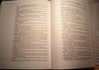 "Irl" &y.... C.l 1... fit ...
'nl (h.lt dvt.·~ not pt.·rmit cxtfm:tion of a compone
Island  1.:t.)lI~Utu.~ hr:.l'l.' lillo' D,I1'e ami Pam). n1 Part
l'" C' I CllllrJ.O.IIt; r "I Jhlec( map [0 represent bOllndarie b
c:.~ .9.' LIut.' Jr..l n lHl ~ • S Ctwe
e
lSOft'os' . n
JI.llc....·ts .. h' ( IS nol known (0 be related to any oth .
. I ml!uagL r .1 . Cr hVin
,,,.,I..,t' '. B'. <l"C Kutcn,,')' . g
lancua!!~ (t:'.,g:.. .), L' ll''''U'laCS vhose words tYPically consist of
• I uug-es d e 4:: ) (M only 0
',olatinll "~ll. ", c'lilcd analylic languages e.g., andann). ne
tn(lrphctn< (al. 'culiar to some field (also called oee •
"""oulal) p" Upatiolla)
JaJ'jlon
socioleell. . As 'mptotn of severe cases of Wernicke's aphasia in .
JaJ'jlonaphas'" ..,> Pry few real words of the language. wh'ch
" 'h conlalnS ,e Ch' h
thc 'p"Cc . word for the mese c aracters used t
Kanji The Japanese 0 Write
Japanese. J ' ese syllabary that is used in conjunction With h'
K takana The ap.lO . ,ragana
aand kanji (0 ~Tile Japanese.
K See RadIcal. . d '
e,- I ~ alUre that charactenzes soun s articulated With
Labial A pace e one Or
both lips. d' ade with closure or near closure of the lips (e
Labials Soun, m .g., the
. "a1 sounds ofeall, !zan and !flail). .
IflIt] 1 Sounds involving the lower hp and upper teeth (e g h
Labiodenta s . ) . " t e
. "a1 nds ofj;reedom and )!./Iltage .
~h rou ' h ' d
. I' Sounds made with t e tongue raIse near the velum and th
LablOve ars
d
d t the same time (e.g., the initial sound of wOllnd) e
lips wun e a ' . . I d . h th bl d - .
. al A laminal sound ISartlClI ate WIt e a e of the tongue.
Lanlln h' Th I th·· th . '1 .
b'oprogram hypot eSls e lypO eSls at Slml anties am
Langus,ge e'nect linguistic universals both in terms of first langu
ong
creo es r ' d . age
. 't'on and with respect to processes an structures which are innat
acqulS] I ' . e.
La age Contact A source oflanguage chang.e that IOvolves the speakers f
ngu . 'hh k f 0
one language frequently interactlOg Wit t e s~c.a 'ers 0 another language.
Laryngeal features Features that represent. vOlcmg states.
Laryngeal node The node ?f the feature hIerarchy from which branch out
the features that capture vOlcmg states.
Larynx The boxlike structure located in the throat thro~gh which air passes
during speech production, commonly known as the vOlcebox.
Lateral A manner feature that characterizes all and only varieties of I.
Lateral fissure The tissure that separates the temporal lobe from the frontal
ud parietal lobes.
LIIRnIlricative A lateral sound made with a nalTOW enough closure to be
dauified as a fricative.
1.£ .......".. The unilateral control of cognitive functions by either the
Cll'dIe riJllt side of the brain (c.g., languagc is latcrali/cd to the left
I,.......re in most people).
SouDda made with the sides of the tonguc lowcrcd (c,g., varieties
Buglish morphemes of classical origin thc majority of
~hich are from Lalin
IndIrectly through F . Maoy  c
. L' rench uch • )
Irom attn. IIr '''nte 1lI"'Ilht ".
Lax vowel A vOwel th . "lher ~"IlI. Ita~t
. I t' I I at"nt d llIan,.. h...
tn re a lve y css vo' I a e"'-lt' ."" I,. ~ ~
ca Ira "a I ~·l"".-
bur). Ct consln' . Pae<~ --.. ~
- • Cl(>n ( "'"01, f
Learrung strategies Th e·g..th•• lhe ~>n
uage input and develo e. Way, in whi ~'>".I ...~"'-_
Left-headed unboundnPdlflngul~tic k.no eh langua. '~'IlI1lItir~
h d' I ~ OOt Wltd·e I..",. --
ea IS ocated OVer th I An Unbo ge. -'><1' """'.
Length The aUditory e eftntOSt SYllabi Unded llIe" ,....... l.-
I h propeny e(e ".tal f ~
sca e t at ranges from h of a So .g., pr(,,,,· '"Itin
Lesion Severe damag s on to long. und that ena~leI. ~ a.e
Lexical ambiguity T~ to the brain. e~ u, 10 P~ .
form has two or mOre e result of hO
nt0Ph
It <lit ,
Lexical category ThemeanIngS, either r ~ny Or PolYe
adjective (A), and pre Word·level sYnta:tatedor nOl. Illy inlhat, ......
. diff' POSI1on (1') Ie Cate . -......
LeXical USlon Lin ' . ' gone~ nOll
d gUISltc ch n( ')
wor s and then gradual ange that first . . ,~tI! (I
language. Y spreads thr manlfe,>!, itscl
Lexical gaps Gaps in th I . oUgh the V"",I.. f Ot '-'
. e eXlcon h -""'IIiary 0(
or contact WIth another c i t at resuit fr ~
Lexicalization The proc U ture. om technol~ .
a language (e.g.. the co~~!~h~~e~y concepts are enc . ~
by the word roil). molton' and 'manner~lbe""GI
LeXIcon A speaker's mental d' . ~-....
h t · lCltonary h' ' -
t e syn acuc properties m' ,W Ich contains'
language's words. ,eanlng, and phonolOgiCal lIIfOlllllliaa..
Light syllable A svllable wh rh ~
. ose yme c .
one mora and i said to be light (S onlatns alIloe....
Lingua franca A third lan"uag~ ilifftalso Syllablt-....
diff I e ~ a IS usedwhen
erent anguages come into contac ~_Sl(",_
each other' language. t and are not fully -_1111
Linguistic competence peakers' ab'itv
1· , d I 'J to IIldIt:e
un mute number of utterance. including - • •
Linguistic typology An approach to Ian::-1•.1Il
language' accordmg to ilieir tructuIal C11111C1....,..fIii
genetic relationship .
Linguistic uniwrsals Structural clw4'
language, of the world.
Linguistic The di ciplinelllallllll.......
Lobes ub~tructure' of tile caeIIIl
dlstlllet re. pon ibilities(e.g........
Logographic writiD&
mnrpheme or even emiae
l.ongitudioalllssure .,......
the back and sep.....
 