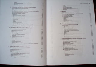 5
S,II/n'r'
R('(t"lllNOI./f d I '"dllll:
{!lIf'It,,,,","
I'honolo1:Y; tIlt' tllnC'linll .lI1d p.ltterning of Sounds
Ik. II I t pc 'U"'~ 1 Ms.., NlI, '" ""," rl ft,; " '",,!lL
I St'gll1(.'nh in .'oulr,I'1
1 Ph"m'II,',III, ,',>IIdll;,'n,'" "III,lllon: I'huncl11e~ and allophone,
J "hon,'II" ,lIld I'hom'I1II"".III,"'r;l'ltnn
., ,h,,,' Ih"l'!llll,'nr: '} 1I'lhk'
:; I'"atlll"
Ii Ikril ~tion, 'Ind rllk onknng
7 R"pll"l'nlalion, (ad, illll','d)
H .'itll'" Jnd lIlL'lri.', (ad,an,','d)
...'l1l11l11illg "I'
~' ·1 '(/');
..~tJUIl'(',,·
R,'('cl/III1/"II"c'" readillg
AI'I" 'II'" I: /lull.' .ti,,· ."'{I·;ng 1'11I>IIolog.l' I'mh/t'lIIs
(JII' .1/;011.1
Morphology; the analysis of word structure
lI 11,., n (,J,: 11 NI1 IPI ' I~ III l,U 'MtN
W(lld, and word ,lnl,'lure
2 nl'rnaliot)
J C'ompoundllll:!
., Olher Iypc, or  onl 1<11'111<10011
:; Inlk,'''on
() Funhcr C<ll11plc, or infllX'lllll1
SlllI/lIIlIIg III'
,VOlt '.
,(lIlll't'.1
R"C'tlllllllt'nd,'d reading
,11'1'flldil: HoI' /0 idclllil.i' 11101/,11"111"1 illlll!(<llIIiliar langllll/wl
(Ju,'.II/OII.1
Synta~; the analysis of sentence structure
1111.1, 1 )'1 ,~AIl'
('all'goril's and structure
1 ('olllplcllll'1ll option,
J rrallslpllllalions
4 l III' 'T'al gl,IIlllllar ;IIlU par:lllll'lri<: l'anallOIl
S ~'lllll' ell'IIIOlh (adl allt'l',l)
(I I JIlin 1 pt" ,,1 Sl IIt,let;" ,lIlail si,
SII1I1I1/I1/ • "11' •
bll
7()
72
M2
R.l
95
1()2
109
113
121
122
,,~
123
123
125
132
132
I.,.,
151
156
160
164
170
171
171
In
172
I7J
IIl I
1M2
IlJh
10J
214
222
22'1
2J-I
G
7
8
l ... Rl £ Of C"NllNl~ ix
Notes
S()un~e,..
R eCOIt1l11f!1Ul ed rt'lulillg
Appenlli.'('" H ow In b14UtI t'ee .'ilrll('Wrt's
Q lIesliOlI,
Interfaces
MK,J IAEt. O<>BRc 1vtX.SIo...Y, WIl liAM ()'(,Io(AI1Y AI'II) f-RANl..1S KATAMBA
1 Morphology and phonulogy
2 Phonology and sYlllax
3 Morphology and syntax
SlIlIImillg "I)
No/e.1
Source"
Rec()/Ill1lelltletl reading
Que.1liollS
Semantics: the analysis of meaning
WUIAM O'CRAUV
1 The nature of meaning
2 The conceptual system
3 Syntax and sentence interpretation
4 Other factor. in sentence interpretation
Sllmmillg lip
NOles
SOl/rces
Recommellded readillg
Qf/eMiollS
Historical linguistics: the study of language change
ROBERT . "'l~~'
The nature of language change
2 ound change
.' Morphological l'hange
4 Intactic change
5 L~.ical and ....em~llli~ ~hange
6 The ,prcaJ of change.
7 Languag.e rc,'onstructlon
8 Languag.e change and naturalness
'11I11I11i,,~ tI!'
'('tt''
'i,lj/I'ct'.
R"CC"/1I11I'lld, d r"Utllll~
Q",>.,cl(lns
234
:ns
23(,
B('
2.lc)
245
2-15
254
260
264
264
265
265
265
26B
268
l 76
l8-1
295
305
305
306
307
307
313
313
318
33~
337
3-10
346
349
3b~
363
364
364
365
.,66
 