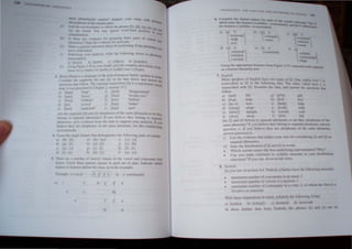 1
l -~STlC:
Ii)
II )
1)
H)
I I) ,umlor" -upport ~ our daim '" lib
de =pt1 , of!he i (nJ.M pail'- Pboo.t;.,
;' t!he conronment., In whi~h!he phone:> [~J. [Ill. [dl. [()). [.
I fouod. '100 rna) Ignore wonl-lmal po Ilion ;;1.
COIl,idennoo.
f there an) e,;de1l..-e for grouping these pail'- of '0UQd
phoneme.' lale!he e,idence for each p.11r.
• I . e" ,;eneral ;13lemenl arout th" p3n~ng of the phoneme-
h:n e e-t3bh. hal. . on
FolIO1ng ) our :mal~ ;is. write the following forms in phone .
rr:llbCTIplion. tnI.:
al [puy01 b) [de(lall c) [fiJ3aw] d I [kriimbo)
L ,ing Figure 3.19.IS )oor model. pro"ide compleledematlon, of
;orm, for J) [dudzeJ m) [puOeI p) [salijloJ and ,) [bl;u-I. IJl.:,
3. Hindi I Hindi i. a language of the Indo-European famil) 'polien in India
Coruider the segments (bl and [1) m ~e data belo and an. "or IJl.:,
que>lloll> that follow. The segme~1 tran.",,-nbed,f!?] " a murmured 'Olced
SlOp: It was presented mChapler _. secuon 10._.
al [barn] 'Iarge' f) f!?cdJ 'disagreement'
b) [bariJ 'hea,)' gl [bais] 'lent~-[o'
c) [bina) 'without' h) f!?as] 'buffalo'
d) [birJ 'crowd' I) [bap] .father'
e) [bori] .sackcloth· j) [!?ag] 'pan
Are the segments [b] and [IJJallophones ofthe same phoneme or do the,
belong to separate phoneme,' If you belle,e the) belong [0 separ;ll~
phonemes. g[,'e endence from the data 10 suppon your anal)'is, It You
believe they are allophone, of the same phoneme. Ii. [ the condlli(l~in.
en,ironment. , <
-'. :ame the ,ingle fealUre that distingui..hes the follo ing pair. of ound>.
a) [9]: [iI] e) IbJ ' [mJ i) [,,]: la]
b) [pJ: If] f) [.]: UI j) [s]: [Il]
cl [u] lu] g) [IJ: [il k) [I]: [r]
d) [iJ. le] h) [1.:1: [xJ I) [uJ: [oj
5. There are a number of natural cla.. es in the vowel and consonant data
below. Circle three natural classe, in each set of data. Indicate which
feature or features define the class. as in the example.
Example: [+voice} b d tS I.: h {-continuant]
a) u b) P tf
e o
a f f
m lJ
Of 0,,- D
d) [Sll-Sl~oran1
+stndent
+corona
7. Ellglish
Ian) speakers of EnglIsh haw ~wo t)~, of til. One. c lied d ..ar I. I'
transc~bed a..s [I) 10 the tolO 109 data. The other. called dark I. I
rranscnbed WIth [11· E amme the data.. and 3OSer the ,uc,ti,>n' that
1'010 .
a) ll:lltl life g) [phtl] ptll
b) [Ii:p] eap h) [ii:l] feel
c) [Iu: z] lose i) [help] help
d) [I1aup] elope Jl [b.lk] bulk
e) [dllan} delight k) [s<>old} sold
n [sli:p] leep ) [ful} ful
Do [I] and [I} belong to separate phonemes or are they allophones of the
same phoneme'~ If you belieye they belong to separate phonemes. JJSer
question il. If you believe they are allophone_ of the 'JJue phoneme.
an wer question ii).
i) List the e,idence that make' your C31'e for considering [Il and [II"
_eparate phonemes.
iil State the distribution of [11 and [tl in oros.
• llich  ari:mt makes the best underlying repre>entation"  hy'~
• Can you make reference to SYllable structure 10 your distribuuon
stat<~~lent'~ If) OU can. do sO in ~le foml. .
8. TlIrkish
As you saw in section ,t4. Turki..h syllables have the f"lo 109 structure'
•
•
•
ma...imum number of consonant,; in an onset: I
ma..imum number ~)fowes in a nudeu,. I
ma.imulll number of l'onsonants in a coda: ~. of  hll'h the fiN i, a
meati e or sc)nor.m!.
With these stipUlations in mind. S) Habif) the iollLm ing h mb:
.1) l.:ul1u:n b) keh:ptJr c), emenJ d) kenu:nJr
In the,... funher data fmm Tur i,h. the phl)ne i) an {t' 'U
 